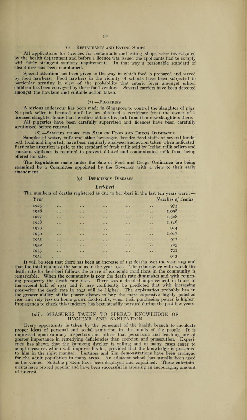 (6).—Restaurants and Eating Shops All applications for licences for restaurants and eating shops were investigated by the health department and before a licence was issued the applicants had to comply with fairly stringent sanitary requirements. In that way a reasonable standard of cleanliness has been maintained. Special attention has been given to the way in which food is prepared and served by food hawkers. Food hawkers in the vicinity of schools have been subjected to particular scrutiny in view of the probability that enteric fever amongst school children has been conveyed by these food vendors. Several carriers have been detected amongst the hawkers and suitable action taken. (7).—Piggeries A serious endeavour has been made in Singapore to control the slaughter of pigs. No pork seller is licensed until he has obtained a certificate from the owner of a licensed slaughter house that he either obtains his pork from it or else slaughters there. All piggeries have been carefully supervised and licences have been carefully scrutinised before renewal. (8).—Samples under the Sale of Food and Drugs Ordinance Samples of water, milk and other beverages, besides food-stuffs of several kinds, both local and imported, have been regularly analysed and action taken when indicated. Particular attention is paid to the standard of fresh milk sold by Indian milk sellers and constant vigilance is required to prevent diluted and contaminated milk from being offered for sale. The Regulations made under the Sale of Food and Drugs Ordinance are being examined by a Committee appointed by the Governor with a view to their early amendment. (9).—Deficiency Diseases Beri-Beri The numbers of deaths registered as due to beri-beri in the last ten years were : — Year Number of deaths 1925 1926 1927 1928 1929 1930 1931 1932 1933 1934 973 1,098 1,528 1,146 944 1,047 911 725 721 913 It will be seen that there has been an increase of 192 deaths over the year 1933 and that the total is almost the same as in the year 1931. The consistence with which the death rate for beri-beri follows the curve of economic conditions in the community is remarkable. When the community is poor the death rate diminishes and with return¬ ing prosperity the death rate rises. There was a decided improvement in trade in the second half of 1934 and it may confidently be predicted that with increasing prosperity the death rate in 1935 will be higher. The explanation probably lies in the greater ability of the poorer classes to buy the more expensive highly polished rice, and rely less on home grown food-stuffs, when their purchasing power is higher. Propaganda to check this tendency has been steadily pursued during the past few years. (xii).—MEASURES TAKEN TO SPREAD KNOWLEDGE OF HYGIENE AND SANITATION Every opportunity is taken by the personnel of the health branch to inculcate proper ideas of personal and social sanitation in the minds of the people. It is impressed upon sanitary inspectors and others that persuasion and teaching are of greater importance in remedying deficiencies than coercion and prosecution. Experi¬ ence has shewn that the kampong dweller is willing and in many cases eager to adopt measures which will improve his lot, provided that the knowledge is presented to him in the right manner. Lectures and film demonstrations have been arranged for the adult population in many areas. An adjacent school has usually been used as the venue. Suitable posters have been displayed and explained. These entertain¬ ments have proved popular and have been successful in arousing an encouraging amount of interest.