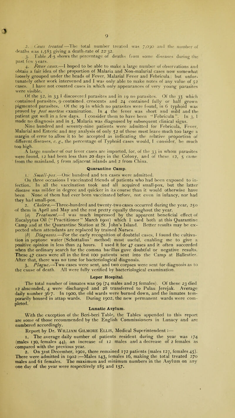 2. Cases treated —The total number treated was 7,090 and the number of deaths was 1,583 giving a death-rate of 22 32. 3. Table A-5 shows the percentage of deaths from some diseases during the past few years. 4. Fever cases.—I hoped to be able to make a large number of observations and obtain a fair idea of the proportion of Malaria and Non-malarial cases now somewhat loosely grouped under the heads of Fever, Malarial Fever and Febricula; but unfor¬ tunately other work intervened and I was only able to make notes of any value of 52 cases. I have not counted cases in which only appearances of very young parasites were visible. Of the 52, in 33 I discovered parasites and in ig no parasites. Of the 33 which contained parasites, 9 contained crescents and 24 contained fully or half grown pigmented parasites. Of the 19 in which no parasites were found, in 6 typhoid was proved by post mortem examination. In 4 the fever was short and mild and the patient got well in a few days. 1 consider them to have been “Febricula”. In 3, I inade no diagnosis and in 5, Malaria was diagnosed by subsequent clinical signs. Nine hundred and seventy-nine patients were admitted for Febricula, Fever, Malarial and Enteric and any analysis of only 52 of these must leave much too large a margin of error to allow it to be accepted as indicating the relative proportion of different diseases, e. g., the percentage of Typhoid cases would, I consider, be much too high. A large number of our fever cases are imported, for, of the 33 in whom parasites were found, 12 had been less than 20 days in the Colony, and of these 12, 5 came from the mainland, 5 from adjacent islands and 2 from China. Quarantine Camp. 1. ' Small-pox.—One hundred and ten cases were admitted. On three occasions I vaccinated friends of patients who had been exposed to in¬ fection. In all the vaccination took and all acquired small-pox, but the latter disease was milder in degree and quicker in its course than it would otherwise have been None of them had ever been vaccinated before, not even in infancy, nor had they had small-pox. 2. Cholera.—Three-hundred and twenty-two cases occurred during the year, 250 of them in April and May and the rest pretty equally throughout the year. (a) Treatment.—I was much impressed by the apparent beneficial effect of Eucalyptus Oil (“Practitioner” March 1901) which I used both at this Quarantine Camp and at the Quarantine Station at St. John’s Island. Better results may be ex¬ pected when attendants are replaced by trained Nurses. (b) Diagnosis.—For the early recognition of doubtful cases, I found the cultiva¬ tion in peptone water (Schottalius ’ method) most useful, enabling me to give a positive opinion in less than 24 hours. I used it for 47 cases and it often succeeded when the ordinary search for the comma bacillus gave doubtful or negative results. These 47 cases were all in the first 100 patients sent into the Camp at Ballestier. After that, there was no time for bacteriological diagnosis. 3. Plague.—-Two cases were sent, and two corpses were sent for diagnosis as to the cause of death. All were fullv verified by bacteriological examination. Leper Hospital. The total number of inmates was 99 (74 males and 25 females). Of these 23 died 12 absconded, 4 were discharged and 28 transferred to Pulau Jerejak. Average daily number 367. In 19OO, the old wards were burned down, and the inmates tem¬ porarily housed in attap wards. During 1902, the new permanent wards were com¬ pleted. Lunatic Asylum. With the exception of the Beri-beri Table, the Tables appended to this report are some of those recommended by the English Commissioners in Lunacy and are numbered accordingly. Report by Dr. William Gilmore Ellis, Medical Superintendent:— 1. The average daily number of patients resident during the year was 174 (males 130, females 44), an increase of 12 males and a decrease of 2 females as compared with the previous year. 2. On 31st December, 1901, there remained 172 patients (males 127, females 45). There were admitted in 1902:—Males 143, females 16, making the total treated 270 males and 61 females. The maximum and minimum numbers in the Asylum on any one day of the year were respectively 185 and 157.