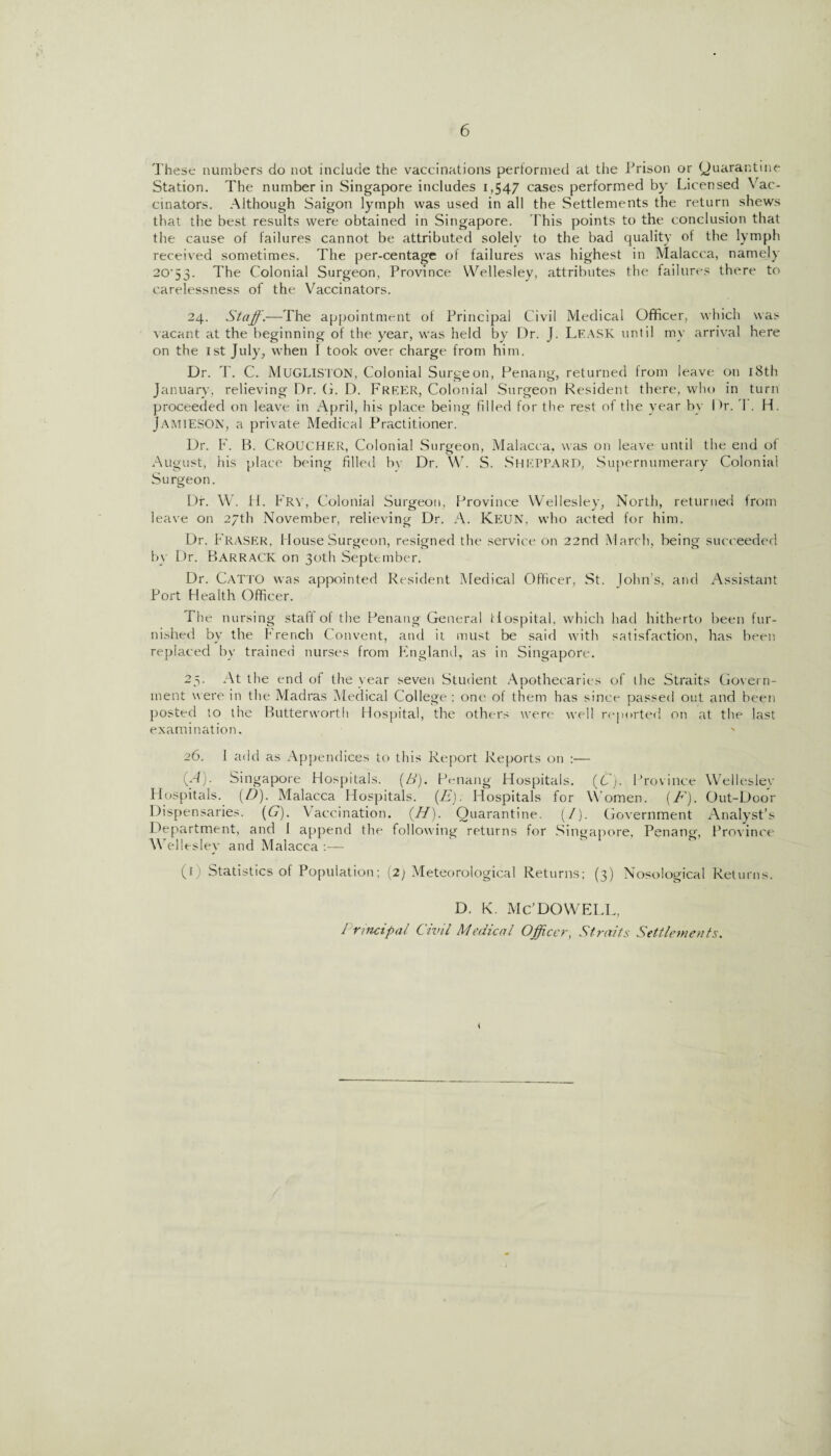 These numbers do not include the vaccinations performed at the Prison or Quarantine Station. The number in Singapore includes 1,547 cases performed by Licensed Vac¬ cinators. Although Saigon lymph was used in all the Settlements the return shews that the best results were obtained in Singapore. This points to the conclusion that the cause of failures cannot be attributed solely to the bad quality of the lymph received sometimes. The per-centage of failures was highest in Malacca, namely 20’53. The Colonial Surgeon, Province Wellesley, attributes the failures there to carelessness of the Vaccinators. 24. Staff.—The appointment of Principal Civil Medical Officer, which was vacant at the beginning of the year, was held by Dr. J. Lf.ASK until my arrival here on the 1st July, when I took over charge from him. Dr. T. C. MUGLISTON. Colonial Surgeon, Penang, returned from leave on 18th January, relieving Dr. G. D. Freer, Colonial Surgeon Resident there, who in turn proceeded on leave in April, his place being filled for the rest of the year by Dr. \ . H. Jamieson, a private Medical Practitioner. Dr. F. B. CROUCHER, Colonial Surgeon, Malacca, was on leave until the end of August, his place being filled bv Dr. W. S. Sheppard, Supernumerary Colonial Surgeon. Dr. W. H. Fry, Colonial Surgeon, Province Wellesley, North, returned from leave on 27th November, relieving Dr. A. K.EUN, who acted for him. Dr. Fraser, House Surgeon, resigned the service on 22nd March, being succeeded by Dr. Barrack on 30th September. Dr. Catto was appointed Resident Medical Officer, St. John’s, and Assistant Port Health Officer. The nursing staff of the Penang General Hospital, which had hitherto been fur¬ nished by the French Convent, and it must be said with satisfaction, has been replaced by trained nurses from England, as in Singapore. 25. At the end of the year seven Student Apothecaries of the Straits Govern¬ ment were in the Madras Medical College ; one of them has since passed out and been posted to the Butterworth Hospital, the others were well reported on at the last examination. 26. I add as Appendices to this Report Reports on :— (H) ■ Singapore Hospitals. (A). Penang Hospitals. (C). Province Wellesley Hospitals. (/)). Malacca Hospitals. (E). Hospitals for Women. (A). Out-Door Dispensaries. (C). Vaccination. (77). Quarantine. (/). Government Analyst’s Department, and 1 append the following returns for Singapore, Penang, Province W ellesley and Malacca :— (I) Statistics of Population; (2; Meteorological Returns; (3) Nosological Returns. D. K. Me’DOWELL, / rincipal Civil Medical Officer, Straits Settlements.