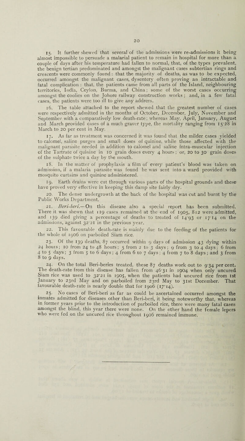 15- It further shewed that several of the admissions were re-admissions it being almost impossible to persuade a malarial patient to remain in hospital for more than a couple of days after his temperature had fallen to normal, that, of the types prevalent, the benign tertian predominated and amongst the malignant cases subtertian rings and crescents were commonly found: that the majority of deaths, as was to be expected, occurred amongst the malignant cases, dysentery often proving an intractable and fatal complication : that, the patients came from all parts of the Island, neighbouring territories, India, Ceylon, Burma, and China; some of the worst cases occurring amongst the coolies on the Johore railway construction works ; and, in a few fatal cases, the patients were too ill to give any address. 16. The table attached to the report shewed that the greatest number of cases were respectively admitted in the months of October, December, July, November and September with a comparatively low death-rate; whereas May, April, January, August and March provided cases of a much graver type, the mortality ranging from 15-28 in March to 20 per cent in May. 17. As far as treatment was concerned it was found that the milder cases yielded to calomel, saline purges and small doses of quinine, while those affected with the malignant parasite needed in addition to calomel and saline intra-muscular injection of the Tartrate of quinine in 10 grain doses every 4 hours; or, 20 to 30 grain doses of the sulphate twice a day by the mouth. 18. In the matter of prophylaxis a film of every patient’s blood was taken on admission, if a malaria parasite was found he was sent into a ward provided with mosquito curtains and quinine administered. 19. Earth drains were cut through various parts of the hospital grounds and these have proved very effective in keeping this damp site fairly dry. 20. The dense undergrowth at the back of the hospital was cut and burnt by the Public Works Department. 21. Beri-beri.— On this disease also a special report has been submitted. There it was shewn that 119 cases remained at the end of 1905, 812 were admitted, and 139 died giving a percentage of deaths to treated of 1493 or 17-14 011 the admissions, against 32-21 in the previous year. 22. This favourable death-rate is mainly due to the feeding of the patients for the whole of 1906 on parboiled Siam rice. 23. Of the 139 deaths, 87 occurred within 9 days of admission 43 dying within 24 hours; 10 from 24 to 48 hours; 5 from 2 to 3 days; 9 from 3 to 4 days; 6 from 4 to 5 days; 3 from 5 to 6 days; 4 from 6 to 7 days; 4 from 7 to 8 days; and 3 from 8 to 9 days. 24. On the total Beri-beries treated, these 87 deaths work out to 9-34 per cent. The death-rate from this disease has fallen from 46-31 in 19O4 when only uncured Siam rice was used to 32-21 in 1905, when the patients had uncured rice from 1st January to 23rd May and on parboiled from 23rd May to 31st December. That favourable death-rate is nearly double that for 1906 (17-14). 25. No cases of Beri-beri as far as could be ascertained occurred amongst the inmates admitted for diseases other than Beri-beri, it being noteworthy that, whereas in former years prior to the introduction of parboiled rice, there wrere many fatal cases amongst the blind, this year there wrere none. On the other hand the female lepers who w'ere fed on the uncured rice throughout 1906 remained immune.