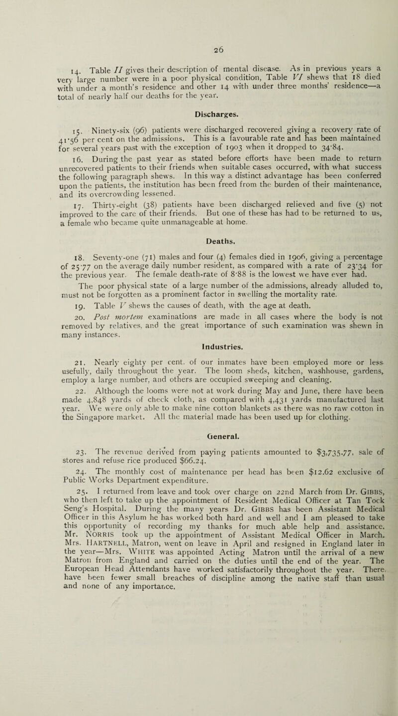 14- Table//gives their description of mental disease. As in previous years a very large number were in a poor physical condition, Table VI shews that 18 died with under a month’s residence and other 14 with under three months’ residence—a total of nearly half our deaths for the year. Discharges. 15. Ninety-six (96) patients were discharged recovered giving a recovery rate of 41*56 per cent on the admissions. This is a favourable rate and has been maintained for several years past with the exception of 1903 when it dropped to 34-84. 16. During the past year as stated before efforts have been made to return unrecovered patients to their friends when suitable cases occurred, with what success the following paragraph shews. In this way a distinct advantage has been conferred upon the patients, the institution has been freed from the burden of their maintenance, and its overcrowding lessened. 17. Thirty-eight (38) patients have been discharged relieved and five (5) not improved to the care of their friends. But one of these has had to be returned to us, a female who became quite unmanageable at home. Deaths. 18. Seventy-one (71) males and four (4) females died in 1906, giving a percentage of 2577 on the average daily number resident, as compared with a rate of 23*34 for the previous year. The female death-rate of 8*88 is the lowest we have ever had. The poor physical state of a large number of the admissions, already alluded to, must not be forgotten as a prominent factor in swelling the mortality rate. 19. Table V shews the causes of death, with the age at death. 20. Post mortem examinations are made in all cases where the body is not removed by relatives, and the great importance of such examination was shewn in many instances. Industries. 21. Nearly eighty per cent, of our inmates have been employed more or less- usefully, daily throughout the year. The loom sheds, kitchen, washhouse, gardens, employ a large number, and others are occupied sweeping and cleaning. 22. Although the looms were not at work during May and June, there have been made 4,848 yards of check cloth, as compared with 4,431 yards manufactured last year. We were only able to make nine cotton blankets as there was no raw cotton in the Singapore market. All the material made has been used up for clothing. General. 23. The revenue derived from paying patients amounted to $3,735.77, sale of stores and refuse rice produced $66.24. 24. The monthly cost of maintenance per head has been $12.62 exclusive of Public Works Department expenditure. 25. I returned from leave and took over charge on 22nd March from Dr. GlBBS, who then left to take up the appointment of Resident Medical Officer at Tan Tock Seng’s Hospital. During the many years Dr. Gibbs has been Assistant Medical Officer in this Asylum he has worked both hard and well and I am pleased to take this opportunity of recording my thanks for much able help and assistance. Mr. Norris took up the appointment of Assistant Medical Officer in March. Mrs. Hartnell, Matron, went on leave in April and resigned in England later in the year—Mrs. White was appointed Acting Matron until the arrival of a new Matron from England and carried on the duties until the end of the year. The European Head Attendants have worked satisfactorily throughout the year. There, have been fewer small breaches of discipline among the native staff than usual and none of any importance.