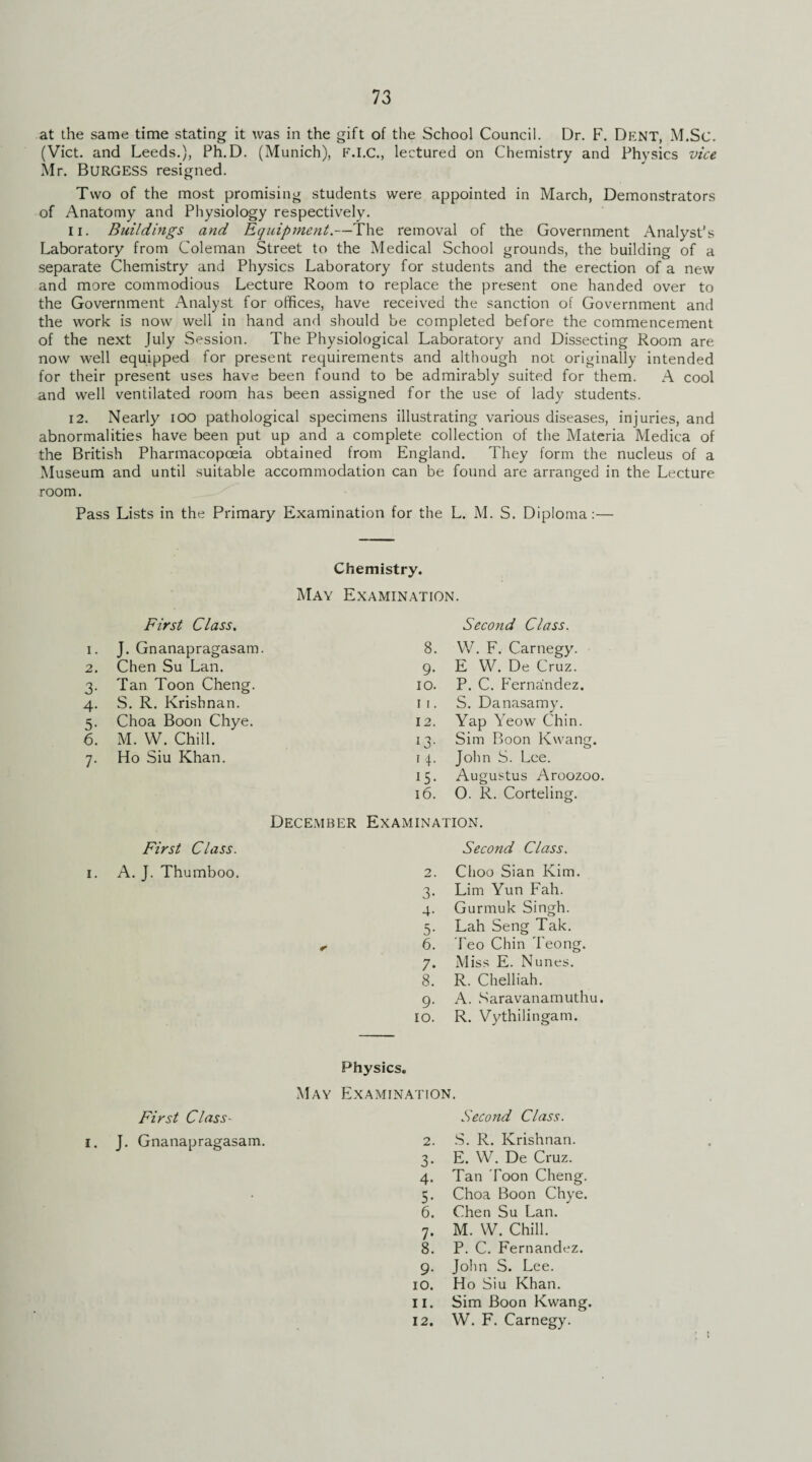 at the same time stating it was in the gift of the School Council. Dr. F. Dent, M.Sc. (Viet, and Leeds.), Ph.D. (Munich), F.I.C., lectured on Chemistry and Physics vice Mr. BURGESS resigned. Two of the most promising students were appointed in March, Demonstrators of Anatomy and Physiology respectively. n. Buildings and Equipment.—The removal of the Government Analyst’s Laboratory from Coleman Street to the Medical School grounds, the building of a separate Chemistry and Physics Laboratory for students and the erection of a new and more commodious Lecture Room to replace the present one handed over to the Government Analyst for offices, have received the sanction of Government and the work is now well in hand and should be completed before the commencement of the next July Session. The Physiological Laboratory and Dissecting Room are now well equipped for present requirements and although not originally intended for their present uses have been found to be admirably suited for them. A cool and well ventilated room has been assigned for the use of lady students. 12. Nearly 100 pathological specimens illustrating various diseases, injuries, and abnormalities have been put up and a complete collection of the Materia Medica of the British Pharmacopoeia obtained from England. They form the nucleus of a Museum and until suitable accommodation can be found are arranged in the Lecture room. Pass Lists in the Primary Examination for the L. M. S. Diploma:— Chemistry. May Examination. First Class. Second Class. I. J. Gnanapragasam. 8. W. F. Carnegy. 2. Chen Su Lan. 9- E W. De Cruz. 3- Tan Toon Cheng. 10. P. C. F'erna'ndez. 4- S. R. Krishnan. 11. S. Danasamy. 5- Choa Boon Chye. 12. Yap Yeow Chin. 6. M. W. Chill. i3- Sim Boon Kwang. 7- Ho Siu Khan. •4- John S. Lee. 15- Augustus Aroozoo. 16. 0. R. Corteling. December Examination. First Class. Second Class. i. A. J. Thumboo. 2. Choo Sian Kim. 3- Lim Yun Fah. 4- Gurmuk Singh. 5- Lah Seng Tak. < 6. Teo Chin Teong. 7* Miss E. Nunes. 8. R. Chelliah. 9- A. Saravanamuthu. IO. R. Vythilingam. Physics. May Examination. First Class- Second Class. J. Gnanapragasam. 2. S. R. Krishnan. 3- E. W. De Cruz. 4- Tan Toon Cheng. 5- Choa Boon Chye. 6. Chen Su Lan. 7* M. W. Chill. 8. P. C. Fernandez. 9- John S. Lee. IO. Ho Siu Khan. ii. Sim Boon Kwang. 12. W. F. Carnegy.