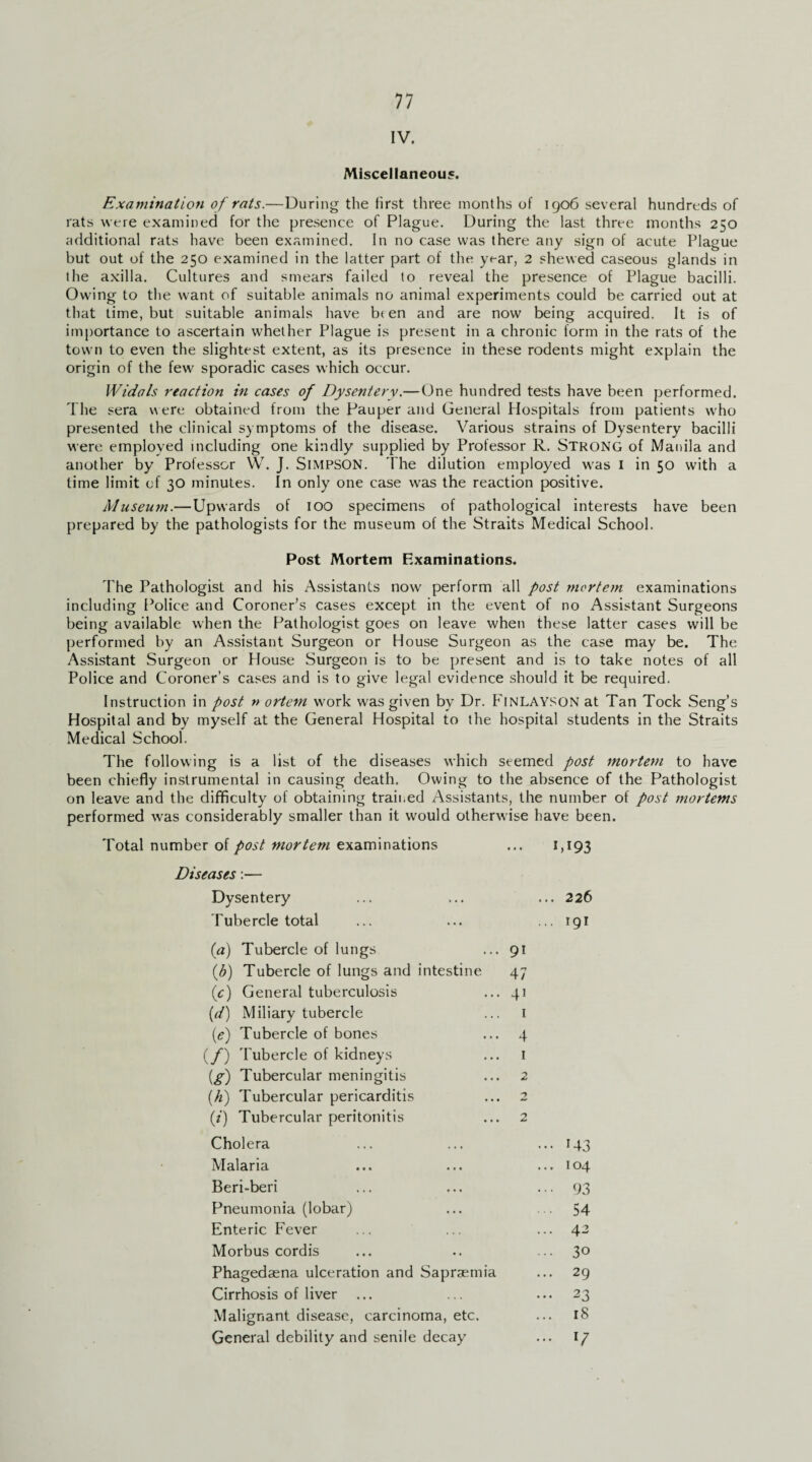 IV. Miscellaneous. Examination of rats.—During the first three months of 1906 several hundreds of rats were examined for the presence of Plague. During the last three months 250 additional rats have been examined. In no case was there any sign of acute Plague but out of the 250 examined in the latter part of the year, 2 shewed caseous glands in the axilla. Cultures and smears failed to reveal the presence of Plague bacilli. Owing to the want of suitable animals no animal experiments could be carried out at that time, but suitable animals have b( en and are now being acquired. It is of importance to ascertain whether Plague is present in a chronic form in the rats of the town to even the slightest extent, as its presence in these rodents might explain the origin of the few sporadic cases which occur. Widals reaction in cases of Dysentery.— One hundred tests have been performed. The sera were obtained from the Pauper and General Hospitals from patients who presented the clinical symptoms of the disease. Various strains of Dysentery bacilli were employed including one kindly supplied by Professor R. STRONG of Manila and another by Professor W. J. SlMPSON. The dilution employed was 1 in 50 with a time limit of 30 minutes. In only one case was the reaction positive. Museum.—Upwards of 100 specimens of pathological interests have been prepared by the pathologists for the museum of the Straits Medical School. Post Mortem Examinations. The Pathologist and his Assistants now perform all post mortem examinations including Police and Coroner’s cases except in the event of no Assistant Surgeons being available when the Pathologist goes on leave when these latter cases will be performed by an Assistant Surgeon or House Surgeon as the case may be. The Assistant Surgeon or House Surgeon is to be present and is to take notes of all Police and Coroner’s cases and is to give legal evidence should it be required. Instruction in post n ortem work was given by Dr. FlNLAYSON at Tan Tock Seng’s Hospital and by myself at the General Hospital to the hospital students in the Straits Medical School. The following is a list of the diseases which seemed post mortem to have been chiefly instrumental in causing death. Owing to the absence of the Pathologist on leave and the difficulty of obtaining trail.ed Assistants, the number of post mortems performed was considerably smaller than it would otherwise have been. Total number of post mortem examinations ... 1,193 Diseases:— Dysentery ... ... ... 226 Tubercle total ... ... ... 191 (a) Tubercle of lungs ... 91 (,b) Tubercle of lungs and intestine 47 (c) General tuberculosis ... 41 (d) Miliary tubercle ... 1 (e) Tubercle of bones ... 4 (/) Tubercle of kidneys ... 1 (g) Tubercular meningitis ... 2 (//) Tubercular pericarditis ... 2 (i) Tubercular peritonitis ... 2 Cholera ... ... ... 143 Malaria ... ... ... 104 Beri-beri ... ... ... 93 Pneumonia (lobar) ... 54 Enteric Fever ... ... ... 42 Morbus cordis ... .. ... 30 Phagedaena ulceration and Sapraemia ... 29 Cirrhosis of liver ... ... ... 23 Malignant disease, carcinoma, etc. ... 18 General debility and senile decay ... 17