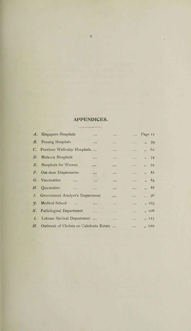 APPENDICES. A. Singapore Hospitals ... Pag e II B. Penang Hospitals ... j, 39 C. Province Wellesley Hospitals ... ... )) 62 D. Malacca Hospitals ... j, 74 E. Hospitals for Women • • • J) 79 F. Out-door Dispensaries ... 81 G. Vaccination ... jy 84 H. Quarantine •• • n 88 /. Government Analyst’s Department ... f, 96 J- Medical School ... jy O HH K. Pathological Department ... I06 L. Labuan Medical Department ... ... ) y I 17 M. Outbreak of Cholera on Caledonia Estate ... ... n 120