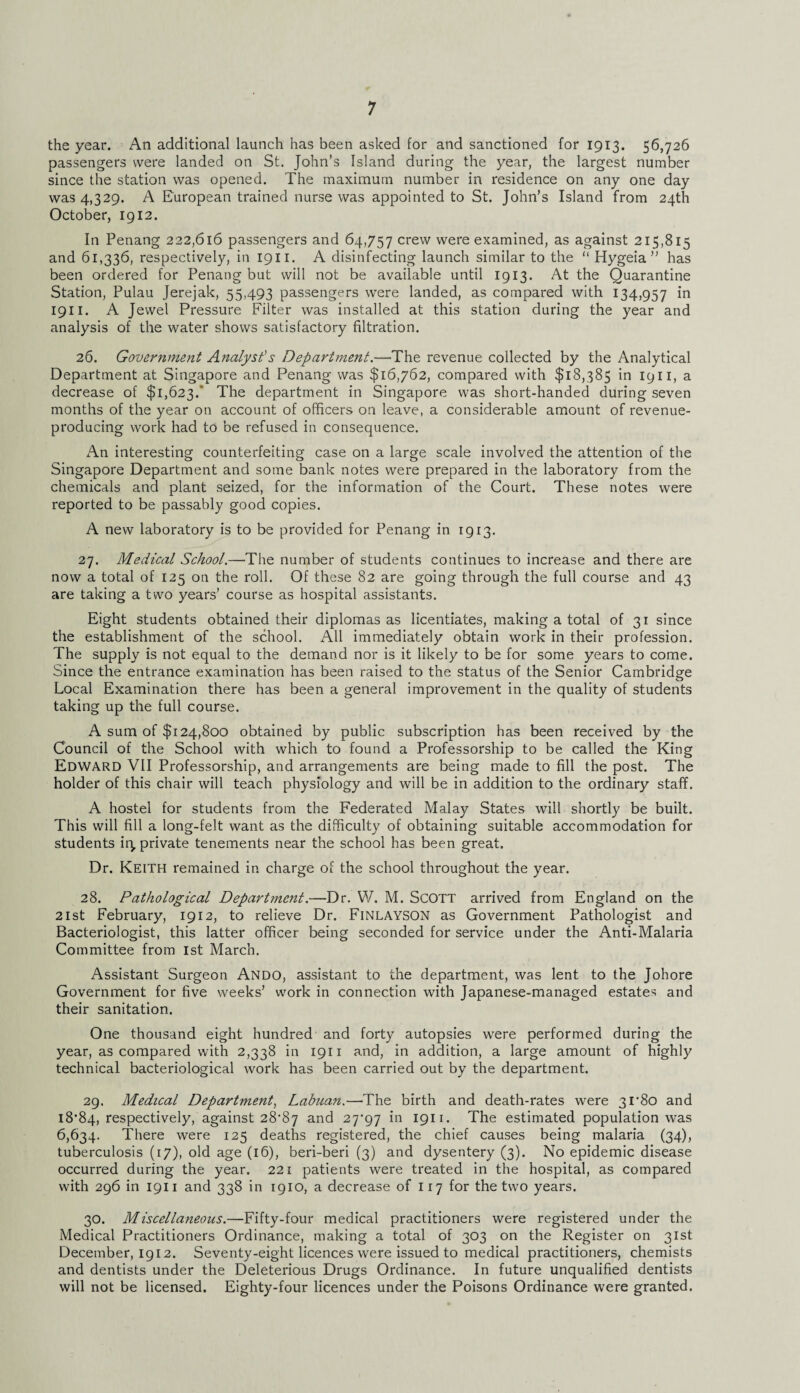 the year. An additional launch has been asked for and sanctioned for 1913. 56,726 passengers were landed on St. John’s Island during the year, the largest number since the station was opened. The maximum number in residence on any one day was 4,329. A European trained nurse was appointed to St. John’s Island from 24th October, 1912. In Penang 222,616 passengers and 64,757 crew were examined, as against 215,815 and 61,336, respectively, in 1911. A disinfecting launch similar to the “ Hygeia ” has been ordered for Penang but will not be available until 1913. At the Quarantine Station, Pulau Jerejak, 55,493 passengers were landed, as compared with 134,957 in 1911. A Jewel Pressure Filter was installed at this station during the year and analysis of the water shows satisfactory filtration. 26. Government Analyst's Department.—The revenue collected by the Analytical Department at Singapore and Penang was $16,762, compared with $18,385 in 19n, a decrease of $1,623/ The department in Singapore was short-handed during seven months of the year on account of officers on leave, a considerable amount of revenue- producing work had to be refused in consequence. An interesting counterfeiting case on a large scale involved the attention of the Singapore Department and some bank notes were prepared in the laboratory from the chemicals and plant seized, for the information of the Court. These notes were reported to be passably good copies. A new laboratory is to be provided for Penang in 1913. 27. Medical School.—The number of students continues to increase and there are now a total of 125 on the roll. Of these 82 are going through the full course and 43 are taking a two years’ course as hospital assistants. Eight students obtained their diplomas as licentiates, making a total of 31 since the establishment of the school. All immediately obtain work in their profession. The supply is not equal to the demand nor is it likely to be for some years to come. Since the entrance examination has been raised to the status of the Senior Cambridge Local Examination there has been a general improvement in the quality of students taking up the full course. A sum of $124,800 obtained by public subscription has been received by the Council of the School with which to found a Professorship to be called the King Edward VII Professorship, and arrangements are being made to fill the post. The holder of this chair will teach physiology and will be in addition to the ordinary staff. A hostel for students from the Federated Malay States will shortly be built. This will fill a long-felt want as the difficulty of obtaining suitable accommodation for students iq private tenements near the school has been great. Dr. Keith remained in charge of the school throughout the year. 28. Pathological Department.—Dr. W. M. Scott arrived from England on the 21st February, 1912, to relieve Dr. FiNLAYSON as Government Pathologist and Bacteriologist, this latter officer being seconded for service under the Anti-Malaria Committee from 1st March. Assistant Surgeon Ando, assistant to the department, was lent to the Johore Government for five weeks’ work in connection with Japanese-managed estates and their sanitation. One thousand eight hundred and forty autopsies were performed during the year, as compared with 2,338 in 1911 and, in addition, a large amount of highly technical bacteriological work has been carried out by the department. 29. Medical Department) Labuan.-—-The birth and death-rates were 3l‘8o and i8’84, respectively, against 28-87 and 27^97 in 1911. The estimated population was 6,634. There were 125 deaths registered, the chief causes being malaria (34), tuberculosis (17), old age (16), beri-beri (3) and dysentery (3). No epidemic disease occurred during the year. 221 patients were treated in the hospital, as compared with 296 in 1911 and 338 in 1910, a decrease of 117 for the two years. 30. Miscellaneous.—Fifty-four medical practitioners were registered under the Medical Practitioners Ordinance, making a total of 303 on the Register on 31st December, 1912. Seventy-eight licences were issued to medical practitioners, chemists and dentists under the Deleterious Drugs Ordinance. In future unqualified dentists will not be licensed. Eighty-four licences under the Poisons Ordinance were granted.