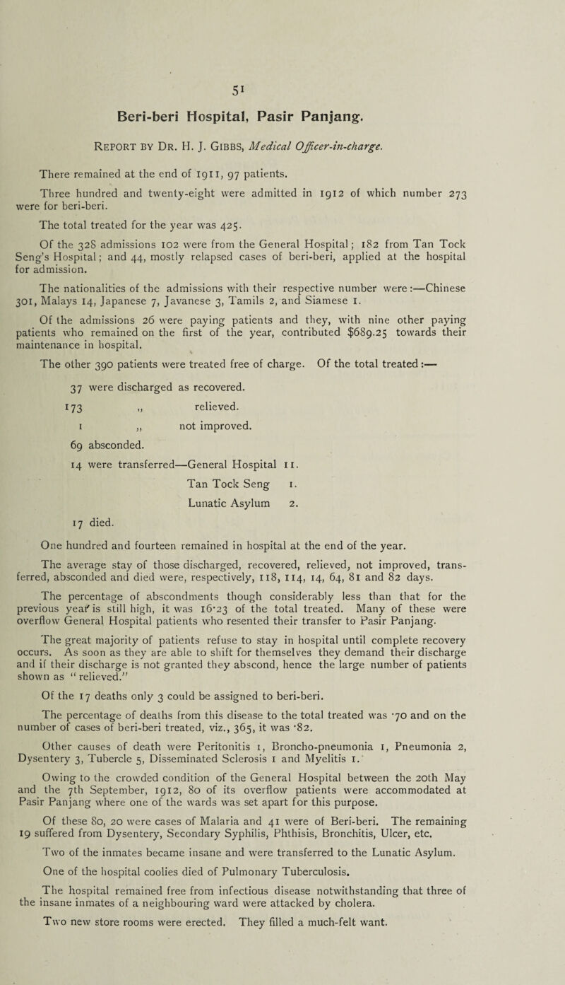 Beri-beri Hospital, Pasir Panjang. Report by Dr. H. J. Gibbs, Medical Ojjicer-in-charge. There remained at the end of 1911, 97 patients. Three hundred and twenty-eight were admitted in 1912 of which number 273 were for beri-beri. The total treated for the year was 425. Of the 32S admissions 102 were from the General Hospital; 182 from Tan Tock Seng’s Hospital; and 44, mostly relapsed cases of beri-beri, applied at the hospital for admission. The nationalities of the admissions with their respective number were:—Chinese 301, Malays 14, Japanese 7, Javanese 3, Tamils 2, and Siamese 1. Of the admissions 26 were paying patients and they, with nine other paying patients who remained on the first of the year, contributed $689.25 towards their maintenance in hospital. The other 390 patients were treated free of charge. Of the total treated:— 37 were discharged as recovered. 173 ,, relieved. 1 ,, not improved. 69 absconded. 14 were transferred—General Hospital n. Tan Tock Seng 1. Lunatic Asylum 2. 17 died. One hundred and fourteen remained in hospital at the end of the year. The average stay of those discharged, recovered, relieved, not improved, trans¬ ferred, absconded and died were, respectively, 118, 114, 14, 64, 81 and 82 days. The percentage of abscondments though considerably less than that for the previous yeai'is still high, it was i6’23 of the total treated. Many of these were overflow General Hospital patients who resented their transfer to Pasir Panjang. The great majority of patients refuse to stay in hospital until complete recovery occurs. As soon as they are able to shift for themselves they demand their discharge and if their discharge is not granted they abscond, hence the large number of patients shown as “ relieved.” Of the 17 deaths only 3 could be assigned to beri-beri. The percentage of deaths from this disease to the total treated was ‘70 and on the number of cases of beri-beri treated, viz., 365, it was ‘82. Other causes of death were Peritonitis 1, Broncho-pneumonia 1, Pneumonia 2, Dysentery 3, Tubercle 5, Disseminated Sclerosis 1 and Myelitis I. Owing to the crowded condition of the General Hospital between the 20th May and the 7th September, 1912, 80 of its overflow patients were accommodated at Pasir Panjang where one of the wards was set apart for this purpose. Of these 80, 20 were cases of Malaria and 41 were of Beri-beri. The remaining 19 suffered from Dysentery, Secondary Syphilis, Phthisis, Bronchitis, Ulcer, etc. Two of the inmates became insane and were transferred to the Lunatic Asylum. One of the hospital coolies died of Pulmonary Tuberculosis. The hospital remained free from infectious disease notwithstanding that three of the insane inmates of a neighbouring ward were attacked by cholera. Two new store rooms were erected. They filled a much-felt want.