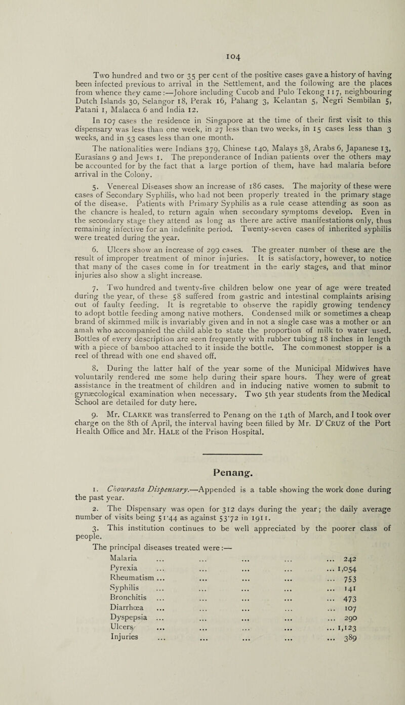 Two hundred and two or 35 per cent of the positive cases gave a history of having been infected previous to arrival in the Settlement, and the following are the places from whence they came :—Johore including Cucob and Pulo 1 ekong 117, neighbouring Dutch Islands 30, Selangor 18, Perak 16, Pahang 3, Kelantan 5, Negri Sembilan 5, Patani 1, Malacca 6 and India 12. In 107 cases the residence in Singapore at the time of their first visit to this dispensary was less than one week, in 27 less than two weeks, in 15 cases less than 3 weeks, and in 53 cases less than one month. The nationalities were Indians 379, Chinese 140, Malays 38, Arabs 6, Japanese 13, Eurasians 9 and Jewrs I. The preponderance of Indian patients over the others may be accounted for by the fact that a large portion of them, have had malaria before arrival in the Colony. 5. Venereal Diseases show an increase of 186 cases. The majority of these were cases of Secondary Syphilis, who had not been properly treated in the primary stage of the disease. Patients with Primary Syphilis as a rule cease attending as soon as the chancre is healed, to return again when secondary symptoms develop. Even in the secondary stage they attend as long as there are active manifestations only, thus remaining infective for an indefinite period. Twenty-seven cases of inherited syphilis were treated during the year. 6. Ulcers show an increase of 299 cases. The greater number of these are the result of improper treatment of minor injuries. It is satisfactory, however, to notice that many of the cases come in for treatment in the early stages, and that minor injuries also show a slight increase. 7. Two hundred and twenty-five children below one year of age w'ere treated during the year, of these 58 suffered from gastric and intestinal complaints arising out of faulty feeding. It is regretable to observe the rapidly growing tendency to adopt bottle feeding among native mothers. Condensed milk or sometimes a cheap brand of skimmed milk is invariably given and in not a single case was a mother or an amah who accompanied the child able to state the proportion of milk to water used. Bottles of every description are seen frequently with rubber tubing 18 inches in length with a piece of bamboo attached to it inside the bottle. The commonest stopper is a reel of thread with one end shaved off. 8. During the latter half of the year some of the Municipal Midwives have voluntarily rendered me some help during their spare hours. They were of great assistance in the treatment of children and in inducing native women to submit to gynaecological examination wdien necessary. Two 5th year students from the Medical School are detailed for duty here. 9. Mr. Clarke was transferred to Penang on the 14th of March, and I took over charge on the 8th of April, the interval having been filled by Mr. D’CRUZ of the Port Health Office and Mr. Hale of the Prison Hospital. Penang. 1. Chowrasta Dispensary.—Appended is a table showing the work done during the past year. 2. The Dispensary was open for 312 days during the year; the daily average number of visits being 51-44 as against 5372 in 1911. 3. This institution continues to be well appreciated by the poorer class of people. The principal diseases treated were:— Malaria ... ... ... ... ... 242 Pyrexia ... ... ... ... ... 1,054 Rheumatism ... ... ... ... ... 753 Syphilis ... ... ... ... ... 141 Bronchitis ... ... ... ... ... 473 Diarrhoea ... ... ... ... ... 107 Dyspepsia ... ... ... ... ... 290 Ulceiy ... ... ... ... ... 1,123 Injuries ... ... ... ... ... 389
