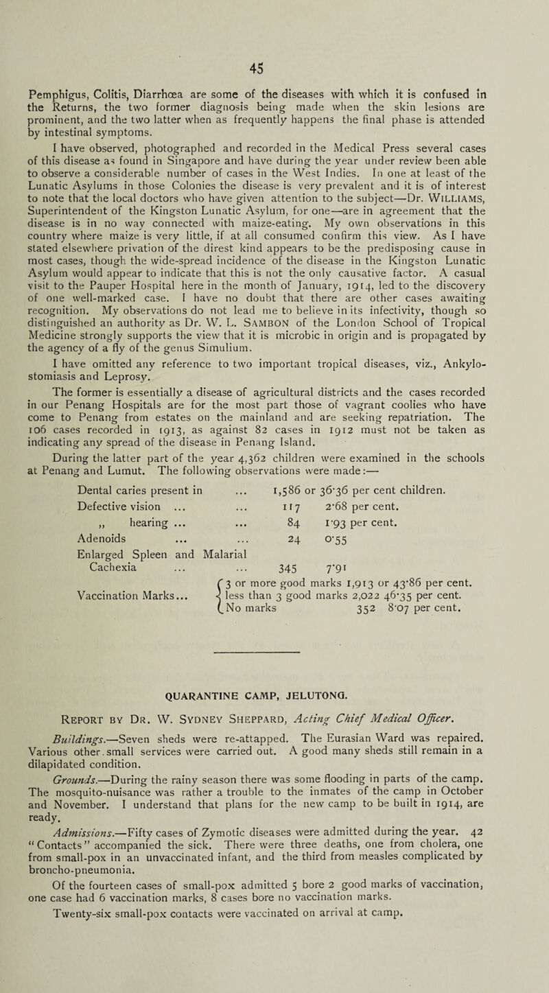 Pemphigus, Colitis, Diarrhoea are some of the diseases with which it is confused in the Returns, the two former diagnosis being made when the skin lesions are prominent, and the two latter when as frequently happens the final phase is attended by intestinal symptoms. I have observed, photographed and recorded in the Medical Press several cases of this disease as found in Singapore and have during the year under review been able to observe a considerable number of cases in the West Indies. In one at least of the Lunatic Asylums in those Colonies the disease is very prevalent and it is of interest to note that the local doctors who have given attention to the subject—Dr. WILLIAMS, Superintendent of the Kingston Lunatic Asylum, for one—are in agreement that the disease is in no way connected with maize-eating. My own observations in this country where maize is very little, if at all consumed confirm this view. As I have stated elsewhere privation of the direst kind appears to be the predisposing cause in most cases, though the wide-spread incidence of the disease in the Kingston Lunatic Asylum would appear to indicate that this is not the only causative factor, A casual visit to the Pauper Hospital here in the month of January, 1914, led to the discovery of one well-marked case. I have no doubt that there are other cases awaiting recognition. My observations do not lead me to believe in its infectivity, though so distinguished an authority as Dr. W. L. SambON of the London School of Tropical Medicine strongly supports the view that it is microbic in origin and is propagated by the agency of a fly of the genus Simulium. I have omitted any reference to two important tropical diseases, viz., Ankylo¬ stomiasis and Leprosy. The former is essentially a disease of agricultural districts and the cases recorded in our Penang Hospitals are for the most part those of vagrant coolies who have come to Penang from estates on the mainland and are seeking repatriation. The 106 cases recorded in [913, as against 82 cases in 1912 must not be taken as indicating any spread of the disease in Penang Island. During the latter part of the year 4,362 children were examined in the schools at Penang and Lumut. The following observations were made:— Dental caries present in 1,586 or 36*36 per cent children. Defective vision ir? 2*68 per cent. ,, hearing ... 84 1*93 per cent. Adenoids 24 0-55 Enlarged Spleen and Malarial Cachexia 345 7*91 6 3 or more good marks 1,913 or 43*86 per cent. Vaccination Marks... ■< less than 3 good marks 2,022 46*35 per cent. (_No marks 352 8*07 per cent. QUARANTINE CAMP, JELUTONQ. Report by Dr. W. Sydney Sheppard, Acting Chief Medical Officer. Buildings.—Seven sheds were re-attapped. The Eurasian Ward was repaired. Various other.small services were carried out. A good many sheds still remain in a dilapidated condition. Grounds.—During the rainy season there was some flooding in parts of the camp. The mosquito-nuisance was rather a trouble to the inmates of the camp in October and November. I understand that plans for the new camp to be built in 1914, are ready. Admissions.—Fifty cases of Zymotic diseases were admitted during the year. 42 “Contacts” accompanied the sick. There were three deaths, one from cholera, one from small-pox in an unvaccinated infant, and the third from measles complicated by broncho-pneumonia. Of the fourteen cases of small-pox admitted 5 bore 2 good marks of vaccination, one case had 6 vaccination marks, 8 cases bore no vaccination marks. Twenty-six small-pox contacts were vaccinated on arrival at camp.