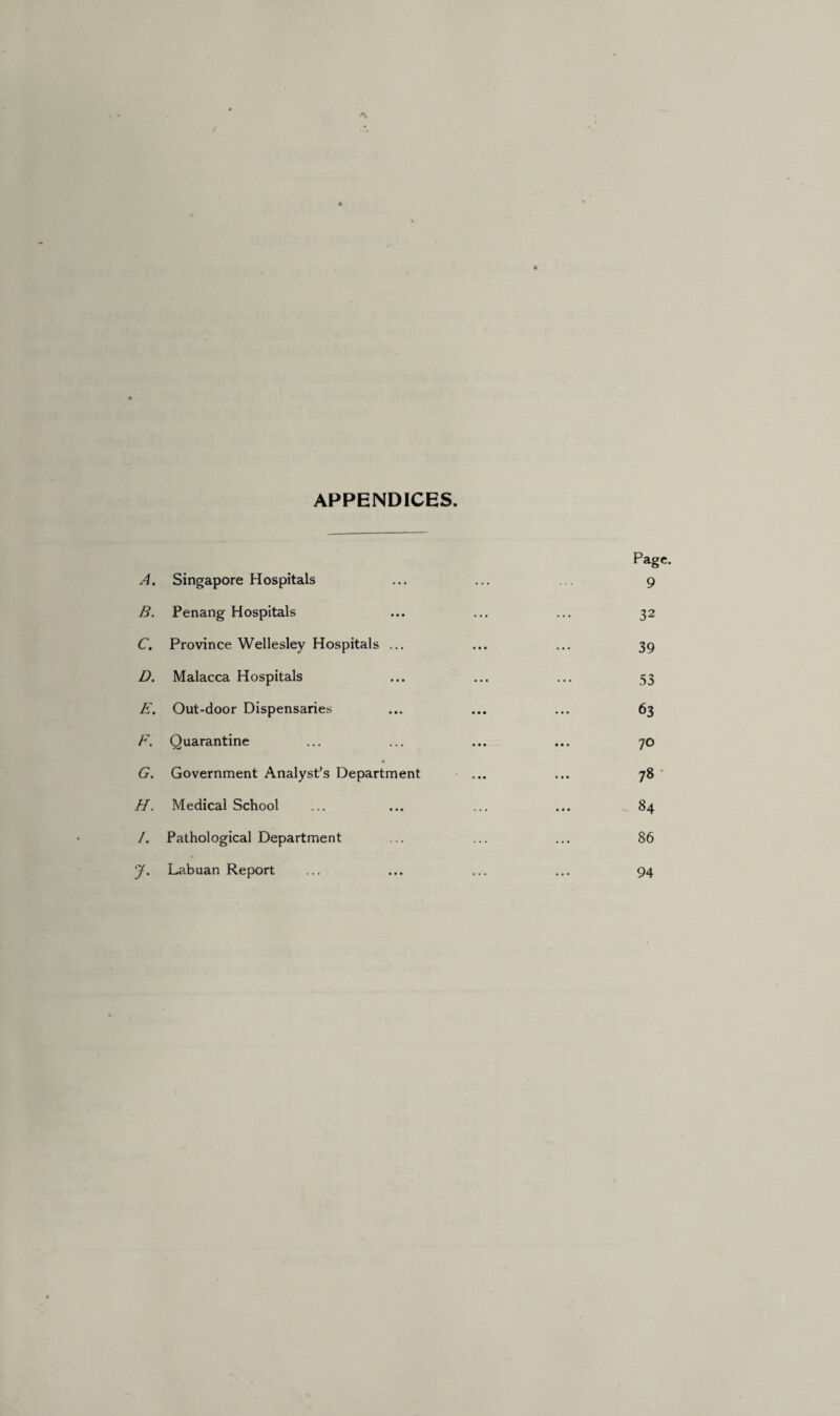 APPENDICES. A. Singapore Hospitals B. Penang Hospitals C. Province Wellesley Hospitals ... D. Malacca Hospitals E. Out-door Dispensaries F. Quarantine G. Government Analyst’s Department H. Medical School /. Pathological Department y. Labuan Report Page. 9 32 39 53 63 70 78- 84 86 94