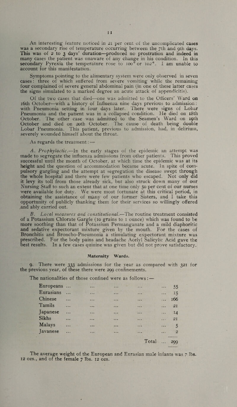 An interesting feature noticed in 21 per cent of the uncomplicated cases was a secondary rise of temperature occurring between the 7th and 9th days. This was of 2 to 3 days’ duration—produced no prostration and indeed in many cases the patient was unaware of any change in his condition. In this secondary Pyrexia the temperature rose to 1000 or 102 °. I am unable to account for this manifestation. Symptoms pointing to the alimentary system were only observed in seven cases: three of which suffered from severe vomiting wrhile the remaining four complained of severe general abdominal pain (in one of these latter cases the signs simulated to a marked degree an acute attack of appendicitis). Of the two cases that died—one was admitted to the Officers’ Ward on 16th October—with a history of Influenza nine days previous to admission: with Pneumonia setting in four days later. There were signs of Lobar Pneumonia and the patient was in a collapsed condition. He died on 18th October. The other case was admitted to the Seamen’s Ward on 19th October and died on 20th October. The cause of death being double Lobar Pneumonia. This patient, previous to admission, had, in delirium, severely wounded himself about the throat. As regards the treatment: — A. Prophylactic.—In the early stages of the epidemic an attempt was made to segregate the influenza admissions from other patients. This proved successful until.the month of October, at which time the epidemic was at its height and the question of accommodation became acute. In spite of com¬ pulsory gargling and the attempt at segregation the disease swept through the whole hospital and there were few patients who escaped. Not only did it levy its toll from those already sick, but also struck down many of our Nursing Staff to such an extent that at one time only 50 per cent of our nurses were available for duty. We were most fortunate at this critical period, in obtaining the assistance of m,any of our former Sisters, and I take this opportunity of publicly thanking them for their services so willingly offered and ably carried out. B. Local measures and constitutional.—The routine treatment consisted of a Potassium Chlorate Gargle (10 grains to 1 ounce) which was found to be more soothing than that of Potassium Permanganate and a mild diaphoritic and sedative expectorant mixture given by the mouth. For the cases of Bronchitis and Broncho-Pneumonia a stimulating expectorant mixture was prescribed. For the body pains and headache Acelyl Salicylic Acid gave the best results. In a few cases quinine was given but did not prove satisfactory. Maternity Wards. 9. There were 333 admissions for the year as compared with 321 for the previous year, of these there were 299 confinements. The nationalities of those confined were as follows: — Europeans ... Eurasians ... ... ... Chinese Tamils Japanese Sikhs Malays Javanese Total ••• 55 ... 15 ... 166 21 ... 14 21 p* 2 ... 299 The average weight of the European and Eurasian male infants was 7 lbs. 12 ozs., and of the female 7 lbs. 12 ozs.