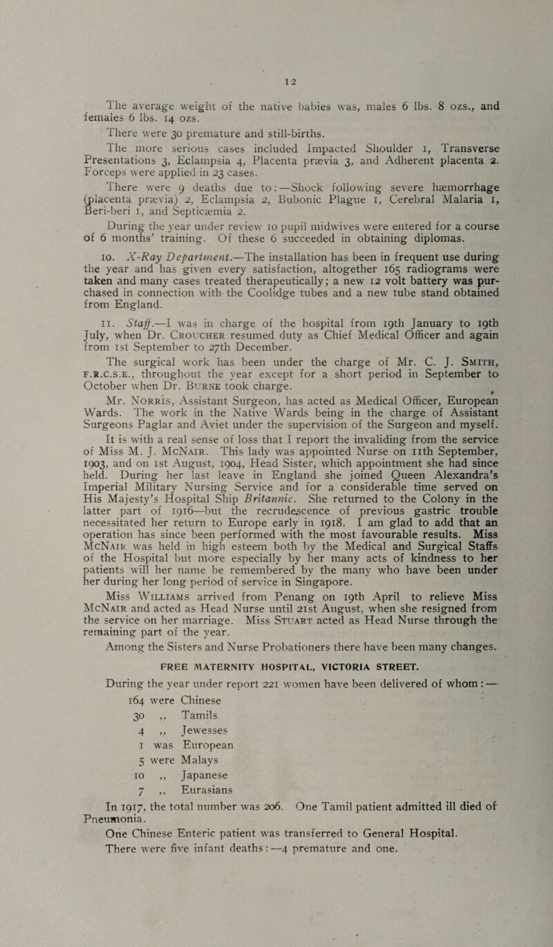 1 he average weight of the native babies was, males 6 lbs. 8 ozs., and females 6 lbs. 14 ozs. There were 30 premature and still-births. The more serious cases included Impacted Shoulder 1, Transverse Presentations 3, Eclampsia 4, Placenta prsevia 3, and Adherent placenta 2. Forceps were applied in 23 cases. There were 9 deaths due to: —Shock following severe haemorrhage (placenta praevia) 2, Eclampsia 2, Bubonic Plague 1, Cerebral Malaria 1, Beri-beri 1, and Septicaemia 2. During the year under review 10 pupil midwives were entered for a course of 6 months’ training. Of these 6 succeeded in obtaining diplomas. 10. X-Ray Department.—The installation has been in frequent use during the year and has given every satisfaction, altogether 165 radiograms were taken and many cases treated therapeutically; a new 12 volt battery was pur¬ chased in connection with the Coolidge tubes and a new tube stand obtained from England. 11. Staff.—I was in charge of the hospital from 19th January to 19th July, when Dr. Croucher resumed duty as Chief Medical Officer and again from 1st September to 27th December. The surgical work has been under the charge of Mr. C. J. Smith, f.r.c.s.e., throughout the year except for a short period in September to October when Dr. Burne took charge. Mr. Norris, Assistant Surgeon, has acted as Medical Officer, European Wards. The work in the Native Wards being in the charge of Assistant Surgeons Paglar and Aviet under the supervision of the Surgeon and myself. It is with a real sense of loss that I report the invaliding from the service of Miss M. J. McNair. This lady was appointed Nurse on nth September, 1903, and 011 1st August, 1904, Head Sister, which appointment she had since held. During her last leave in England she joined Queen Alexandra’s Imperial Military Nursing Service and for a considerable time served on His Majesty’s Hospital Ship Britannic. She returned to the Colony in the latter part of 1916—but the recrudescence of previous gastric trouble necessitated her return to Europe early in 1918. I am glad to add that an operation has since been performed with the most favourable results. Miss McNair was held in high esteem both by the Medical and Surgical Staffs of the Hospital but more especially by her many acts of kindness to her patients will her name be remembered by the many who have been under her during her long period of service in Singapore. Miss Williams arrived from Penang on 19th April to relieve Miss McNair and acted as Head Nurse until 21st August, when she resigned from the service on her marriage. Miss Stuart acted as Head Nurse through the remaining part of the year. Among the Sisters and Nurse Probationers there have been many changes. FREE MATERNITY HOSPITAL, VICTORIA STREET. During the year under report 221 women have been delivered of whom : — 164 were Chinese 30 ,, Tamils 4 ,, Jewesses 1 was European 5 were Malays 10 ,, Japanese 7 ,, Eurasians In 1917, the total number was 206. One Tamil patient admitted ill died of Pneumonia. One Chinese Enteric patient was transferred to General Hospital. There were five infant deaths:—4 premature and one.