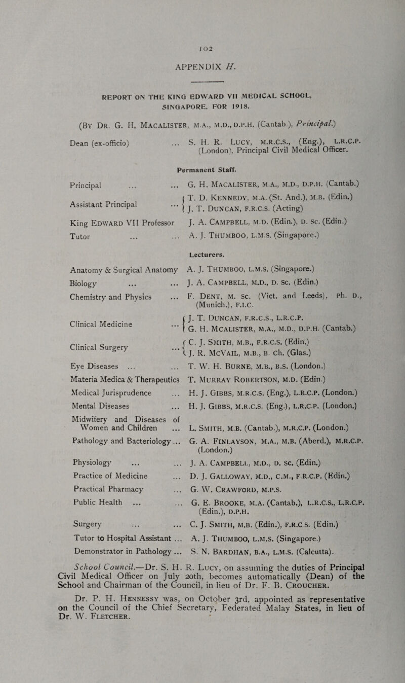 APPENDIX H. REPORT ON THE KING EDWARD VII MEDICAL SCHOOL, SINGAPORE, FOR 1918. (By Dr. G. H. Macalister, m.a., m.d., d.p.h. (Cantab ), Principal.) Dean (ex-officio) ... S. H. R. Lucy, m.r.c.s., (Eng.), l.r.C.p. (London^ Principal Civil Medical Officer. Permanent Staff. Principal ... ... G. H. Macalister, m.a., M.D., d.p.h. (Cantab.) ( T. D. Kennedy, m.a. (St. And.), m.b. (Edin.) Assistant Principal ... ( j T DuNCANi F.R.C.S. (Acting) King Edward VII Professor J. A. Campbell, m.d. (Edin.), d. sc. (Edin.) Tutor ... ... A. J. Thumboo, L.M.S. (Singapore.) Lecturers. Anatomy & Surgical Anatomy’ Biology’ Chemistry’and Physics Clinical Medicine Clinical Surgery’ Eye Diseases Materia Medica Sc Therapeutics Medical Jurisprudence Mental Diseases Midwifery and Diseases of Women and Children Pathology and Bacteriology... A. J. Thumboo, l.m.s. (Singapore.) J. A. Campbell, m.d., d. sc. (Edin.) F. Dent, m. sc. (Viet, and Leeds), Ph. D., (Munich.), F.i.C. i J. T. Duncan, f.r.c.s., l.r.c.p. | G. H. MCALISTER, m.a., M.D., d.p.h. (Cantab.) f C. J. Smith, m.b., f.r.c.s. (Edin.) I J. R. McVAIL, M.B., b. Ch. (Glas.) T. W. H. Burne. m.b., b.S. (London.) T. Murray Robertson, m.d. (Edin.) H. J. Gibbs, m.r.c.s. (Eng.), l.r.c.p. (London.) H. J. Gibbs, m.r.c.s. (Eng.), l.r.c.p. (London.) L. Smith, m.b. (Cantab.), m.r.c.p. (London.) G. A. Finlayson, m.a., m.b. (Aberd.), m.r.c.p. (London.) Physiology Practice of Medicine Practical Pharmacy’ Public Health Surgery- Tutor to Hospital Assistant ... Demonstrator in Pathology ... J. A. Campbell., m.d., d. sc. (Edin.) D. J. Galloway, m.d., c.m., f.r.c.p. (Edin.) G. W. Crawford, m.p.s. G. E. Brooke, m.a. (Cantab.), l.r.c.s., l.r.c.p. (Edin.), d.p.h. C. J. Smith, m.b. (Edin.), f.r.c s. (Edin.) A. J. Thumboo, l.m.s. (Singapore.) S. N. Bardpian, b.a., l.m.s. (Calcutta). School Council.—Dr. S. H. R. Lucy, on assuming the duties of Principal Civil Medical Officer on July 20th, becomes automatically (Dean) of the School and Chairman of the Council, in lieu of Dr. F. B. Croucher. Dr. P. H. Hennessy was, on October 3rd, appointed as representative on the Council of the Chief Secretary, Federated Malay States, in lieu of Dr. W. Fletcher.