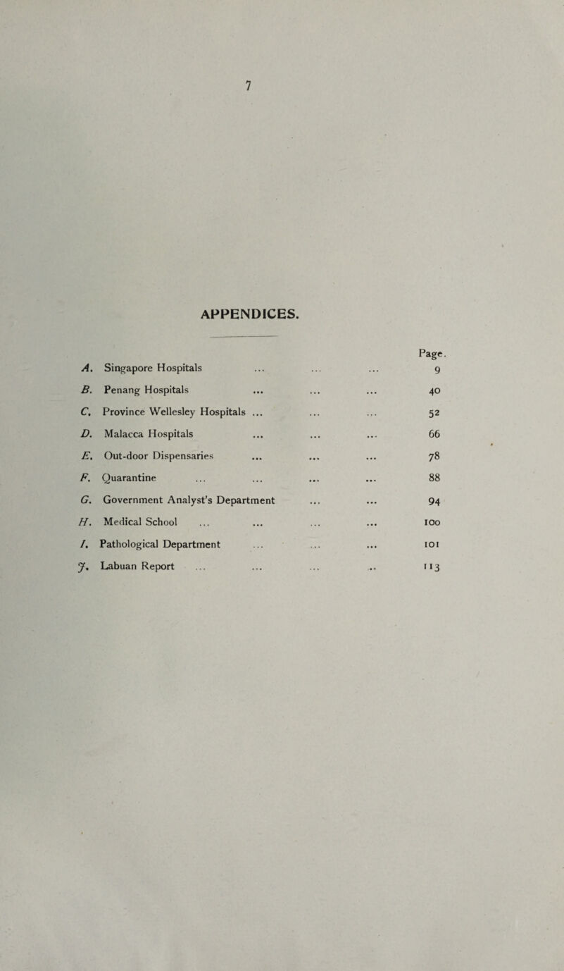 APPENDICES. Page. A. Singapore Hospitals ... ... ... 9 B. Penang Hospitals ... ... ... 40 C. Province Wellesley Hospitals ... ... ... 52 D. Malacca Hospitals ... ... ... 66 E. Out-door Dispensaries ... ... ... 78 F. Quarantine ... ... ... ... 88 G. Government Analyst’s Department ... ... 94 H. Medical School ... ... ... ... 100 /. Pathological Department ... ... ... 101 J* Labuan Report ... ... ... ... 113