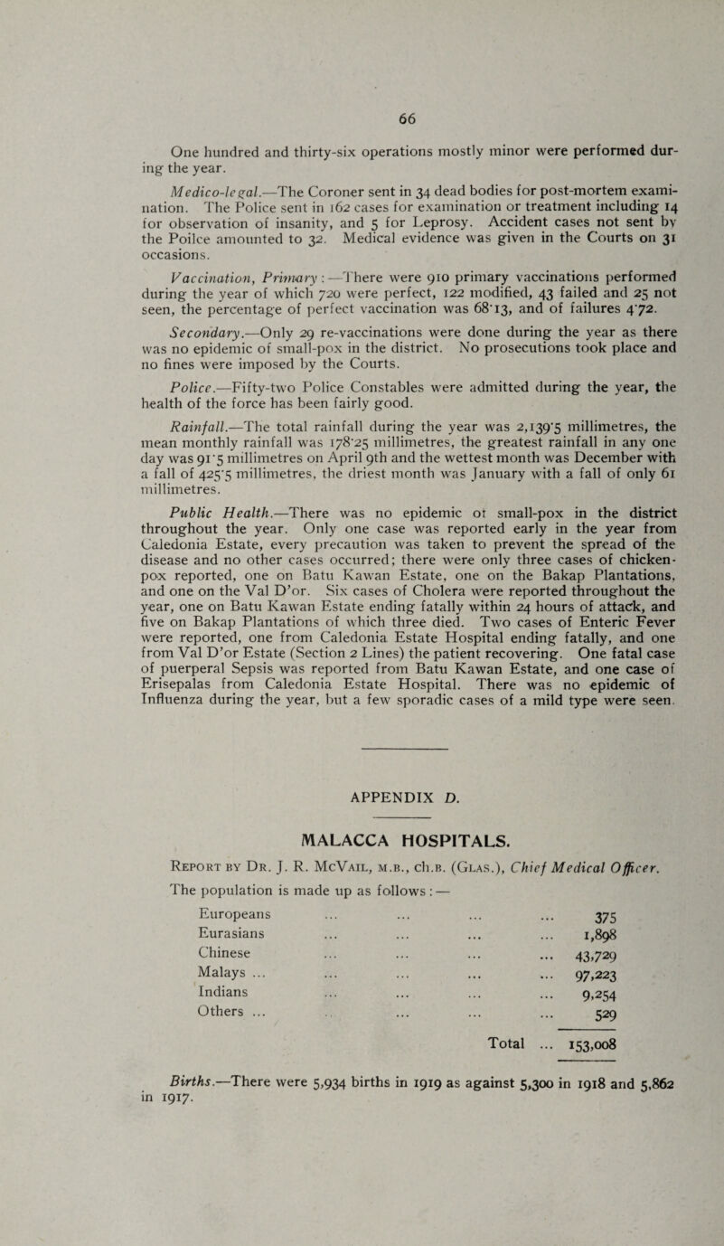 One hundred and thirty-six operations mostly minor were performed dur¬ ing the year. Medico-legal.—The Coroner sent in 34 dead bodies for post-mortem exami¬ nation. The Police sent in 162 cases for examination or treatment including 14 for observation of insanity, and 5 for Leprosy. Accident cases not sent by the Poilce amounted to 32. Medical evidence was given in the Courts on 31 occasions. Vaccination, Primary:—There were 910 primary vaccinations performed during the year of which 720 were perfect, 122 modified, 43 failed and 25 not seen, the percentage of perfect vaccination was 68*13, and of failures 4*72. Secondary.—Only 29 re-vaccinations were done during the year as there was no epidemic of small-pox in the district. No prosecutions took place and no fines were imposed by the Courts. Police.—Fifty-two Police Constables were admitted during the year, the health of the force has been fairly good. Rainfall.—The total rainfall during the year was 2,139*5 millimetres, the mean monthly rainfall was 178*25 millimetres, the greatest rainfall in any one day was 91*5 millimetres on April 9th and the wettest month was December with a fall of 425*5 millimetres, the driest month was January with a fall of only 61 millimetres. Public Health.—There was no epidemic or small-pox in the district throughout the year. Only one case was reported early in the year from Caledonia Estate, every precaution was taken to prevent the spread of the disease and no other cases occurred; there were only three cases of chicken- pox reported, one on Batu Kawan Estate, one on the Bakap Plantations, and one on the Val D’or. Six cases of Cholera were reported throughout the year, one on Batu Kawan Estate ending fatally within 24 hours of attack, and five on Bakap Plantations of which three died. Two cases of Enteric Fever were reported, one from Caledonia Estate Hospital ending fatally, and one from Val D’or Estate (Section 2 Lines) the patient recovering. One fatal case of puerperal Sepsis was reported from Batu Kawan Estate, and one case of Erisepalas from Caledonia Estate Hospital. There was no epidemic of Influenza during the year, but a few sporadic cases of a mild type were seen. APPENDIX D. /MALACCA HOSPITALS. Report by Dr. J. R. McVail, m.b., ch.B. (Glas.), Chief Medical Officer. The population is made up as follows : — Europeans Eurasians Chinese Malays ... Indians Others ... • • • • . . 375 1,898 ... 43,729 ... 97,223 9,254 529 Total ... 153,008 Births.—There were 5,934 births in 1919 as against 5,300 in 1918 and 5,862 in 1917.