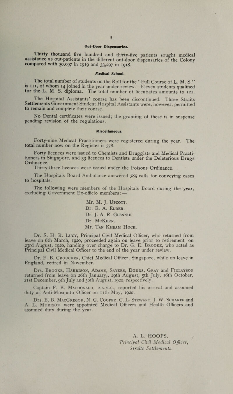 Out-Door Dispensaries. Thirty thousand five hundred and thirty-five patients sought medical assistance as out-patients in the different out-door dispensaries of the Colony compared with 30,097 in 1919 and 33,297 in 1918. Medical School. The total number of students on the Roll for the “Full Course of L. M. S.” is hi, of whom 14 joined in the year under review. Eleven students qualified for the L. M. S. diploma. The total number of licentiates amounts to 121. The Hospital Assistants’ course has been discontinued. Three Straits Settlements Government Student Hospital Assistants were, however, permitted to remain and complete their course. No Dental certificates were issued; the granting of these is in suspense pending revision of the regulations. Miscellaneous. Forty-nine Medical Practitioners were registered during the year. The total number now on the Register is 578. Forty licences were issued to Chemists and Druggists and Medical Practi¬ tioners in Singapore, and 33 licences to Dentists under the Deleterious Drugs Ordinance. Thirty-three licences were issued under the Poisons Ordinance. The Hospitals Board Ambulance answered 385 calls for conveying cases to hospitals. The following were members of the Hospitals Board during the year, excluding Government Ex-officio members: — Mr. M. J. Upcott. Dr. E. A. Elder. Dr. J. A. R. Glennie. Dr. McKern. Mr. Tan Kheam Hock. Dr. S. H. R. Lucy, Principal Civil Medical Officer, who returned from leave on 6th March, 1920, proceeded again on leave prior to retirement on 23rd August, 1920, handing over charge to Dr. G. E. Brooke, who acted as Principal Civil Medical Officer to the end of the year under review. Dr. F. B. Croucher, Chief Medical Officer, Singapore, while on leave in England, retired in November. Drs. Brooke, Harrison, Adams, Sayers, Dodds, Gray and Finlayson returned from leave on 26th January,, 29th August, 5th July, 16th October, 21st December, 9th July and 30th August, 1920, respectively. Captain F. B. Macdonald, r.a.m c., reported his arrival and assumed duty as Anti-Mosquito Officer on nth May, 1920. Drs. B. B. MacGregor, N. G. Cooper, C. L Stewart, J. W. Scharff and A. L. Murison were appointed Medical Officers and Health Officers and assumed duty during the year. A. L. HOOPS, Principal Civil Medical Officer, Straits Settlements.