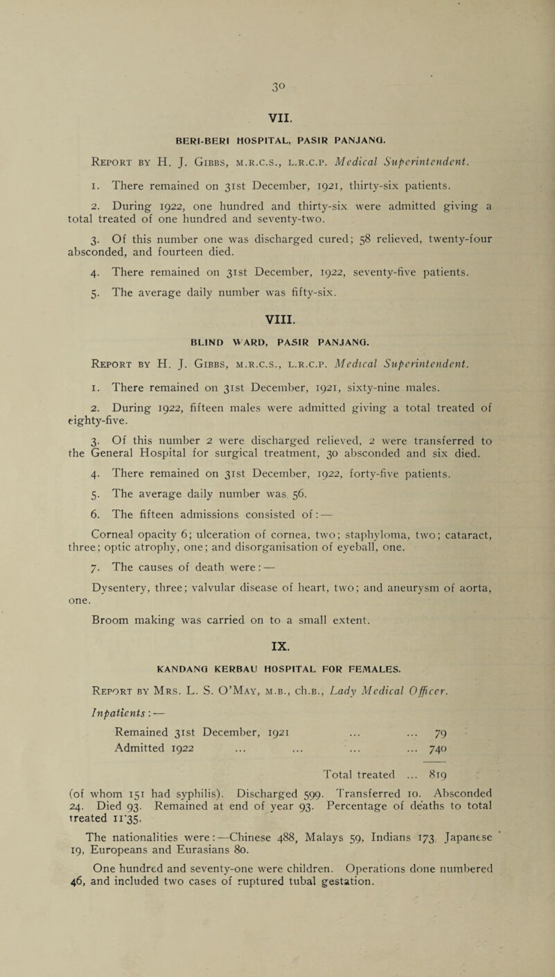 3° VII. BERI BERI HOSPITAL, PASIR PANJANG. Report by H. J. Gibbs, m.r.c.s., l.r.c.p. Medical Superintendent. 1. There remained on 31st December, 1921, thirty-six patients. 2. During 1922, one hundred and thirty-six were admitted giving a total treated of one hundred and seventy-two. 3. Of this number one was discharged cured; 58 relieved, twenty-four absconded, and fourteen died. 4. There remained on 31st December, 1922, seventy-five patients. 5. The average daily number was fifty-six. VIII. BLIND WARD, PASIR PANJANG. Report by H. J. Gibbs, m.r.c.s., l.r.c.p. Medical Superintendent. 1. There remained on 31st December, 1921, sixty-nine males. 2. During 1922, fifteen males were admitted giving a total treated of eighty-five. 3. Of this number 2 were discharged relieved, 2 were transferred to the General Hospital for surgical treatment, 30 absconded and six died. 4. There remained on 31st December, 1922, forty-five patients. 5. The average daily number was 56. 6. The fifteen admissions consisted of: — Corneal opacity 6; ulceration of cornea, two; staphyloma, two; cataract, three; optic atrophy, one; and disorganisation of eyeball, one. 7. The causes of death were: — Dysentery, three; valvular disease of heart, two; and aneurysm of aorta, one. Broom making was carried on to a small extent. IX. KANDANG KERBAU HOSPITAL FOR FEMALES. Report by Mrs. L. S. O’May, m.b., ch.B., Lady Medical Officer. Inpatients : — Remained 31st December, 1921 ... ... 79 Admitted 1922 ... ... ... ... 740 Total treated ... 819 (of whom 151 had syphilis). Discharged 599. Transferred 10. Absconded 24. Died 93. Remained at end of year 93. Percentage of deaths to total treated n'35. The nationalities were:—Chinese 488, Malays 59, Indians 173. Japanese 19, Europeans and Eurasians 80. One hundred and seventy-one were children. Operations done numbered 46, and included two cases of ruptured tubal gestation.