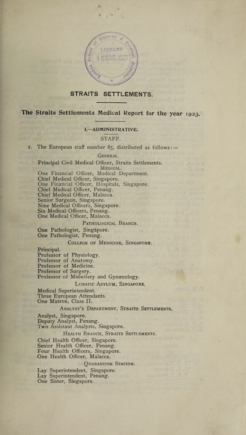 STRAITS SETTLEMENTS. The Straits Settlements Medical Report for the year 1923. I—ADMINISTRATIVE. STAFF. 1. The European staff number 85, distributed as follows: — General. Principal Civil Medical Officer, Straits Settlements. Medical. One Financial Officer, Medical Department. Chief Medical Officer, Singapore. One Financial Officer, Hospitals, Singapore. Chief Medical Officer, Penang. Chief Medical Officer, Malacca. Senior Surgeon, Singapore. Nine Medical Officers, Singapore. Six Medical Officers, Penang. One Medical Officer, Malacca. Pathological Branch. One Pathologist, Singapore. One Pathologist, Penang. College of Medicine, Singapore. Principal. Professor of Physiology. Professor of Anatomy. Professor of Medicine. Professor of Surgery. Professor of Midwifery and Gynaecology. Lunatic Asylum, Singapore. Medical Superintendent. Three European Attendants. One Matron, Class II. Analyst’s Department, Straits Settlements.: Analyst, Singapore. Deputy Analyst, Penang. Two Assistant Analysts, Singapore. Health Branch, Straits Settlements. Chief Health Officer, Singapore. Senior Health Officer, Penang. Four Health Officers, Singapore. One Health Officer, Malacca. Quarantine Station. Lay Superintendent, Singapore. Lay Superintendent, Penang. One Sister, Singapore.