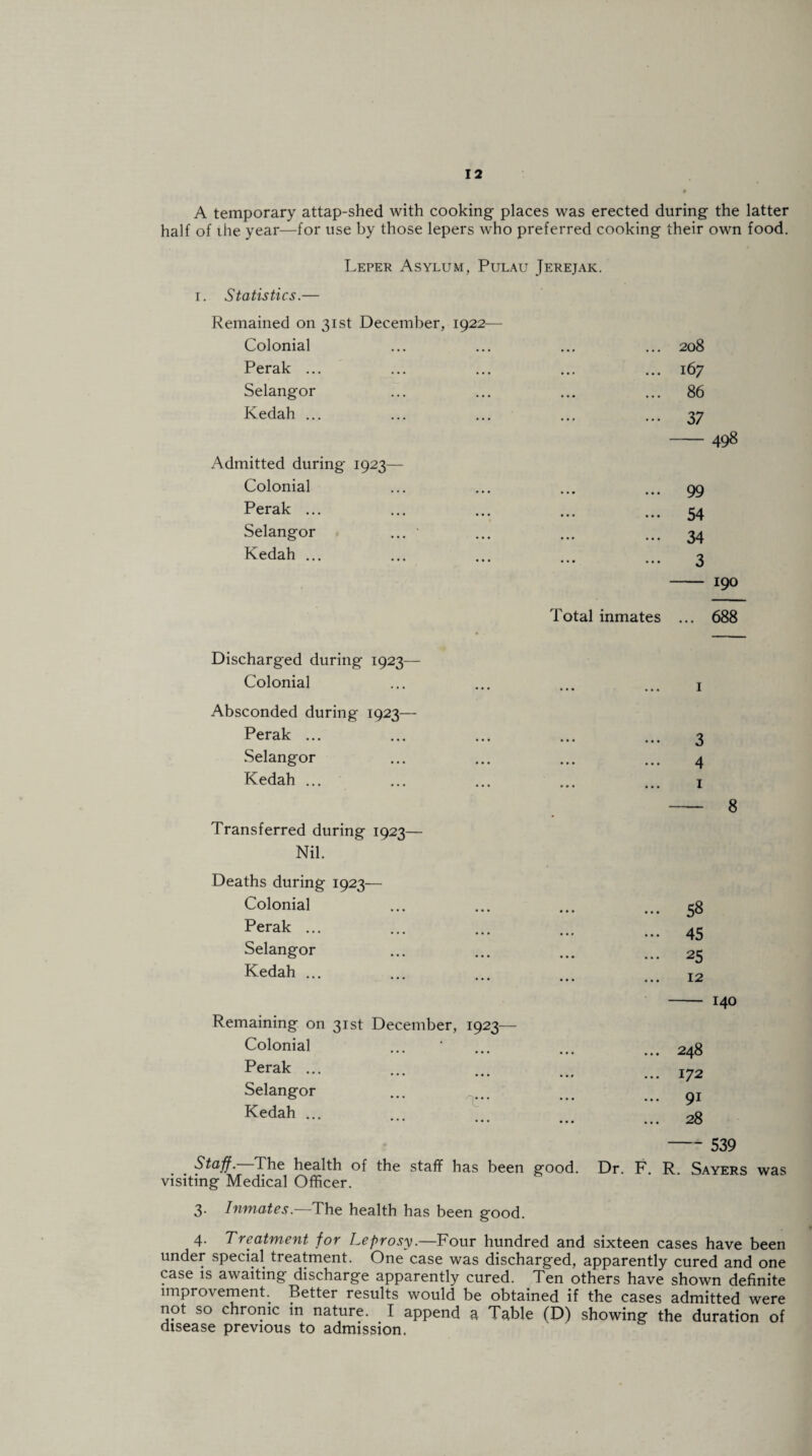 A temporary attap-shed with cooking places was erected during the latter half of ihe year—for use by those lepers who preferred cooking their own food. Leper Asylum, Pulau Jerejak. i. Statistics.— Remained on 31st December, 1922— Colonial Perak ... Selangor Kedah ... Admitted during 1923— Colonial Perak ... Selangor ... ■ Kedah ... 208 167 86 37 498 99 54 34 3 Total inmates ... 688 Discharged during 1923— Colonial Absconded during 1923— Perak ... Selangor Kedah ... Transferred during 1923— Nil. Deaths during 1923— Colonial Perak ... Selangor Kedah ... Remaining on 31st December, 1923- Colonial Perak ... Selangor ... Kedah ... 1 3 4 1 8 58 45 25 12 ... 248 ... 172 91 28 -539 Staff. The health of the staff has been good. Dr. F. R. Sayers was visiting Medical Officer. 3- Inmates. The health has been good. 4. Treatment for Leprosy.—Four hundred and sixteen cases have been under special treatment. One case was discharged, apparently cured and one case is awaiting discharge apparently cured. Ten others have shown definite improvement. Better results would be obtained if the cases admitted were not so chronic in nature. I append a Table (D) showing the duration of disease previous to admission.