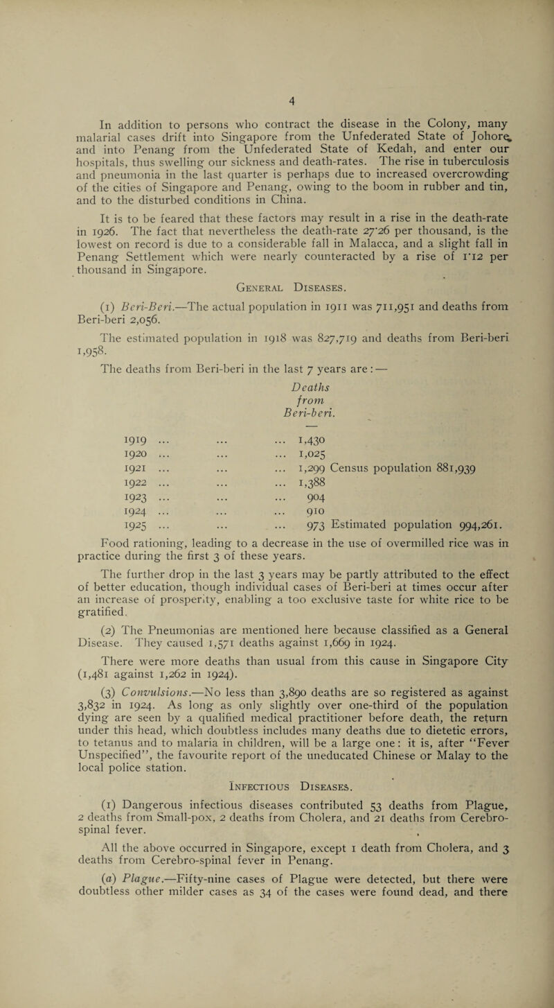 In addition to persons who contract the disease in the Colony, many malarial cases drift into Singapore from the Unfederated State of Johor^. and into Penang from the IJnfederated State of Kedah, and enter our hospitals, thus swelling our sickness and death-rates. The rise in tuberculosis and pneumonia in the last quarter is perhaps due to increased overcrowding of the cities of Singapore and Penang, owing to the boom in rubber and tin, and to the disturbed conditions in China. It is to be feared that these factors may result in a rise in the death-rate in 1926. The fact that nevertheless the death-rate 27^26 per thousand, is the lowest on record is due to a considerable fall in Malacca, and a slight fall in Penang Settlement which were nearly counteracted by a rise of ri2 per thousand in Singapore. General Diseases. (1) Bcri-Beri.—The actual population in 1911 was 711,951 and deaths from Beri-beri 2,056. The estimated population in 1918 was 827,719 and deaths from Beri-beri B958. The deaths from Beri-beri in the last 7 years are: — Deaths from Beri-beri. 1919 ... ... ... 1,430 1920 ... ... ... 1,025 1921 ... ... ... 1,299 Census population 881,939 1922 ... ... ... 1,388 1923 ... ... ... 904 1924 ... ... ... 910 1925 ... ... ... 973 Estimated population 994,261. Food rationing, leading to a decrease in the use of overmilled rice was in practice during the first 3 of these years. The further drop in the last 3 years may be partly attributed to the effect of better education, though individual cases of Beri-beri at times occur after an increase of prosperity, enabling a too exclusive taste for white rice to be gratified, (2) The Pneumonias are mentioned here because classified as a General Disease. They caused 1,571 deaths against 1,669 in T924- There were more deaths than usual from this cause in Singapore City (1,481 against 1,262 in 1924). (3) Convulsions.—No less than 3,890 deaths are so registered as against 3,832 in 1924. As long as only slightly over one-third of the population dying are seen by a qualified medical practitioner before death, the return under this head, which doubtless includes many deaths due to dietetic errors, to tetanus and to malaria in children, will be a large one: it is, after “Fever Unspecified”, the favourite report of the uneducated Chinese or Malay to the local police station. Infectious Diseases. (1) Dangerous infectious diseases contributed 53 deaths from Plague, 2 deaths from Small-pox, 2 deaths from Cholera, and 21 deaths from Cerebro¬ spinal fever. All the above occurred in Singapore, except 1 death from Cholera, and 3 deaths from Cerebro-spinal fever in Penang. (a) Plague.—Fifty-nine cases of Plague were detected, but there were doubtless other milder cases as 34 of the cases were found dead, and there