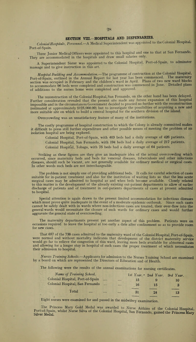 SECTION vm.—HOSPITALS AND DISPENSARIES. Colonial Hospitals, Personnel.—A Medical Superintendent was appointed to the Colonial Hospital, Port-of-Spain. Three Junior Medical Officers were appointed to this hospital and one to that at San Fernando. They are accommodated in the hospitals and draw small salaries only. A Superintendent Sister was appointed to the Colonial Hospital, Port-of-Spain, to adminster massage and to give instruction in this art. Hospital Building and Accommodation.—The programme of contraction at the Colonial Hospital, Port-of-Spain, outlined in the Annual Report for last year has been commenced. The maternity section was occupied in February and the children’s ward in April. Plans of two new ward blocks to accommodate 96 beds were completed and construction was commenced in June. Detailed plans of additions to the nurses home were completed and approved. The reconstruction of the Colonial Hospital, San Fernando, on the other hand has been delayed. Further consideration revealed that the present site made any future expansion of this hospital impossible and in the circumstances Government decided to proceed no further with the reconstruction (estimated at approximately $125,000.00) but to investigate the possibilties of acquiring a new and more suitable site on which to build a central hospital for the southern division of the island. Overcrowding was an unsatisfactory feature of many of the institutions. The costly programme of hospital construction to which the Colony is already committed makes it difficult to press still further expenditure and other possible means of meeting the problem of an isolation hospital are being explored. Colonial Hospital, Port-of-Spain, with 403 beds had a daily average of 426 patients. Colonial Hospital, San Fernando, with 194 beds had a daily average of 217 patients. Colonial Hospital, Tobago, with 75 beds had a daily average of 64 patients. Striking as these figures are they give an inadequate idea of the actual overcrowding which occurred, since maternity beds and beds for venereal diseases, tuberculosis and other infectious diseases, should such be vacant, are not generally available for ordinary medical or surgical cases. In other words such beds are not interchangeable. The problem is not simply one of providing additional beds. It calls for careful selection of cases suitable for in-patient treatment and also for the institution of waiting lists so that the less acute surgical cases may be admitted to hospital as and when beds become available. Closely related to this matter is the development of the already existing out-patient departments to allow of earlier- discharge of patients and of treatment in out-patients departments of cases at present admitted to hospital. Special attention is again drawn to the present limited accommodation for infectious diseases which must prove quite inadequate in the event of a moderate epidemic outbreak. Since such cases cannot be safely dealt with in wards where non-infectious cases are treated, their over-flow into the general wards would necessitate the closure of such wards for ordinary cases and would further aggravate the general state of overcrowding. The maternity departments present yet another aspect of this problem. Patients were on occasions required to leave the hospital at too early a date after confinement so as to provide room for new cases. That 657 of the 738 cases admitted to the maternity ward of the Colonial Hospital, Port-of-Spain, were normal and without mortality indicates that development of the district maternity service would go far to relieve the congestion of this ward, leaving more beds available for abnormal cases and allowing for a longer stay in hospital of such cases the proper treatment of which necessitates their admission to hospital. Nurses Training Schools.—Applicants for admission to the Nurses Training School are examined by a board on which are represented the Directors of Education and of Health. The following were the results of the annual examinations for nursing certificates. Name of Training School. 1st Year. • 2nd Year. 3rd Year. Colonial Hospital, Port-of-Spain .... .... 15 9 jq Colonial Hospital, San Fernando .... .... ig 15 3 Total 31 24 13 Eight nurses were examined for and passed in the midwifery examination. The Princess Mary Gold Medal was awarded to Nurse Aitldns of the Colonial Hospita: SUve^Medal11' NurSe SlIva °f the Colomal HosPital, San Fernando, gained the Princess Mar