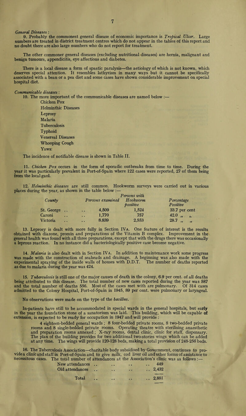 General Diseases : 9. Probably the commonest general disease of economic importance is Tropical Ulcer. Large numbers are treated in district treatment centres which do not appear in the tables of this report and no doubt there are also large numbers who do not report for treatment. The other commoner general diseases (excluding nutritional diseases) are hernia, malignant and benign tumours, appendicitis, eye affections and diabetes. There is a local disease a form of spastic paralysis—the aetiology of which is not known, which deserves special attention. It resembles lathyrism in many ways but it cannot be specifically associated with a bean or a pea diet and some cases have shown considerable improvement on special hospital diet. Communicable diseases: 10. The more important of the communicable diseases are named below :— Chicken Pox Helminthic Diseases Leprosy Malaria Tuberculosis Typhoid Venereal Diseases Whooping Cough Yaws: The incidence of notifiable disease is shown in Table II. 11. Chicken Pox occurs in the form of sporadic outbreaks from time to time. During the year it was particularly prevalent in Port-of-Spain where 122 cases were reported, 27 of them being from the local gaol. 12. Helminthic diseases are still common. Hookworm surveys were carried out in various places during the year, as shown in the table below :— County St. George Caroni Victoria Persons with Persons examined Hookworm positive 4,509 1,524 1,770 757 8.839 2,553 Percentage Positive 33.7 per cent 42.0 28.7 9* )> 13. Leprosy is dealt with more fully in Section IVa. One feature of interest is the results obtained with diazone, promin and preparations of the Vitamin B complex. Improvement in the general health was found with all three preparations, except that with the drugs there was occasionally a leprous reaction. In no instance did a bacteriologically positive case become negative. 14. Malaria is also dealt with in Section IVa. In addition to maintenance work some progress was made with the construction of seaheads and drainage. A beginning was also made with the experimental spraying of the inside walls of houses with D.D.T. The number of deaths reported as due to malaria during the year was 424. 15. Tuberculosis is still one of the major causes of death in the colony, 6.9 per cent, of all deaths being attributed to this disease. The total number of new cases reported during the year was 587 and the total number of deaths 556. Most of the cases met with are pulmonary. Of 314 cases admitted to the Colony Hospital, Port-of-Spain in 1945, 89 per cent, were pulmonary or laryngeal. No observations were made on the type of the bacillus. In-patients have still to be accommodated in special wards in the general hospitals, but early in the year the foundation stone of a sanatorium was laid. This building, which will be capable of extension, is expected to be ready for occupation in 1947 and will provide : 4 eighteen-bedded general wards ; 8 four-bedded private rooms, 8 two-bedded private rooms and 8 single-bedded private rooms. Operating theatre with sterilising anaesthetic and preparation rooms annexed; X-ray rooms, dental clinic, clinic for staff, dispensary. The plan of the building provides for two additional two-stories wings which can be added at any time. The wings will provide 120-128 beds, making a total provision of 248-256 beds. 16. The Tuberculosis Association—charitable body subsidised by Government, continues to pro¬ vide a clinic and staff in Port-of-Spain and to give milk, cod liver oil and other forms of assistance to necessitous cases. The total number of attendances at the Association's clinic was as follows :— New attendances .. .. .. .. 449 Old attendances .. .. .. .. 2,432
