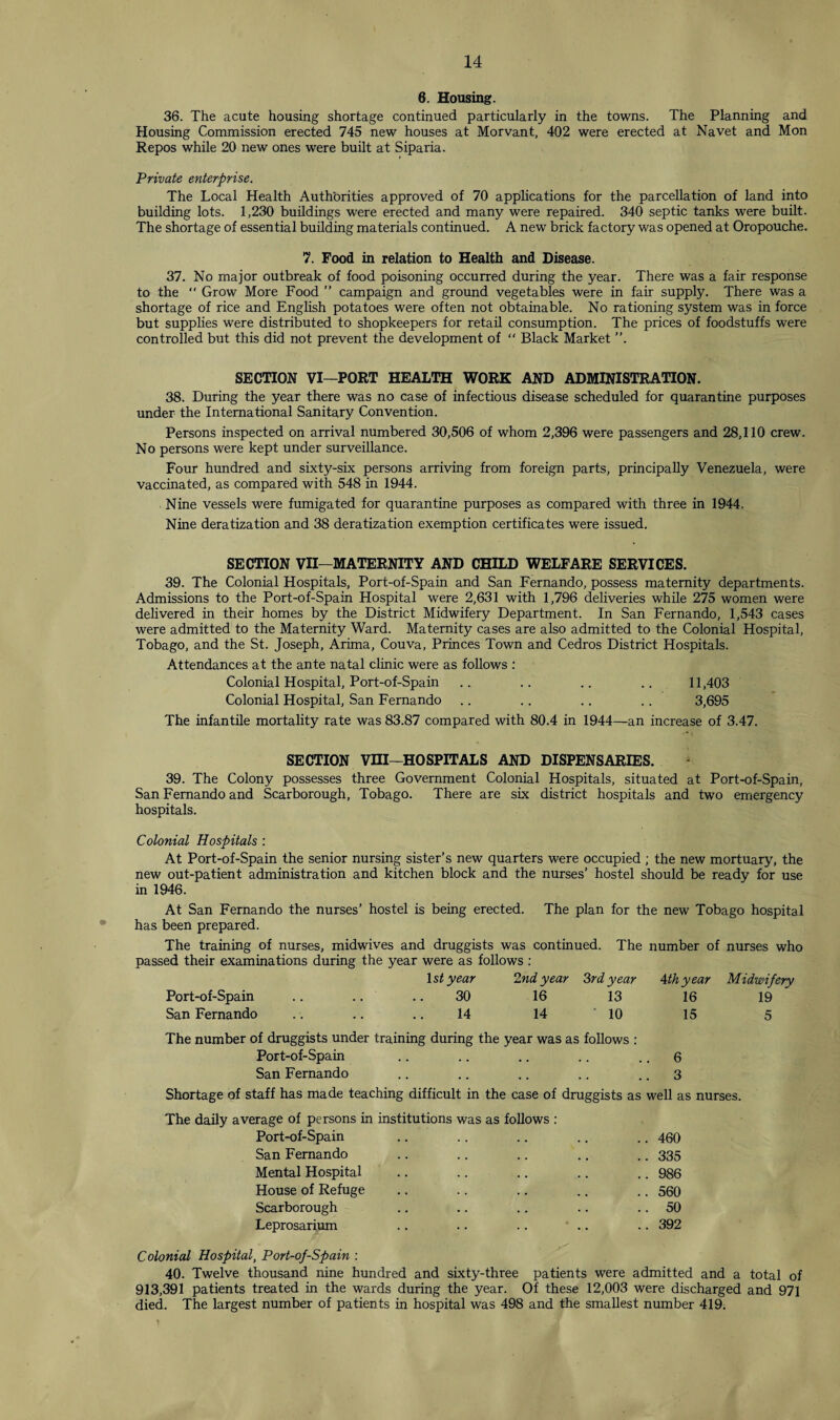 6. Housing. 36. The acute housing shortage continued particularly in the towns. The Planning and Housing Commission erected 745 new houses at Morvant, 402 were erected at Navet and Mon Repos while 20 new ones were built at Siparia. Private enterprise. The Local Health Authorities approved of 70 applications for the parcellation of land into building lots. 1,230 buildings were erected and many were repaired. 340 septic tanks were built. The shortage of essential building materials continued. A new brick factory was opened at Oropouche. 7. Food in relation to Health and Disease. 37. No major outbreak of food poisoning occurred during the year. There was a fair response to the  Grow More Food ” campaign and ground vegetables were in fair supply. There was a shortage of rice and English potatoes were often not obtainable. No rationing system was in force but supplies were distributed to shopkeepers for retail consumption. The prices of foodstuffs were controlled but this did not prevent the development of “ Black Market ”. SECTION VI—PORT HEALTH WORK AND ADMINISTRATION. 38. During the year there was no case of infectious disease scheduled for quarantine purposes under the International Sanitary Convention. Persons inspected on arrival numbered 30,506 of whom 2,396 were passengers and 28,110 crew. No persons were kept under surveillance. Four hundred and sixty-six persons arriving from foreign parts, principally Venezuela, were vaccinated, as compared with 548 in 1944. Nine vessels were fumigated for quarantine purposes as compared with three in 1944. Nine deratization and 38 deratization exemption certificates were issued. SECTION VII—MATERNITY AND CHILD WELFARE SERVICES. 39. The Colonial Hospitals, Port-of-Spain and San Fernando, possess maternity departments. Admissions to the Port-of-Spain Hospital were 2,631 with 1,796 deliveries while 275 women were delivered in their homes by the District Midwifery Department. In San Fernando, 1,543 cases were admitted to the Maternity Ward. Maternity cases are also admitted to the Colonial Hospital, Tobago, and the St. Joseph, Arima, Couva, Princes Town and Cedros District Hospitals. Attendances at the ante natal clinic were as follows : Colonial Hospital, Port-of-Spain .. .. .. .. 11,403 Colonial Hospital, San Fernando .. .. .. .. 3,695 The infantile mortality rate was 83.87 compared with 80.4 in 1944—an increase of 3.47. SECTION vm—HOSPITALS AND DISPENSARIES. 39. The Colony possesses three Government Colonial Hospitals, situated at Port-of-Spain, San Fernando and Scarborough, Tobago. There are six district hospitals and two emergency hospitals. Colonial Hospitals : At Port-of-Spain the senior nursing sister’s new quarters were occupied ; the new mortuary, the new out-patient administration and kitchen block and the nurses’ hostel should be ready for use in 1946. At San Fernando the nurses’ hostel is being erected. The plan for the new Tobago hospital has been prepared. The training of nurses, midwives and druggists was continued. The number of nurses who passed their examinations during the year were as follows : 1st year 2nd year 3rd year 4th year Midwifery Port-of-Spain .. .. 30 16 13 16 19 San Fernando .. .. 14 14 10 15 5 The number of druggists under training during the year was as follows : Port-of-Spain .. .. .. .. .. 6 San Fernando .. .. .. .. .. 3 Shortage of staff has made teaching difficult in the case of druggists as well as nurses. The daily average of persons in institutions was as follows : Port-of-Spain .. .. .. .. .. 460 San Fernando .. .. .. .. .. 335 Mental Hospital .. .. .. .. .. 986 House of Refuge .. .. .. .. .. 560 Scarborough .. .. .. .. .. 50 Leprosarium .. .. .. ' .. .. 392 Colonial Hospital, Port-of-Spain : 40. Twelve thousand nine hundred and sixty-three patients were admitted and a total of 913,391 patients treated in the wards during the year. Of these 12,003 were discharged and 971 died. The largest number of patients in hospital was 498 and the smallest number 419.