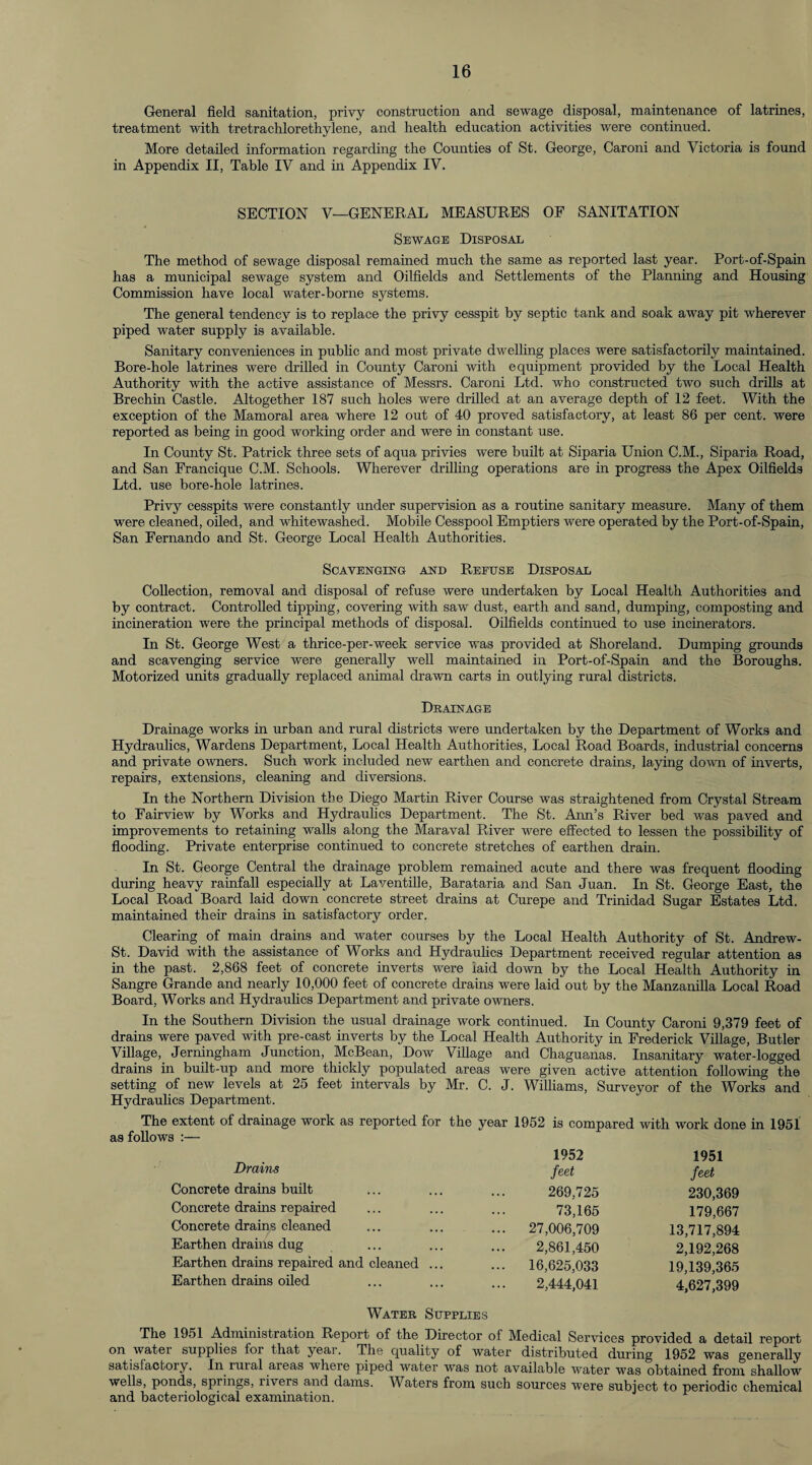 General field sanitation, privy construction and sewage disposal, maintenance of latrines, treatment with tretrachlorethylene, and health education activities were continued. More detailed information regarding the Counties of St. George, Caroni and Victoria is found in Appendix II, Table IV and in Appendix IV. SECTION V—GENERAL MEASURES OF SANITATION Sewage Disposal The method of sewage disposal remained much the same as reported last year. Port-of-Spain has a municipal sewage system and Oilfields and Settlements of the Planning and Housing Commission have local water-borne systems. The general tendency is to replace the privy cesspit by septic tank and soak away pit wherever piped water supply is available. Sanitary conveniences in public and most private dwelling places were satisfactorily maintained. Bore-hole latrines were drilled in County Caroni with equipment provided by the Local Health Authority with the active assistance of Messrs. Caroni Ltd. who constructed two such drills at Brechin Castle. Altogether 187 such holes were drilled at an average depth of 12 feet. With the exception of the Mamoral area where 12 out of 40 proved satisfactory, at least 86 per cent, were reported as being in good working order and were in constant use. In County St. Patrick three sets of aqua privies were built at Siparia Union C.M., Siparia Road, and San Francique C.M. Schools. Wherever drilling operations are in progress the Apex Oilfields Ltd. use bore-hole latrines. Privy cesspits were constantly under supervision as a routine sanitary measure. Many of them were cleaned, oiled, and whitewashed. Mobile Cesspool Emptiers were operated by the Port-of-Spain, San Fernando and St. George Local Health Authorities. Scavenging and Refuse Disposal Collection, removal and disposal of refuse were undertaken by Local Health Authorities and by contract. Controlled tipping, covering with saw dust, earth and sand, dumping, composting and incineration were the principal methods of disposal. Oilfields continued to use incinerators. In St. George West a thrice-per-week service was provided at Shoreland. Dumping grounds and scavenging service were generally well maintained in Port-of-Spain and the Boroughs. Motorized units gradually replaced animal drawn carts in outlying rural districts. Drainage Drainage works in urban and rural districts were undertaken by the Department of Works and Hydraulics, Wardens Department, Local Health Authorities, Local Road Boards, industrial concerns and private owners. Such work included new earthen and concrete drains, laying down of inverts, repairs, extensions, cleaning and diversions. In the Northern Division the Diego Martin River Course was straightened from Crystal Stream to Fairview by Works and Hydraulics Department. The St. Aim’s River bed was paved and improvements to retaining walls along the Maraval River were effected to lessen the possibility of flooding. Private enterprise continued to concrete stretches of earthen drain. In St. George Central the drainage problem remained acute and there was frequent flooding during heavy rainfall especially at Laventille, Barataria and San Juan. In St. George East, the Local Road Board laid down concrete street drains at Curepe and Trinidad Sugar Estates Ltd. maintained their drains in satisfactory order. Clearing of main drains and water courses by the Local Health Authority of St. Andrew- St. David with the assistance of Works and Hydraulics Department received regular attention as in the past. 2,868 feet of concrete inverts were laid down by the Local Health Authority in Sangre Grande and nearly 10,000 feet of concrete drains were laid out by the Manzanilla Local Road Board, Works and Hydraulics Department and private owners. In the Southern Division the usual drainage work continued. In County Caroni 9,379 feet of drains were paved with pre-cast inverts by the Local Health Authority in Frederick Village, Butler Village, Jerningham Junction, McBean, Dow Village and Chaguanas. Insanitary water-logged drains in built-up and more thickly populated areas were given active attention following the setting of new levels at 25 feet intervals by Mr. C. J. Williams, Surveyor of the Works and Hydraulics Department. The extent of drainage work as reported for the year 1952 is compared with work done in 1951 as follows :— 1952 1951 Drains feet feet Concrete drains built 269,725 230,369 Concrete drains repaired 73,165 179,667 Concrete drains cleaned ... 27,006,709 13,717,894 Earthen drains dug 2,861,450 2,192,268 Earthen drains repaired and cleaned ... ... 16,625,033 19,139,365 Earthen drains oiled 2,444,041 4,627,399 Water Supplies The 1951 Administration Report of the Director of Medical Services provided a detail report on watei supplies for that year. The quality of water distributed during 1952 was generally satisfactory. In rural areas where piped water was not available water was obtained from shallow wells, ponds, springs, livers and dams. Waters from such sources were subject to periodic chemical and bacteriological examination.