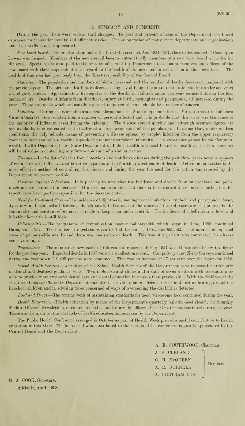 10. SUMMARY AND COMMENTS During the year there were several staff changes. To past and present officers of the Department the Board expresses its thanks for loyalty and efficient service. The co-operation of many other departments and organizations and their staffs is also appreciated. New Local Board.—By proclamation under the Local Government Act, 1934-1957, the district council of Coonalpyn Downs was formed. Members of the new council became automatically members of a new local board of health for the area. Special visits were paid to the area by officers of the Department to acquaint members and officers of the new board with their responsibilities in regard to the health of the area and to assist them in their new tasks. The health of this area had previously been the direct responsibility of the Central Board. Statistics.—The population and numbers of births increased and the number of deaths decreased compared with the previous year. The birth and death rates decreased slightly although the infant death rate (children under one year) was slightly higher. Approximately five-eighths of the deaths in children under one year occurred during the first month of life. Deaths of infants from diarrhoea, injury at birth, meningitis and pneumonia, all increased during the year. These are causes which are usually regarded as preventable and should be a matter of concern. Influenza.—During the year influenza spread throughout the State in epidemic form. Viruses similar to Influenza Virus A/Asia/57 were isolated from a number of persons affected and it is probable that this virus was the cause of the majority of influenza cases during the epidemic. The disease spread quickly and, although accurate figures are not available, it is estimated that it affected a large proportion of the population. It seems that, under modern conditions, the only reliable means of preventing a disease spread by droplet infection from the upper respiratory tract is to have available a vaccine capable of producing sufficient immunity. The experience gained by the Common¬ wealth Health Department, the State Department of Public Health and local boards of health in the 1957 epidemic will be of value in controlling any future epidemic of a similar nature. Tetanus.—In the list of deaths from infectious and notifiable diseases during the past three years tetanus appears after tuberculosis, influenza and infective hepatitis as the fourth greatest cause of death. Active immunization is the most effective method of controlling this disease and during the year the need for this action was stres ed by the Department whenever possible. Progress Against Infections.—It is pleasing to note that the incidence and deaths from tuberculosis and polio¬ myelitis have continued to decrease. It is reasonable to infer that the efforts to control these diseases outlined in this report have been partly responsible for the decrease noted. Need for Continued Care.—The incidence of diphtheria, meningococcal infections, typhoid and paratyphoid fever, dysentery and salmonella infections, though small, indicates that the causes of these diseases are still present in the community and constant effort must be made to keep them under control. The incidence of rubella, scarlet fever and infective hepatitis is still high. Poliomyelitis.—The programme of immunization against poliomyelitis which began in June, 1956, continued throughout 1957. The number of injections given to 31st December, 1957, was 625,662. The number of reported cases of poliomyelitis was 16 and there was one recorded death. This was of a patient who contracted the disease some years ago. Tuberculosis.—The number of new cases of tuberculosis reported during 1957 was 24 per cent below the figure for the previous year. Reported deaths in 1957 were the smallest on record. Compulsory chest X-ray Surveys continued during the year when 119,805 persons were examined. This was an increase of 67 per cent over the figure for 1956. School Health Services.—Activities of the School Health Services of the Department have increased, particularly in dental and deafness guidance work. Two mobile dental clinics and a staff of seven dentists with assistants were able to provide more extensive dental care and dental education in schools than previously. With the facilities of the Deafness Guidance Clinic the Department was able to provide a more efficient service in detecting hearing disabilities in school children and in advising those concerned of ways of overcoming the disabilities detected. Food and Drugs.—The routine work of maintaining standards for good wholesome food continued during the year. Health Education.—Health education by means of the Department’s quarterly bulletin Good Health, the monthly Medical Officers’ Newsletters, circulars, and talks and lectures by officers of the Department continued during the year. These are the main routine methods of health education undertaken by the Department. The Public Health Conference arranged in October as part of Health Week proved a useful contribution to health education in this State. The help of all who contributed to the success of the conference is greatly appreciated by the Central Board and the Department. A. J. G. A. A. R. SOUTHWOOD, Chairman. B. CLELAND h. McQueen R. BURNELL BERTRAM COX S Members. G. J. COOK, Secretary. Adelaide, April, 1958.