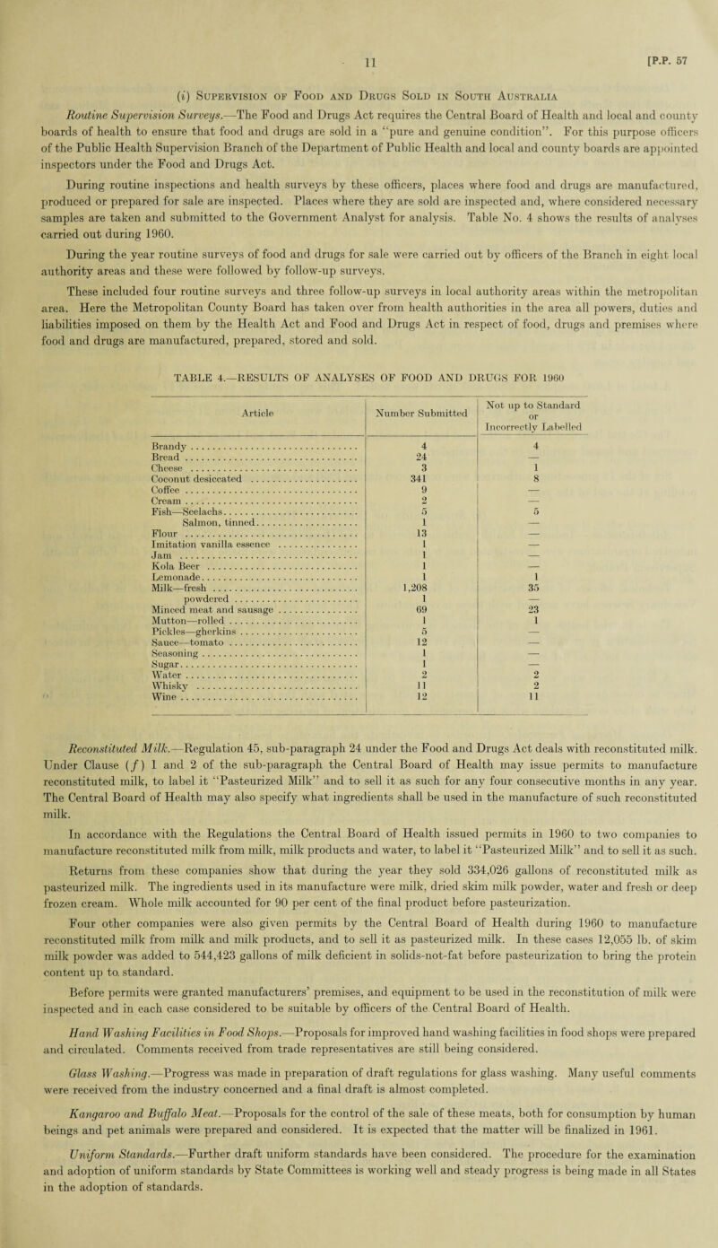 (i) Supervision op Food and Drugs Sold in South Australia Routine Supervision Surveys.—The Food and Drugs Act requires the Central Board of Health and local and county boards of health to ensure that food and drugs are sold in a “pure and genuine condition”. For this purpose officers of the Public Health Supervision Branch of the Department of Public Health and local and county boards are appointed inspectors under the Food and Drugs Act. During routine inspections and health surveys by these officers, places where food and drugs are manufactured, produced or prepared for sale are inspected. Places where they are sold are inspected and, where considered necessary samples are taken and submitted to the Government Analyst for analysis. Table No. 4 shows the results of analyses carried out during 1960. During the year routine surveys of food and drugs for sale were carried out by officers of the Branch in eight local authority areas and these were followed by follow-up surveys. These included four routine surveys and three follow-up surveys in local authority areas within the metropolitan area. Here the Metropolitan County Board has taken over from health authorities in the area all powers, duties and liabilities imposed on them by the Health Act and Food and Drugs Act in respect of food, drugs and premises where food and drugs are manufactured, prepared, stored and sold. TABLE 4.—RESULTS OF ANALYSES OF FOOD AND DRUGS FOR 1960 Article Number Submitted Not up to Standard or Incorrectly Labelled Brandy . 4 4 Bread . 24 — Cheese . 3 1 Coconut desiccated . 341 8 Coffee. 9 — Cream. 2 — Fish—Seelachs. 5 5 Salmon, tinned. 1 — Flour . 13 — Imitation vanilla essence . 1 — Jam . 1 — Kola Beer . 1 — Lemonade. 1 1 Milk—fresh . 1,208 35 powdered. 1 — Minced meat and sausage. 69 23 Mutton—rolled. 1 1 Pickles—gherkins. 5 —- Sauce—tomato. 12 — Seasoning . 1 — Sugar. l — Water. 2 2 Whisky . 11 2 Wine. 12 11 Reconstituted Milk.—Regulation 45, sub-paragraph 24 under the Food and Drugs Act deals with reconstituted milk. Under Clause (/) 1 and 2 of the sub-paragraph the Central Board of Health may issue permits to manufacture reconstituted milk, to label it “Pasteurized Milk” and to sell it as such for any four consecutive months in any year. The Central Board of Health may also specify what ingredients shall be used in the manufacture of such reconstituted milk. In accordance with the Regulations the Central Board of Health issued permits in 1960 to two companies to manufacture reconstituted milk from milk, milk products and water, to label it “Pasteurized Milk” and to sell it as such. Returns from these companies show that during the year they sold 334,026 gallons of reconstituted milk as pasteurized milk. The ingredients used in its manufacture were milk, dried skim milk powder, water and fresh or deep frozen cream. Whole milk accounted for 90 per cent of the final product before pasteurization. Four other companies were also given permits by the Central Board of Health during 1960 to manufacture reconstituted milk from milk and milk products, and to sell it as pasteurized milk. In these cases 12,055 lb. of skim milk powder was added to 544,423 gallons of milk deficient in solids-not-fat before pasteurization to bring the protein content up to. standard. Before permits were granted manufacturers’ premises, and equipment to be used in the reconstitution of milk were inspected and in each case considered to be suitable by officers of the. Central Board of Health. Hand Washing Facilities in Food Shops.—Proposals for improved hand washing facilities in food shops were prepared and circulated. Comments received from trade representatives are still being considered. Glass Washing.—Progress was made in preparation of draft regulations for glass washing. Many useful comments were received from the industry concerned and a final draft is almost completed. Kangaroo and Buffalo Meat.—Proposals for the control of the sale of these meats, both for consumption by human beings and pet animals were prepared and considered. It is expected that the matter will be finalized in 1961. Uniform Standards.—Further draft uniform standards have been considered. The procedure for the examination and adoption of uniform standards by State Committees is working well and steady progress is being made in all States in the adoption of standards.