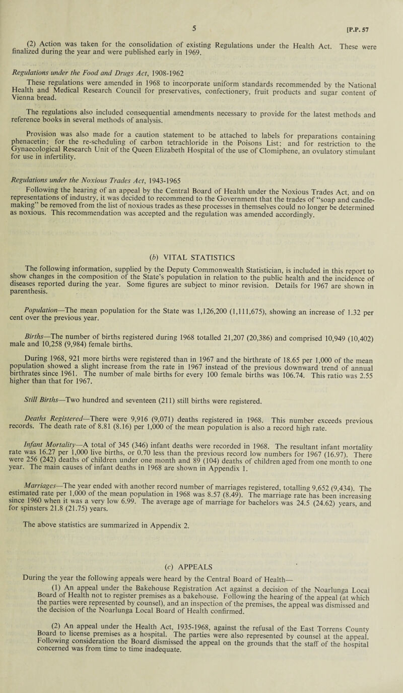 (2) Action was taken for the consolidation of existing Regulations under the Health Act. These were finalized during the year and were published early in 1969. Regulations under the Food and Drugs Act, 1908-1962 These regulations were amended in 1968 to incorporate uniform standards recommended by the National Health and Medical Research Council for preservatives, confectionery, fruit products and sugar content of Vienna bread. The regulations also included consequential amendments necessary to provide for the latest methods and reference books in several methods of analysis. Provision was also made for a caution statement to be attached to labels for preparations containing phenacetin, for the re-scheduling of carbon tetrachloride in the Poisons List; and for restriction to the Gynaecological Research Unit of the Queen Elizabeth Hospital of the use of Clomiphene, an ovulatory stimulant for use in infertility. Regulations under the Noxious Trades Act, 1943-1965 Following the hearing of an appeal by the Central Board of Health under the Noxious Trades Act, and on representations of industry, it was decided to recommend to the Government that the trades of “soap and candle¬ making” be removed from the list of noxious trades as these processes in themselves could no longer be determined as noxious. This recommendation was accepted and the regulation was amended accordingly. (b) VITAL STATISTICS The following information, supplied by the Deputy Commonwealth Statistician, is included in this report to show changes in the composition of the State’s population in relation to the public health and the incidence of diseases reported during the year. Some figures are subject to minor revision. Details for 1967 are shown in parenthesis. Population—The mean population for the State was 1,126,200 (1,111,675), showing an increase of 1.32 per cent over the previous year. Births—The number of births registered during 1968 totalled 21,207 (20,386) and comprised 10,949 (10 402) male and 10,258 (9,984) female births. During 1968, 921 more births were registered than in 1967 and the birthrate of 18.65 per 1,000 of the mean population showed a slight increase from the rate in 1967 instead of the previous downward trend of annual birthrates since 1961. The number of male births for every 100 female births was 106.74. This ratio was 2.55 higher than that for 1967. Still Births—Two hundred and seventeen (211) still births were registered. Deaths Registered— There were 9,916 (9,071) deaths registered in 1968. This number exceeds previous records. The death rate of 8.81 (8.16) per 1,000 of the mean population is also a record high rate. Infant Mortality—A total of 345 (346) infant deaths were recorded in 1968. The resultant infant mortality rate was 16.27 per 1,000 live births, or 0.70 less than the previous record low numbers for 1967 (16 97) There were 256 (242) deaths of children under one month and 89 (104) deaths of children aged from one month to one year. The main causes of infant deaths in 1968 are shown in Appendix 1. Marriages—The year ended with another record number of marriages registered, totalling 9,652 (9,434). The estimated rate per 1,000 of the mean population in 1968 was 8.57 (8.49). The marriage rate has been increasing since 1960 when it was a very low 6.99. The average age of marriage for bachelors was 24.5 (24.62) years and for spinsters 21.8 (21.75) years. The above statistics are summarized in Appendix 2. (c) APPEALS During the year the following appeals were heard by the Central Board of Health— (1) An appeal under the Bakehouse Registration Act against a decision of the Noarlunga Local Board of Health not to register premises as a bakehouse. Following the hearing of the appeal (at which the parties were represented by counsel), and an inspection of the premises, the appeal was dismissed and the decision of the Noarlunga Local Board of Health confirmed. (2) An appeal under the Health Act, 1935-1968, against the refusal of the East Torrens County Board to license premises as a hospital. The parties were also represented by counsel at the appeal. Following consideration the Board dismissed the appeal on the grounds that the staff of the hospital concerned was from time to time inadequate.