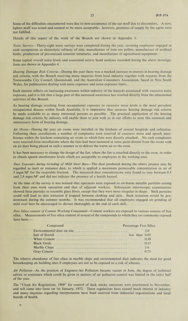 Some of the difficulties encountered were due to non-acceptance of the ear muff due to discomfort. A new, lighter muff was tested and seemed to be more acceptable; however, promises of supply by the agent were not fulfilled. Details of this aspect of the work of the Branch are shown in Appendix 3. Noise Surveys—Thirty-eight noise surveys were completed during the year, covering employees engaged in such occupations as electrolytic refinery of zinc, manufacture of iron ore pellets, manufacture of artificial limbs, production of pre-stressed concrete structures, and manufacture of agricultural equipment. Some typical overall noise levels and associated octave band analyses recorded during the above investiga¬ tions are shown in Appendix 4. Hearing Damage Risk Criteria—During the year there was a marked increase in interest in hearing damage risk criteria, with the Branch receiving many inquiries from local industry together with requests from the Toowoomba City Council, Queensland, and the Australian Consumers Association, based in New South Wales, for publications dealing with noise exposure and noise exposure limits. Such interest reflects an increasing awareness within industry of the hazards associated with excessive noise exposure, and it is felt that a large part of this increased awareness has resulted directly from the educational activities of this Branch. As hearing damage resulting from occupational exposure to excessive noise levels is the most prevalent occupational disease within South Australia, it is imperative that accurate hearing damage risk criteria be made available to as many interested persons as possible. The practical application of the hearing damage risk criteria by industry will enable them to join with us in our efforts to stem this common and unnecessary form of hearing damage. Air Ovens—During the year air ovens were installed in the kitchens of several hospitals and cafeterias. Following these installations a number of complaints were received of excessive noise and speech inter¬ ference within the kitchens containing air ovens to which fans were directly attached. No such complaints were received from installations where the fans had been mounted at some point distant from the ovens with an air duct being placed in such a manner as to deliver the warm air to the oven. It has been necessary to change the design of the fan, where the fan is attached directly to the oven, in order to obtain speech interference levels which are acceptable to employees in the working area. Dust Exposure during Grinding of Mild Steel Bars—The dust produced during the above process may be regarded as inert or nuisance dust, to which is applied a maximum permissable concentration in air of 5 mgm/M3 for the respirable fraction. The measured dust concentrations were found to vary between 0.5 and 2.8 mgm/M3 and did not indicate the presence of a health hazard. At the time of the survey it was noticed that operators were exposed to air-borne metallic particles arising from their own work operation and that of adjacent workers. Subsequent microscopic examinations showed these particles to resemble glass fibres, except that they were more irregular in shape. Such particles could well lead to skin irritation if trapped between clothing and skin. Such irritation would be pre¬ dominant during the summer months. It was recommended that all employees engaged on grinding of mild steel bars be encouraged to shower thoroughly at the end of each shift. Free Silica content of Cement Working Compounds—Cement workers are exposed to various sources of free silica. Measurements of free silica content of several of the compounds to which they are commonly exposed have been:— Compound Environmental dust on site Salt of Sorrell . White Cement . Black Oxide . Marble Chips . Gray Cement . Percentage Free Silica 2.0 .. . less than 0.05 0.10 0.15 3.6 0.75 The relative abundance of free silica in marble chips and environmental dust indicates the need for good housekeeping on building sites if employees are not to be exposed to a risk of silicosis. Air Pollution—As the position of Engineer-Air Pollution became vacant in June, the degree of technical advice or assistance which could be given in matters of air pollution control was limited in the latter half of the year. The “Clean Air Regulations, 1969” for control of dark smoke emissions were proclaimed in November, and will come into force on 1st January, 1972. These regulations have caused much interest in industry and many inquiries regarding interpretation have been received from industrial organizations and local boards of health. c