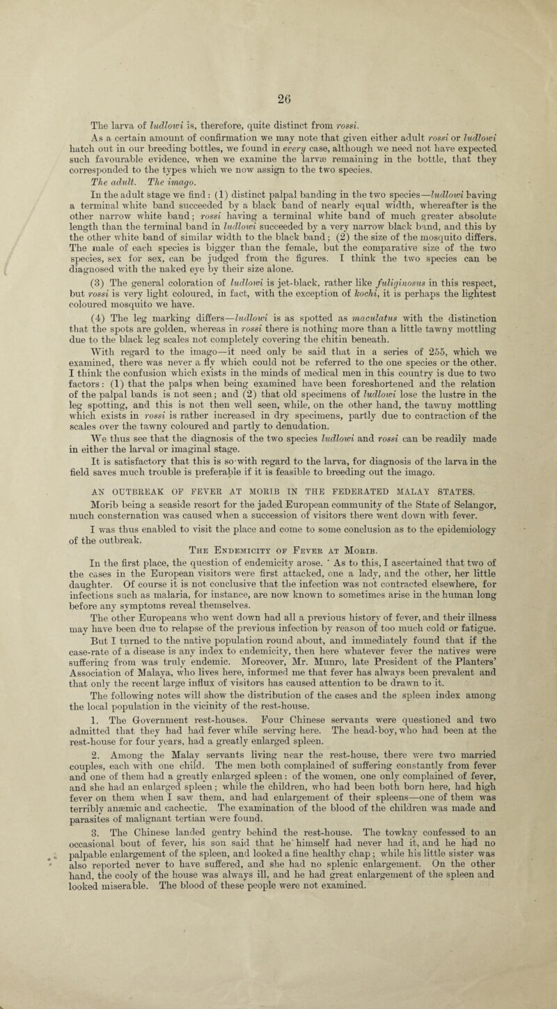 Tlie larva of ludlowi is, therefore, quite distinct from rossi. As a certain amount of confirmation we may note that given either adult rossi or ludlowi hatch out in our breeding bottles, we found in every case, although we need not have expected such favourable evidence, when we examine the larvce remaining in the bottle, that they corresponded to the types which we now assign to the two species. The adult. The imago. In the adult stage we find : (1) distinct palpal banding in the two species—ludlowi having a terminal white band succeeded by a black band of nearly equal width, whereafter is the other narrow white band; rossi having a terminal white band of much greater absolute length than the terminal band in ludlowi succeeded by a very narrow black band, and this by the other white band of similar width to the black band; (2) the size of the mosquito differs. The male of each species is bigger than the female, but the comparative size of the two species, sex for sex, can be judged from the figures. I think the two species can be diagnosed with the naked eye by their size alone. (3) The general coloration of ludlowi is jet-black, rather like fuligmosus in this respect, but rossi is very light coloured, in fact, with the exception of hochi, it is perhaps the lightest coloured mosquito we have. (4) The leg marking differs—ludlowi is as spotted as maculatus with the distinction tliat the spots are golden, whereas in rossi there is nothing more than a little tawny mottling due to the black leg scales not completely covering the chitin beneath. With regard to the imago—it need only be said that in a series of 255, which we examined, there was never a flv which could not be referred to the one species or the other. I think the confusion which exists in the minds of medical men in this country is due to two factors: (1) that the palps when being examined have been foreshortened and the relation of the palpal bands is not seen; and (2) that old specimens of ludlowi lose the lustre in the leg spotting, and this is not then well seen, while, on the other hand, the tawny mottling which exists in rossi is rather increased in dry specimens, partly due to contraction of the scales over the tawny coloured and partly to denudation. We thus see that the diagnosis of the two species ludlowi and rossi can be readily made in either the larval or imaginal stage. It is satisfactory that this is so-with regard to the larva, for diagnosis of the larva in the field saves much trouble is preferable if it is feasible to breeding out the imago. AN OUTBREAK OF FEVER AT MORIB IN THE FEDERATED MALAT STATES. Morib being a seaside resort for the jaded European community of the State of Selangor, much consternation was caused when a succession of visitors there went down with fever. I was thus enabled to visit the place and come to some conclusion as to the epidemiology of the outbreak. The Endemicity of Fever at Morib. In the first place, the question of endemicity arose. ' As to this, I ascertained that two of the cases in the European visitors were first attacked, one a lady, and the other, her little daughter. Of course it is not conclusive that the infection was not contracted elsewhere, for infections such as malaria, for instance, are now known to sometimes arise in the human long before any symptoms reveal themselves. The other Europeans who went down had all a pi’evious history of fever, and their illness may have been due to relapse of the previous infection by reason of too much cold or fatigue. But I turned to the native population round about, and immediately found that if the case-rate of a disease is any index to endemicity, then here whatever fever the natives were suffering from was truly endemic. Moreover, Mr. Munro, late President of the Planters’ Association of Malaya, who lives here, informed me that fever has always been prevalent and that only the recent large influx of visitors has caused attention to be drawn to it. The following notes will show the distribution of the cases and the spleen index among the local population in the vicinity of the rest-house. 1. The Government rest-houses. Four Chinese servants were questioned and two admitted that they had had fever while serving here. The liead-boy, who had been at the rest-house for four years, had a greatly enlarged spleen. 2. Among the Malay servants living near the rest-house, there were two married couples, each with one child. The men both complained of suffering constantly from fever and one of them had a greatly enlarged spleen: of the women, one only complained of fever, and she had an enlarged spleen; while the children, who had been both born here, had high fever on them when I saw them, and had enlargement of their spleens—one of them was terribly anaemic and cachectic. The examination of the blood of the children was made and parasites of malignant tertian were found. 3. The Chinese landed gentry behind the rest-house. The towkay confessed to an occasional bout of fever, his son said that he'himself had never had it, and he hfld no palpable enlargement of the spleen, and looked a fine healthy chap ; while his little sister was also reported never to have suffered, and she had no splenic enlargement. On the other hand, the cooly of the house was always ill, and he had great enlargement of the spleen and looked miserable. The blood of these people were not examined.