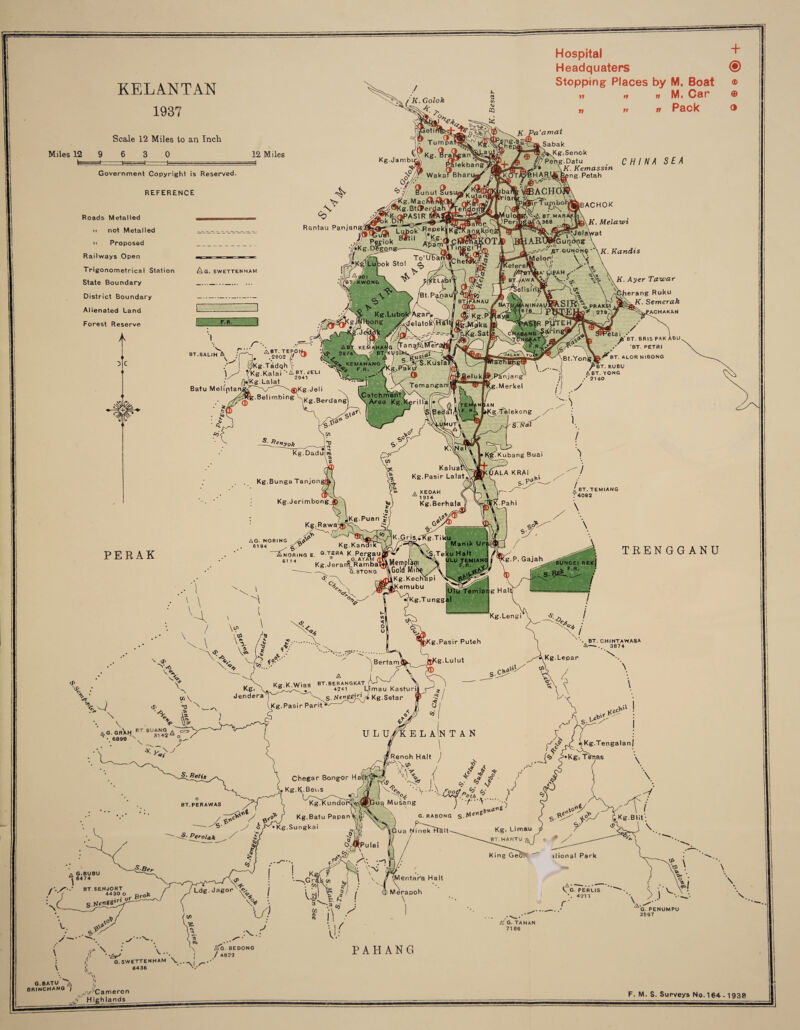 Miles 12 k KELANTAN 1987 Scale 12 Miles to an Inch 6 Hospital + Headquaters ® Stopping Places by M. Boat ® »» n KPa’amat Sabak Kg.Senok Peng.Datu K. Kemassin H n g. Petah r^inbQhij^gACHOK r1 1i n M. Car n Pack 0 0 CHINA SEA K. Melawi \K. Ayer Tawar G. PENUMPU 3597 PAHANG G.BATU A BRINCHANG I ^Cameron jT Highlands
