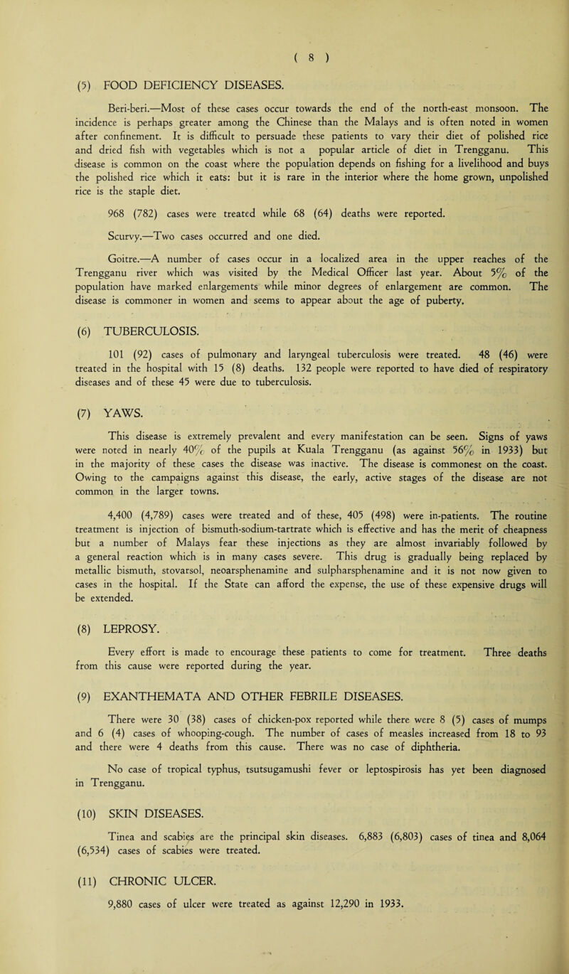 (5) FOOD DEFICIENCY DISEASES. Beri-beri.—Most of these cases occur towards the end of the north-east monsoon. The incidence is perhaps greater among the Chinese than the Malays and is often noted in women after confinement. It is difficult to persuade these patients to vary their diet of polished rice and dried fish with vegetables which is not a popular article of diet in Trengganu. This disease is common on the coast where the population depends on fishing for a livelihood and buys the polished rice which it eats: but it is rare in the interior where the home grown, unpolished rice is the staple diet. 968 (782) cases were treated while 68 (64) deaths were reported. Scurvy.—Two cases occurred and one died. Goitre.—A number of cases occur in a localized area in the upper reaches of the Trengganu river which was visited by the Medical Officer last year. About 5% of the population have marked enlargements while minor degrees of enlargement are common. The disease is commoner in women and seems to appear about the age of puberty. (6) TUBERCULOSIS. 101 (92) cases of pulmonary and laryngeal tuberculosis were treated. 48 (46) were treated in the hospital with 15 (8) deaths. 132 people were reported to have died of respiratory diseases and of these 45 were due to tuberculosis. (7) YAWS. This disease is extremely prevalent and every manifestation can be seen. Signs of yaws were noted in nearly 40% of the pupils at Kuala Trengganu (as against 56% in 1933) but in the majority of these cases the disease was inactive. The disease is commonest on the coast. Owing to the campaigns against this disease, the early, active stages of the disease are not common in the larger towns. 4,400 (4,789) cases were treated and of these, 405 (498) were in-patients. The routine treatment is injection of bismuth-sodium-tartrate which is effective and has the merit of cheapness but a number of Malays fear these injections as they are almost invariably followed by a general reaction which is in many cases severe. This drug is gradually being replaced by metallic bismuth, stovarsol, neoarsphenamine and sulpharsphenamine and it is not now given to cases in the hospital. If the State can afford the expense, the use of these expensive drugs will be extended. (8) LEPROSY. Every effort is made to encourage these patients to come for treatment. Three deaths from this cause were reported during the year. (9) EXANTHEMATA AND OTHER FEBRILE DISEASES. There were 30 (38) cases of chicken-pox reported while there were 8 (5) cases of mumps and 6 (4) cases of whooping-cough. The number of cases of measles increased from 18 to 93 and there were 4 deaths from this cause. There was no case of diphtheria. No case of tropical typhus, tsutsugamushi fever or leptospirosis has yet been diagnosed in Trengganu. (10) SKIN DISEASES. Tinea and scabies are the principal skin diseases. 6,883 (6,803) cases of tinea and 8,064 (6,534) cases of scabies were treated. (11) CHRONIC ULCER. 9,880 cases of ulcer were treated as against 12,290 in 1933.