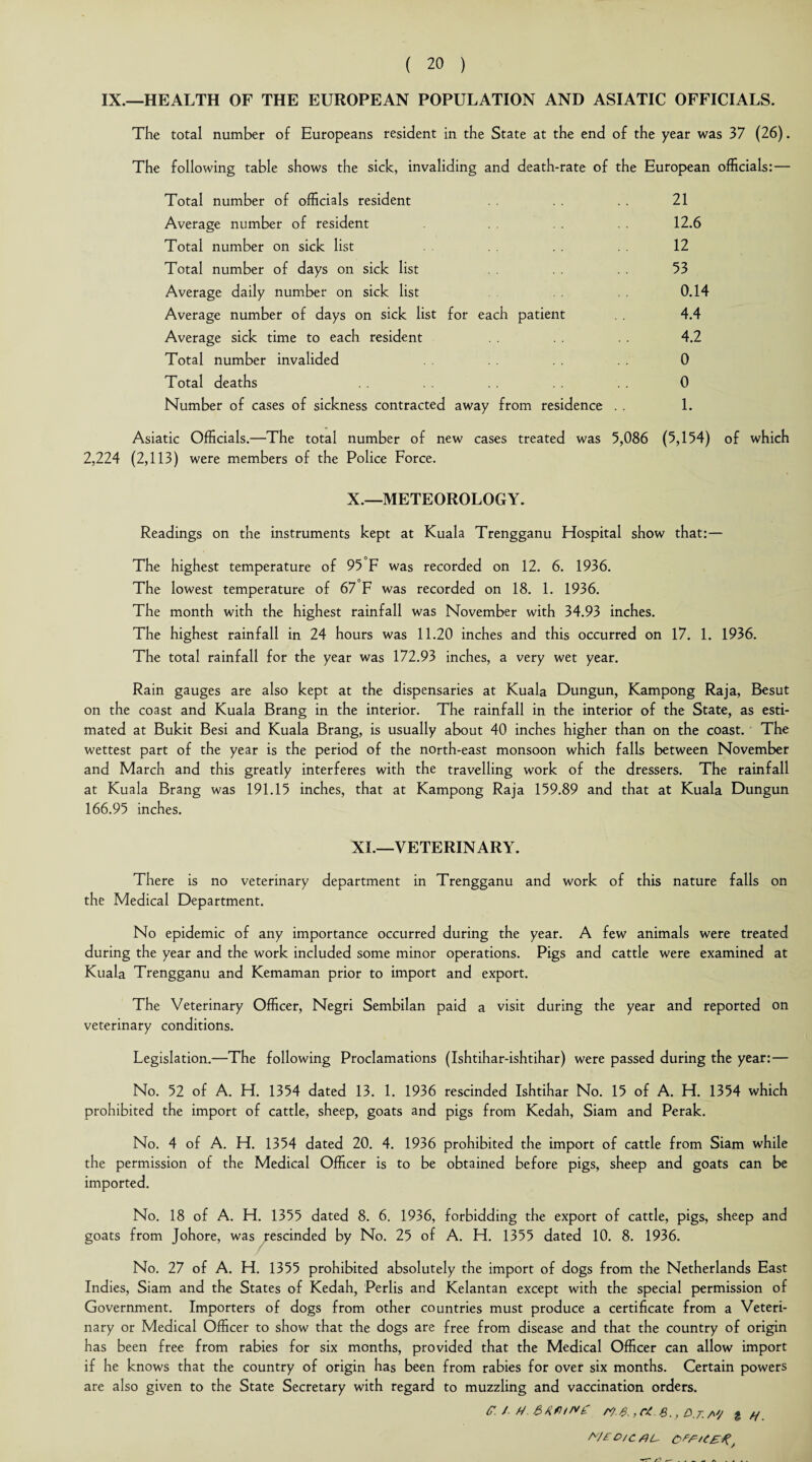 IX.—HEALTH OF THE EUROPEAN POPULATION AND ASIATIC OFFICIALS. The total number of Europeans resident in the State at the end of the year was 37 (26). The following table shows the sick, invaliding and death-rate of the European officials:— Total number of officials resident 21 Average number of resident 12.6 Total number on sick list 12 Total number of days on sick list 53 Average daily number on sick list 0.14 Average number of days on sick list for each patient . . 4.4 Average sick time to each resident . . 4.2 Total number invalided 0 Total deaths 0 Number of cases of sickness contracted away from residence . . 1. Asiatic Officials.—The total number of new cases treated was 5,086 (5,154) of which 2,224 (2,113) were members of the Police Force. X. —METEOROLOGY. Readings on the instruments kept at Kuala Trengganu Hospital show that:— The highest temperature of 95 F was recorded on 12. 6. 1936. The lowest temperature of 67 F was recorded on 18. 1. 1936. The month with the highest rainfall was November with 34.93 inches. The highest rainfall in 24 hours was 11.20 inches and this occurred on 17. 1. 1936. The total rainfall for the year was 172.93 inches, a very wet year. Rain gauges are also kept at the dispensaries at Kuala Dungun, Kampong Raja, Besut on the coast and Kuala Brang in the interior. The rainfall in the interior of the State, as esti¬ mated at Bukit Besi and Kuala Brang, is usually about 40 inches higher than on the coast. The wettest part of the year is the period of the north-east monsoon which falls between November and March and this greatly interferes with the travelling work of the dressers. The rainfall at Kuala Brang was 191.15 inches, that at Kampong Raja 159.89 and that at Kuala Dungun 166.95 inches. XI. —VETERINARY. There is no veterinary department in Trengganu and work of this nature falls on the Medical Department. No epidemic of any importance occurred during the year. A few animals were treated during the year and the work included some minor operations. Pigs and cattle were examined at Kuala Trengganu and Kemaman prior to import and export. The Veterinary Officer, Negri Sembilan paid a visit during the year and reported on veterinary conditions. Legislation.—The following Proclamations (Ishtihar-ishtihar) were passed during the year: — No. 52 of A. H. 1354 dated 13. 1. 1936 rescinded Ishtihar No. 15 of A. H. 1354 which prohibited the import of cattle, sheep, goats and pigs from Kedah, Siam and Perak. No. 4 of A. H. 1354 dated 20. 4. 1936 prohibited the import of cattle from Siam while the permission of the Medical Officer is to be obtained before pigs, sheep and goats can be imported. No. 18 of A. H. 1355 dated 8. 6. 1936, forbidding the export of cattle, pigs, sheep and goats from Johore, was rescinded by No. 25 of A. H. 1355 dated 10. 8. 1936. No. 27 of A. H. 1355 prohibited absolutely the import of dogs from the Netherlands East Indies, Siam and the States of Kedah, Perlis and Kelantan except with the special permission of Government. Importers of dogs from other countries must produce a certificate from a Veteri¬ nary or Medical Officer to show that the dogs are free from disease and that the country of origin has been free from rabies for six months, provided that the Medical Officer can allow import if he knows that the country of origin has been from rabies for over six months. Certain powers are also given to the State Secretary with regard to muzzling and vaccination orders. C. / // we. ,c£ 8., O.r.M Me O/C AL-