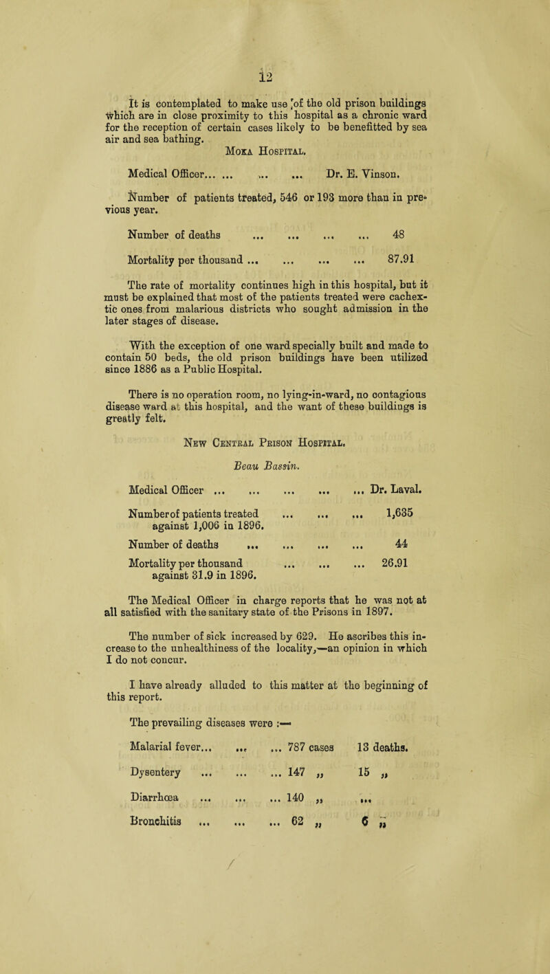 It is contemplated to make use 'of the old prison buildings Which are in close proximity to this hospital as a chronic ward for the reception of certain cases likely to be benefitted by sea air and sea bathing. Moka Hospital. Medical Officer. .. Dr. E. Vinson. Humber of patients treated, 546 or 193 more than in pre¬ vious year. Number of deaths .. ... 48 Mortality per thousand. 87.91 The rate of mortality continues high in this hospital, but it must be explained that most of the patients treated were cachex- tic ones from malarious districts who sought admission in the later stages of disease. With the exception of one ward specially built and made to contain 50 beds, the old prison buildings have been utilized since 1886 as a Public Hospital. There is no operation room, no lying-in-ward, no contagious disease ward at this hospital, and the want of these buildings is greatly felt. New Central Prison Hospital. Beau Bassin. Medical Officer ... .Dr. Laval. Number of patients treated ... ... 1,635 against 1,006 in 1896. Number of deaths ,. ... ... 44 Mortality per thousand . 26.91 against 31.9 in 1896. The Medical Officer in charge reports that he was not at all satisfied with the sanitary state of the Prisons in 1897. The number of sick increased by 629. He ascribes this in¬ crease to the unhealthiness of the locality,—an opinion in which I do not concur. I have already alluded to this matter at the beginning of this report. The prevailing diseases were Malarial fever... ,.e ... 787 cases 13 deaths. Dysentery . ... 147 „ 15 „ Diarrhoea ... ... 140 ,, • M Bronchitis . ... 62 „ « » /