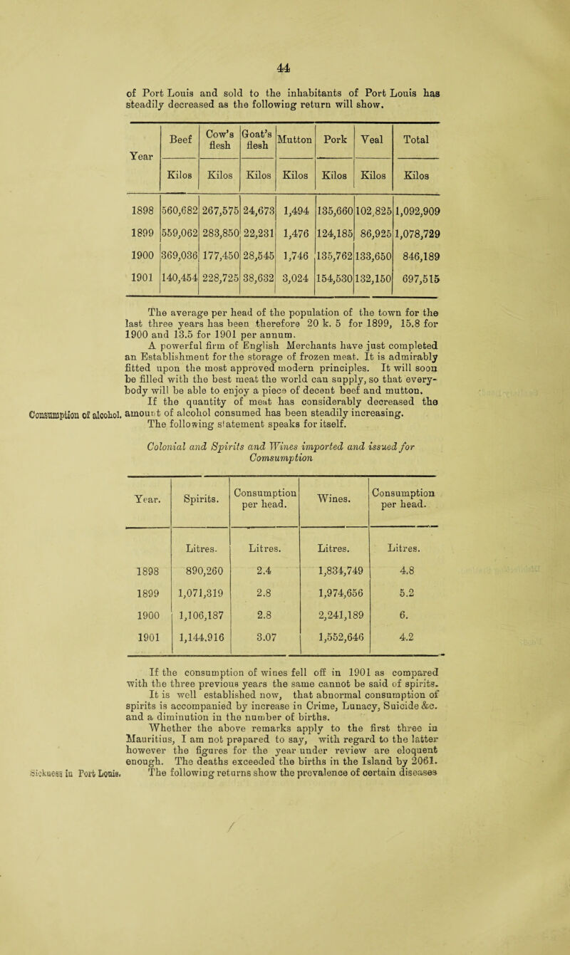 Consumption of alcohol. Sickaess iu Port Louis. of Port Louis and sold to the inhabitants of Port Louis has steadily decreased as the following return will show. Year Beef Cow’s flesh Goat’s flesh Mutton Pork Yeal Total Kilos Kilos Kilos Kilos Kilos Kilos Kilos 1898 560,682 267,575 24,673 1,494 135,660 102,825 1,092,909 1899 559,062 283,850 22,231 1,476 124,185 86,925 1,078,729 1900 369,036 177,450 28,545 1,746 135,762 133,650 846,189 1901 140,454 228,725 38,632 3,024 154,530 132,150 697,515 The average per head of the population of the town for the last three years has been .therefore 20 k. 5 for 1899, 15.8 for 1900 and 13.5 for 1901 per annum. A powerful firm of English Merchants have just completed an Establishment for the storage of frozen meat. It is admirably fitted upon the most approved modern principles. It will soon be filled witli the best meat the world can supply, so that every- body will be able to enjoy a piece of decent beef and mutton. If the quantity of meat has considerably decreased the amount of alcohol consumed has been steadily increasing. The following slatement speaks for itself. Colonial and Spirits and Wines imported and issued for Comsumption Year. Spirits. Consumption per head. Wines. Consumption per head. Litres. Litres. Litres. Litres. 1898 890,260 2.4 1,831,749 4.8 1899 1,071,319 2.8 1,974,656 5.2 1900 1,106,187 2.8 2,241,189 6. 1901 1,144.916 3.07 1,552,646 4.2 If the consumption of wines fell off in 1901 as compared with the three previous years the same cannot be said of spirits. It is well established now, that abnormal consumption of spirits is accompanied by increase in Crime, Lunacy, Suicide &c. and a diminution iu the number of births. Whether the above remarks apply to the first three in Mauritius, I am not prepared to say, with regard to the latter however the figures for the year under review are eloquent enough. The deaths exceeded the births in the Island by 2061. The following returns show the prevalence of certain diseases /