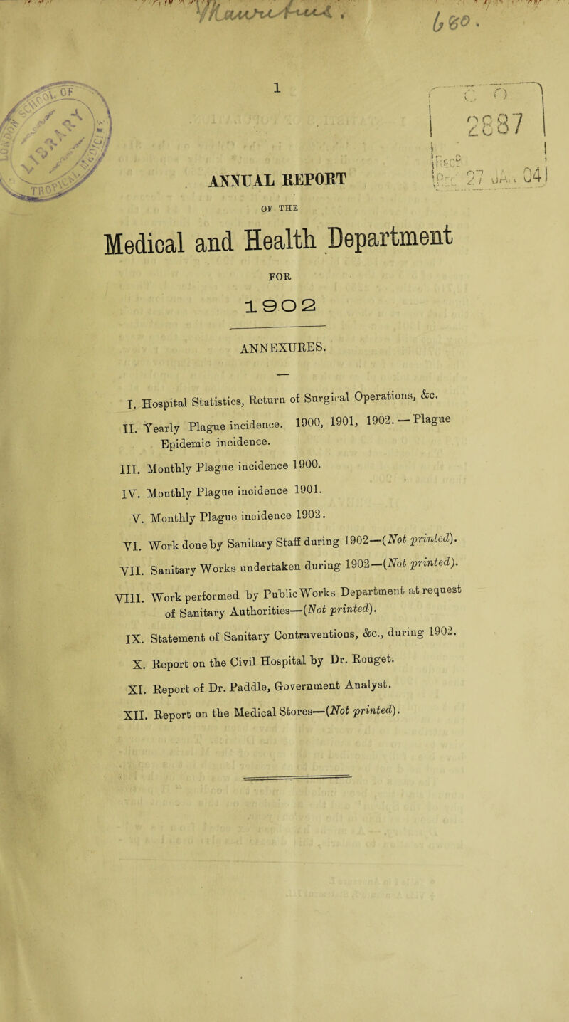 ANNUAL REPORT OP THE Medical and Health Department FOR 190 2 ANNEXURES. I. Hospital Statistics, Return of Surgical Operations, &c. II. Yearly Plague incidence. 1900, 1901, 1902.-Plague Epidemic incidence. HI. Monthly Plague incidence 1900. IV. Monthly Plague incidence 1901. V. Monthly Plague incidence 1902. VI. Work done by Sanitary Staff during m2-[Not printed). VII. Sanitary Works undertaken during 1902—{Not printed). VIII. Work performed by Public Works Department at request of Sanitary Authorities— {Not printed). IX. Statement of Sanitary Contraventions, &c., during 1902. X. Report on the Civil Hospital by Dr. Rouget. XI. Report of Dr. Paddle, Government Aualyst. XII. Report on the Medical Stores—[Not printed). p'AC- \0r i5 * - 9 £. ~1 ; A / UMt