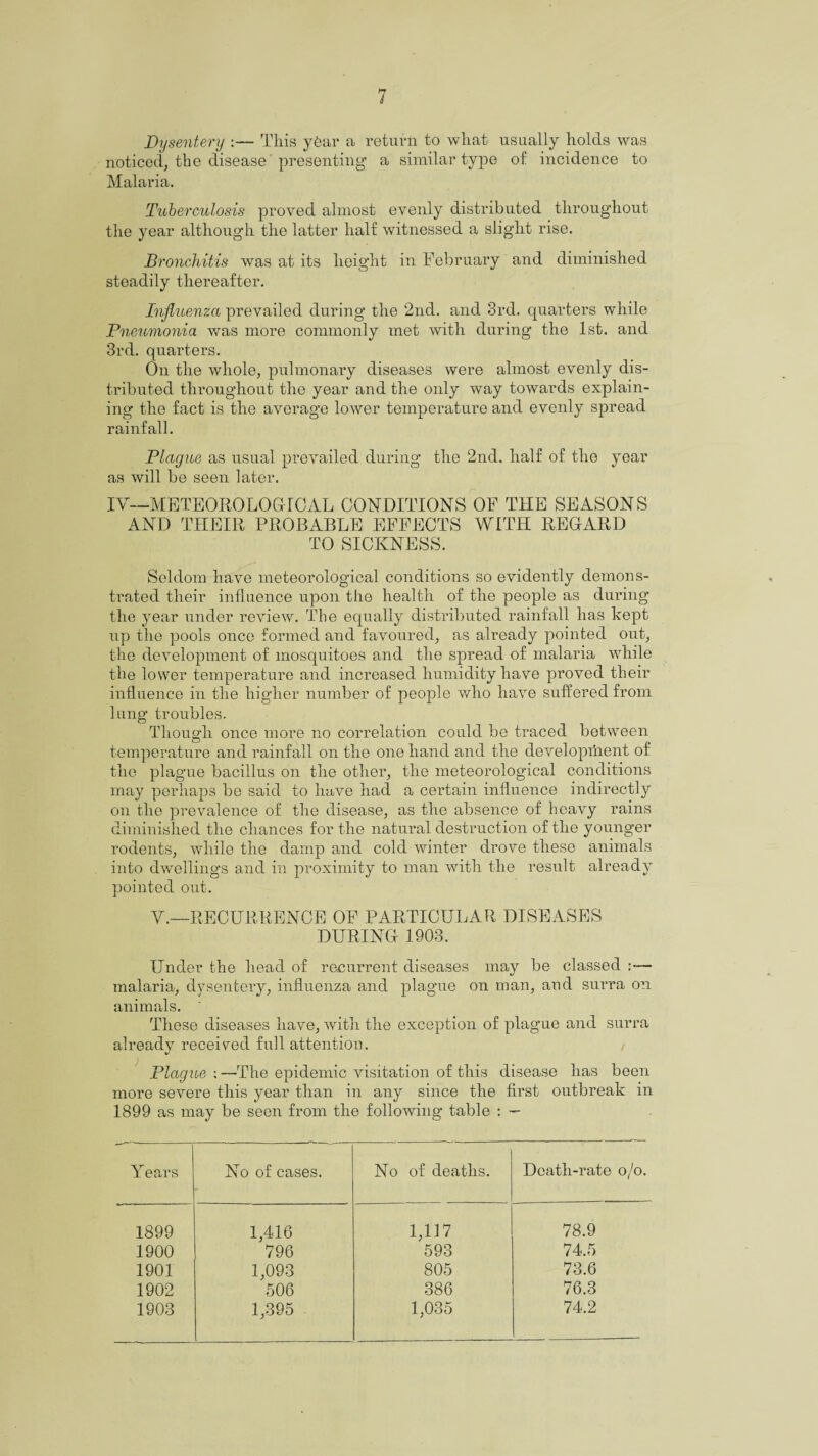 Dysentery :— This yOar a return to what usually holds was noticed, the disease presenting a similar type of incidence to Malaria. Tuberculosis proved almost evenly distributed throughout the year although the latter half witnessed a slight rise. Bronchitis was at its height in February and diminished steadily thereafter. Influenza prevailed during the 2nd. and 3rd. quarters while Pneumonia was more commonly met with during the 1st. and 3rd. quarters. On the whole; pulmonary diseases were almost evenly dis¬ tributed throughout the year and the only way towards explain¬ ing the fact is the average lower temperature and evenly spread rainfall. Plague as usual prevailed during the 2nd. half of the year as will be seen later. IV—METEOROLOGICAL CONDITIONS OF THE SEASONS AND THEIR PROBABLE EFFECTS WITH REGARD TO SICKNESS. Seldom have meteorological conditions so evidently demons¬ trated their influence upon the health of the people as during the year under review. The equally distributed rainfall has kept up the pools once formed and favoured; as already pointed out; the development of mosquitoes and the spread of malaria while the lower temperature and increased humidity have proved their influence in the higher number of people who have suffered from lung troubles. Though once more no correlation could be traced between temperature and rainfall on the one hand and the development of the plague bacillus on the other; the meteorological conditions may perhaps be said to have had a certain influence indirectly on the prevalence of the disease, as the absence of heavy rains diminished the chances for the natural destruction of the younger rodents, while the damp and cold winter drove these animals into dwellings and in proximity to man with the result already pointed out. V.—RECURRENCE OF PARTICULAR DISEASES DURING 1903. Under the head of recurrent diseases may be classed malaria, dysentery, influenza and plague on man, and surra on animals. These diseases have, with the exception of plague and surra already received full attention. / Plague : —The epidemic visitation of this disease has been more severe this year than in any since the first outbreak in 1899 as may be seen from the following table : — Years No of cases. No of deaths. Death-rate o/o. 1899 1,416 1,117 78.9 1900 796 593 74.5 1901 1,093 805 73.6 1902 506 386 76.3 1903 1,395 1,035 74.2