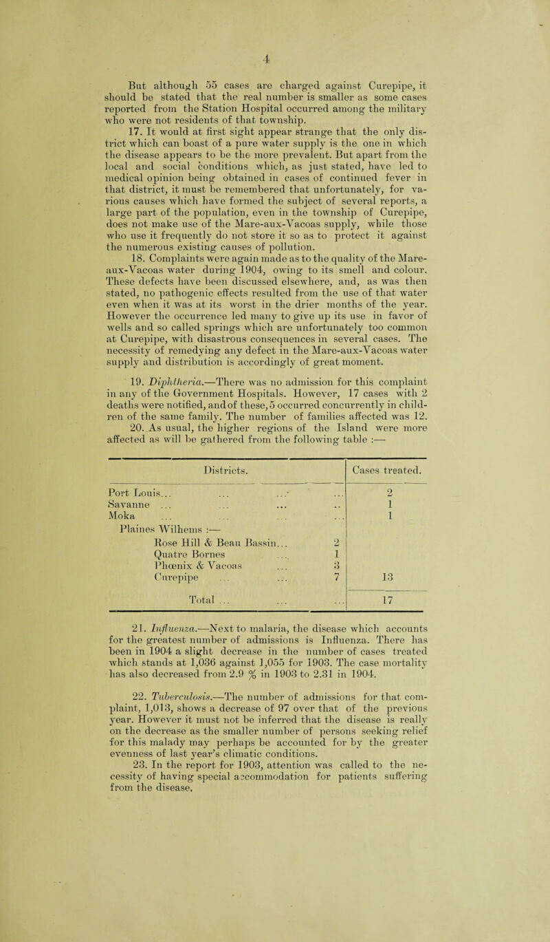 But although 55 cases are charged against Curepipe, it should be stated that the real number is smaller as some cases reported from the Station Hospital occurred among the military who were not residents of that township. 17. It would at first sight appear strange that the only dis¬ trict which can boast of a pure water supply is the one in which the disease appears to be the more prevalent. But apart from the local and social conditions which, as just stated, have led to medical opinion being obtained in cases of continued fever in that district, it must be remembered that unfortunately, for va¬ rious causes which have formed the subject of several reports, a large part of the population, even in the township of Curepipe, does not make use of the Mare-aux-Vacoas supply, while those who use it frequently do not store it so as to protect it against the numerous existing causes of pollution. 18. Complaints were again made as to the quality of the Mare- aux-Vacoas water during 1904, owing to its smell and colour. These defects have been discussed elsewhere, and, as was then stated, no pathogenic effects resulted from the use of that water even when it was at its worst in the drier months of the year. However the occurrence led many to give up its use in favor of wells and so called springs which are unfortunately too common at Curepipe, with disastrous consequences in several cases. The necessity of remedying any defect in the Mare-aux-Vacoas water supply and distribution is accordingly of great moment. 19. Diphtheria.—There was no admission for this complaint in any of the Government Hospitals. However, 17 cases with 2 deaths were notified, and of these, 5 occurred concurrently in child¬ ren of the same family. The number of families affected was 12. 20. As usual, the higher regions of the Island were more affected as will be gathered from the following table :— Districts. Cases treated. Port Louis... ... . 2 Savanne ... 1 Moka 1 Plaines Wilhems :— Rose Hill & Beau Bassin... 2 Quatre Bornes 1 Phoenix & Vacoas 3 Curepipe 7 13 Total ... 17 21. Influenza.—Next to malaria, the disease which accounts for the greatest number of admissions is Influenza. There has been in 1904 a slight decrease in the number of cases treated which stands at 1,036 against 3,055 for 1903. The case mortality has also decreased from 2.9 °/Q in 1903 to 2.31 in 1904. 22. Tuberculosis.—The number of admissions for that com¬ plaint, 1,013, shows a decrease of 97 over that of the previous year. However it must not be inferred that the disease is really on the decrease as the smaller number of persons seeking relief for this malady may perhaps be accounted for by the greater evenness of last year’s climatic conditions. 23. In the report for 1903, attention was called to the ne¬ cessity of having special accommodation for patients suffering from the disease.
