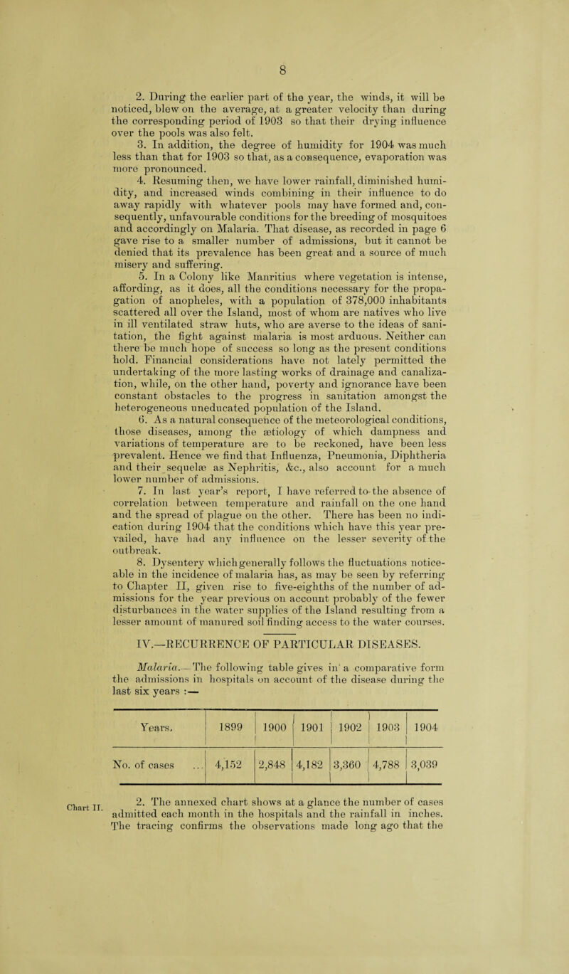 Chart IT. 2. During the earlier part of the year, the winds, it will be noticed, blew on the average, at a greater velocity than during the corresponding period of 1903 so that their drying influence over the pools was also felt. 3. In addition, the degree of humidity for 1904 was much less than that for 1903 so that, as a consequence, evaporation was more pronounced. 4. Resuming then, we have lower rainfall, diminished humi¬ dity, and increased winds combining in their influence to do away rapidly with whatever pools may have formed and, con¬ sequently, unfavourable conditions for the breeding of mosquitoes and accordingly on Malaria. That disease, as recorded in page 6 gave rise to a smaller number of admissions, but it cannot be denied that its prevalence has been great and a source of much misery and suffering. 5. In a Colony like Manritius where vegetation is intense, affording, as it does, all the conditions necessary for the propa¬ gation of anopheles, with a population of 378,000 inhabitants scattered all over the Island, most of whom are natives who live in ill ventilated straw huts, who are averse to the ideas of sani¬ tation, the fight against malaria is most arduous. Neither can there be much hope of success so long as the present conditions hold. Financial considerations have not lately permitted the undertaking of the more lasting works of drainage and canaliza¬ tion, while, on the other hand, poverty and ignorance have been constant obstacles to the progress in sanitation amongst the heterogeneous uneducated population of the Island. 6. As a natural consequence of the meteorological conditions, those diseases, among the aetiology of which dampness and variations of temperature are to be reckoned, have been less prevalent. Hence we find that Influenza, Pneumonia, Diphtheria and their sequelae as Nephritis, &c., also account for a much lower number of admissions. 7. In last year’s report, I have referred to the absence of correlation between temperature and rainfall on the one hand and the spread of plague on the other. There has been no indi¬ cation during 1904 that the conditions which have this year pre¬ vailed, have had any influence on the lesser severity of the outbreak. 8. Dysentery which generally follows the fluctuations notice¬ able in the incidence of malaria has, as may be seen by referring to Chapter II, given rise to five-eighths of the number of ad¬ missions for the year previous on account probably of the fewer disturbances in the water supplies of the Island resulting from a lesser amount of manured soil finding access to the water courses. IV.—RECURRENCE OF PARTICULAR DISEASES. Malaria.— The following table gives in' a comparative form the admissions in hospitals on account of the disease during the last six years : — Years. 1899 1900 r—I o 05 l—i 1902 1903 1904 No. of cases 4,152 2,848 4,182 3,360 4,788 3,039 2. The annexed chart shows at a glance the number of cases admitted each month in the hospitals and the rainfall in inches. The tracing confirms the observations made long ago that the