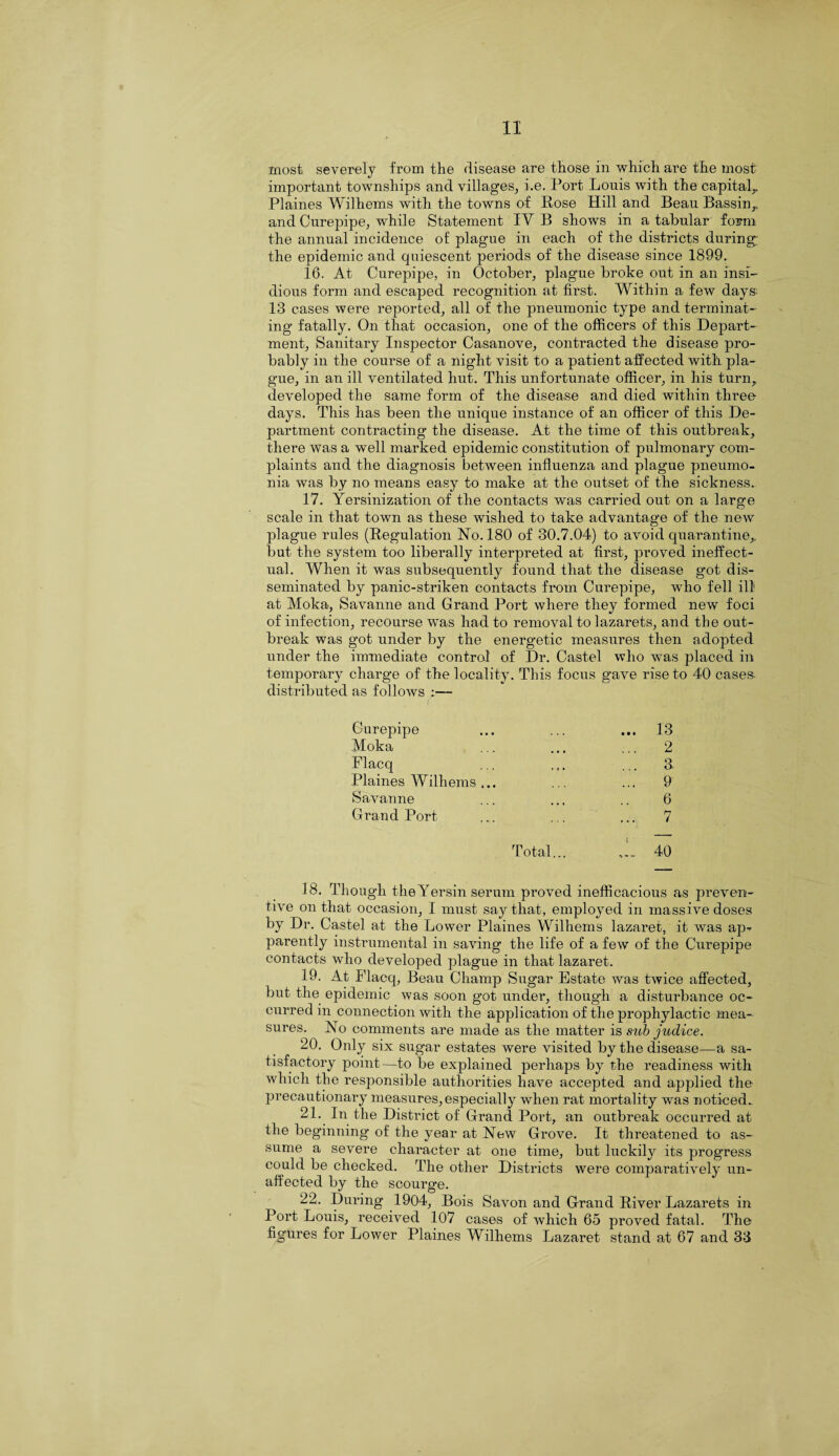 most severely from the disease are those in which are the most important townships and villages, i.e. Port Louis with the capital, Plaines Wilhems with the towns of Rose Hill and Beau Bassin, and Curepipe, while Statement IY B shows in a tabular form the annual incidence of plague in each of the districts during the epidemic and quiescent periods of the disease since 1899. 16. At Curepipe, in October, plague broke out in an insi¬ dious form and escaped recognition at first. Within a few days 13 eases were reported, all of the pneumonic type and terminat¬ ing fatally. On that occasion, one of the officers of this Depart¬ ment, Sanitary Inspector Casanove, contracted the disease pro¬ bably in the course of a night visit to a patient affected with pla¬ gue, in an ill ventilated hut. This unfortunate officer, in his turn, developed the same form of the disease and died within three days. This has been the unique instance of an officer of this De¬ partment contracting the disease. At the time of this outbreak, there was a well marked epidemic constitution of pulmonary com¬ plaints and the diagnosis between influenza and plague pneumo¬ nia was by no means easy to make at the outset of the sickness. 17. Yersinization of the contacts was carried out on a large scale in that town as these wished to take advantage of the new plague rules (Regulation Ho. 180 of 30.7.04) to avoid quarantine, but the system too liberally interpreted at first, proved ineffect¬ ual. When it was subsequently found that the disease got dis¬ seminated by panic-striken contacts from Curepipe, who fell ill at Moka, Savanne and Grand Port where they formed new foci of infection, recourse was had to removal to lazarets, and the out¬ break was got under by the energetic measures then adopted under the immediate control of Dr. Castel who was placed in temporary charge of the locality. This focus gave rise to 40 cases, distributed as follows ;— Curepipe ... ... ... 13 Moka ... ... ... 2 Flacq ... ... ... 3 Plaines Wilhems... ... ... 9 Savanne ... ... .. 6 Grand Port ... ... ... 7 Total... 40 18. Though the Yersin serum proved inefficacious as preven¬ tive on that occasion, I must say that, employed in massive doses by Dr. Castel at the Lower Plaines Wilhems lazaret, it was ap- parently instrumental in saving the life of a few of the Curepipe contacts who developed plague in that lazaret. 19. At Placq, Beau Champ Sugar Estate was twice affected, but the epidemic was soon got under, though a disturbance oc¬ curred in connection with the application of the prophylactic mea¬ sures. No comments are made as the matter is sub judice. 20. Only six sugar estates were visited by the disease—a sa¬ tisfactory point—to be explained perhaps by the readiness with which the responsible authorities have accepted and applied the precautionary measures, especially when rat mortality was noticed. 21. In the District of Grand Port, an outbreak occurred at the beginning of the year at New Grove. It threatened to as¬ sume a severe character at one time, but luckily its progress could be checked. The other Districts were comparatively un¬ affected by the scourge. 22. During 1904, Bois Savon and Grand River Lazarets in Port Louis, received 107 cases of which 65 proved fatal. The figures for Lower Plaines Wilhems Lazaret stand at 67 and 33