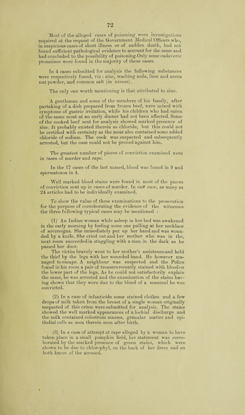 Most of tlie alleged cases of poisoning were investigations required at the request of the Government Medical Officers who, in suspicious cases of short illness or of sudden death, had not found sufficient pathological evidence to account for the same and had concluded to the possibility of poisoning.Only some cadaveric ptomaines were found in the majority of these cases. In 4 cases submitted for analysis the following substances were respectively found, viz : zinc, washing soda, lime and areca nut powder, and common salt (in excess). The only one worth mentioning is that attributed to zinc. A gentleman and some of the members of his family, after partaking of a dish prepared from frozen beef, were seized with symptoms of gastric irritation, while his children who had eaten of the same meat at an early dinner had not been affected. Some of the cooked beef sent for analysis showed marked presence of zinc. It probably existed therein as chloride, but this could not be certified with certainty as the meat also contained some added chloride of sodium. The cook was suspected and subsequently arrested, but the case could not be proved against him. The greatest number of pieces of conviction examined were in cases of murder and rape. In the 17 cases of the last named, blood was found in 9 and spermatozoa in 4. Well marked blood stains were found in most of the pieces of conviction sent up in cases of murder. In ong case, as many as 24 articles had to be individually examined. To show the value of these examinations to the prosecution for the purpose of corroborating the evidence of the witnesses the three following typical cases may be mentioned : (1) An Indian woman while asleep in her bed was awakened in rhe early morning by feeling some one pulling at her necklace of sovereigns. She immediately put up her hand and was woun¬ ded by a knife. She cried out and her mother w'ho was in the, next room succeededin stuggling with a man in the dark as he passed her door. The victim bravely went to her mother’s assistance and held the thief by the legs with her wounded hand. He however ma¬ naged to escape. A neighbour was suspected and the Police found in his room a pair of trousers recently stained with blood on the lower part of the legs. As he could not satisfactorily explain the same, he was arrested and the examination of the stains hav¬ ing shown that they were due to the blood of a mammal he was convicted. (2) In a case of infanticide some stained clothes and a few drops of milk taken from the breast of a single woman originally suspected of this crime were submitted for analysis. The stains showed the well marked appearances of a lochial discharge and the milk contained colostrum masses, granular matter and epi¬ thelial cells as seen therein soon after birth. (3) In a case of attempt at rape alleged by a woman to have taken place in a small pumpkin field, her statement was corro¬ borated by the marked presence of green stains, which were shown to be due to chlorophyl, on the back of her dress and on both knees of the accused.