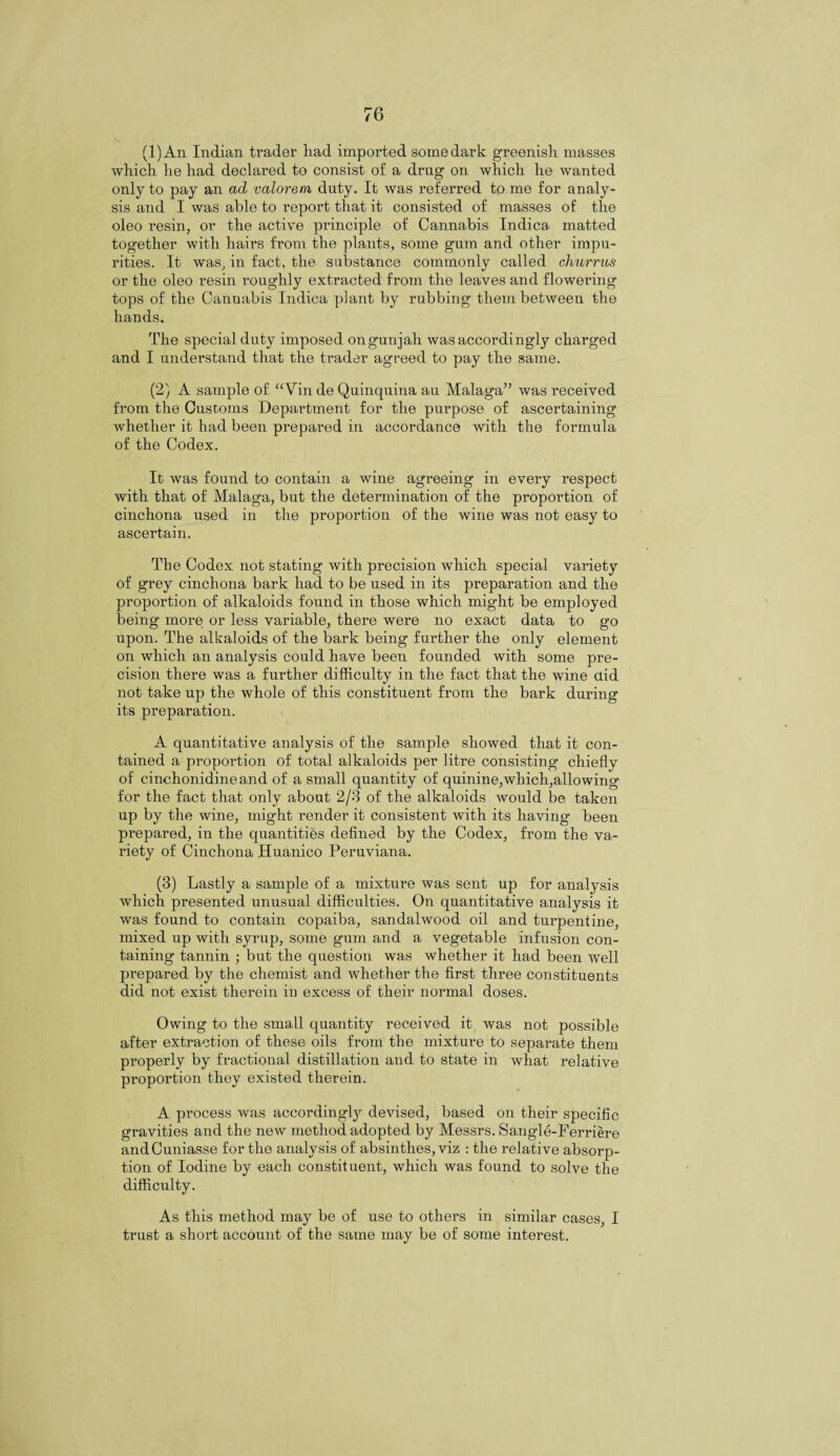 (l)An Indian trader had imported some dark greenish masses which lie had declared to consist of a drug on which he wanted only to pay an ad valorem duty. It was referred to me for analy¬ sis and I was able to report that it consisted of masses of the oleo resin, or the active principle of Cannabis Indica matted together with hairs from the plants, some gum and other impu¬ rities. It was, in fact, the substance commonly called churrus or the oleo resin roughly extracted from the leaves and flowering tops of the Cannabis Indica plant by rubbing them between the hands. The special duty imposed ongunjah was accordingly charged and I understand that the trader agreed to pay the same. (2) A sample of “Vin de Quinquina au Malaga” was received from the Customs Department for the purpose of ascertaining whether it had been prepared in accordance with the formula of the Codex. It was found to contain a wine agreeing in every respect with that of Malaga, but the determination of the proportion of cinchona used in the proportion of the wine was not easy to ascertain. The Codex not stating with precision which special variety of grey cinchona bark had to be used in its preparation and the proportion of alkaloids found in those which might be employed being more or less variable, there were no exact data to go upon. The alkaloids of the bark being further the only element on which an analysis could have been founded with some pre¬ cision there was a further difficulty in the fact that the wine aid not take up the whole of this constituent from the bark during its preparation. A quantitative analysis of the sample showed that it con¬ tained a proportion of total alkaloids per litre consisting chiefly of cinchonidineand of a small quantity of quinine,which,allowing for the fact that only about 2/3 of the alkaloids would be taken up by the wine, might render it consistent with its having been prepared, in the quantities defined by the Codex, from the va¬ riety of Cinchona Huanico Peruviana. (3) Lastly a sample of a mixture was sent up for analysis which presented unusual difficulties. On quantitative analysis it was found to contain copaiba, sandalwood oil and turpentine, mixed up with syrup, some gum and a vegetable infusion con¬ taining tannin ; but the question was whether it had been well prepared by the chemist and whether the first three constituents did not exist therein in excess of their normal doses. Owing to the small quantity received it was not possible after extraction of these oils from the mixture to separate them properly by fractional distillation and to state in what relative proportion they existed therein. A process was according^ devised, based on their specific gravities and the new method adopted by Messrs. Sangle-Ferriere andCuniasse for the analysis of absinthes, viz : the relative absorp¬ tion of Iodine by each constituent, which was found to solve the difficulty. As this method may be of use to others in similar cases, I trust a short account of the same may be of some interest.