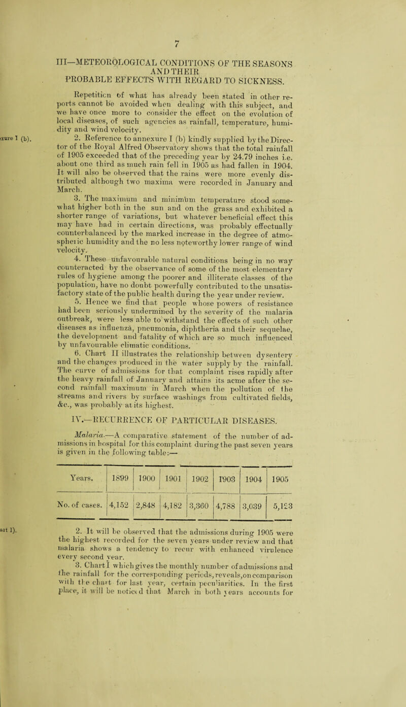 Ill—METEOROLOGICAL CONDITIONS OF THE SEASONS AND THEIR PROBABLE EFFECTS WITH REGARD TO SICKNESS. Repetition of what lias already been stated in other re¬ ports cannot be avoided when dealing with this subject, and we have once more to consider the effect on the evolution of local diseases, of such agencies as rainfall, temperature, humi¬ dity and wind velocity. 2. Reference to annexure I (b) kindly supplied by the Direc¬ tor of the Royal Alfred Observatory shows that the total rainfall of 1905 exceeded that of the preceding year by 24.79 inches i.e. about one third as much rain fell in 1905 as had fallen in 1904. It will also be observed that the rains were more evenly dis¬ tributed although two maxima were recorded in January and March. 3. The maximum and minimum temperature stood some¬ what higher both in the sun and on the grass and exhibited a shorter range of variations, but whatever beneficial effect this may have had in certain directions, was probably effectually counterbalanced by the marked increase in the degree of atmo¬ spheric humidity and the no less upteworthy lower range of wind velocity. 4. 3 hese unfavourable natural conditions being in no way counteracted by the observance of some of the most elementary rules of hygiene among the poorer and illiterate classes of the population, have no doubt powerfully contributed to the unsatis¬ factory state of the public health during the year under review. 5. Hence we find that people whose powers of resistance had been seriously undermined by the severity of the malaria outbreak, were less able to withstand the effects of such other diseases as influenza, pneumonia., diphtheria and their sequelae, the development and fatality of which are so much influenced by unfavourable climatic conditions. 6. Chart II illustrates the relationship between dysentery and the changes produced in the water supply by the rainfall. '1 he curve of admissions for that complaint rises rapidly after the heavy rainfall of January and attains its acme after the se¬ cond rainfall maximum in March when the pollution of the streams and rivers by surface washings from cultivated fields, &c., was probably at its highest. IV.—RECURRENCE OF PARTICULAR DISEASES. Malaria.—A comparative statement of the number of ad¬ missions in hospital for this complaint during the past seven years is given in the .following table:— Years. 1899 1900 1901 1902 1903 1904 1905 No. of cases. 4,152 2,848 4,182 3,360 4,788 3,039 5,123 2. It will be observed that the admissions during 1905 were the highest recorded for the seven years under review and that malaria shows a tendency to recur with enhanced virulence every second year. 3. Chart! which gives the monthly number of admissions and the rainfall for the corresponding periods, reveals,on comparison with the chart for last year, certain peculiarities. In the first place, it will be notice d that March in both y ears accounts for