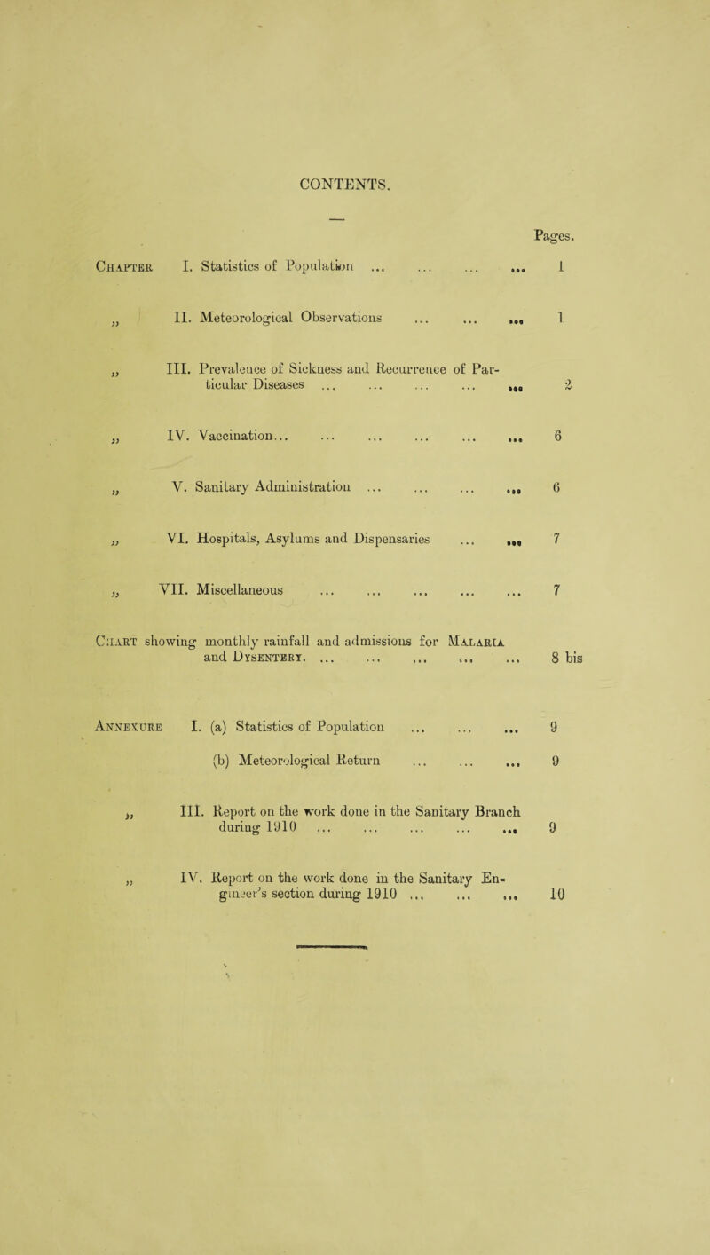 CONTENTS. Pages. Chapter I. Statistics of Population II. Meteorological Observations III. Prevalence of Sickness and Recurrence of Par¬ ticular Diseases IV. Vaccination... V. Sanitary Administration VI. Hospitals, Asylums and Dispensaries VII. Miscellaneous Chart showing monthly rainfall and admissions for Malaria and Dysentery. . »•! • •• 0 99 Mt « • « 1 1 6 6 7 7 8 bis Annexure I. (a) Statistics of Population ... ... 9 (b) Meteorological Return ... ... ... 9 III. Report on the work done in the Sanitary Branch during 1910 ... ... ... ... 9 IV. Report on the work done in the Sanitary En¬ gineer’s section during 1910 ... ... ,,, 10