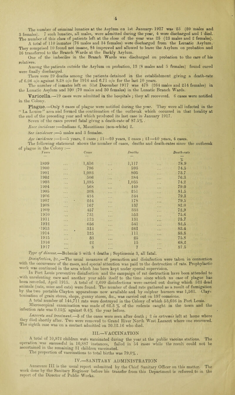 The number of criminal lunatics at the Asylum on 1st January 1917 was 23 (20 males and 3 females). 7 such lunatics, all males, were admitted during the year, 4 were discharged and 1 died. The number of this class of patients left at the close of the year was 25 (23 males and 2 females). A total of 110 inmates (76 males and 34 females) were discharged from the Lunatic Asylum. They comprised 10 found not insane, 84 improved and allowed to leave the Asylum on probation and 16 transferred to the Branch Wards at the Barkly Asylum. One of the imbeciles in the Branch Wrards was discharged on probation to the care of his relatives. Among the patients outside the Asylum on probation, 13 (8 males and 5 females) found cured were finally discharged. There were 29 deaths among the patients detained in the establishment giving a death-rate of 6.06 o/o against 8.28 o/o for 1916 and 6.71 o/o for the last 10 years. The number of inmates left on 31st December 1917 was 478 (264 males and 214 females) in the Lunatic Asylum and 100 (70 males and 30 females) in the Lunatic Branch Wards. Varicella.—19 cases were admitted in the hospitals ; they all recovered. 6 cases were notified in the Colony. Plague.—Only 8 cases of plague were notified during the year. They were all infected in the “ La Louise ” area and formed the continuation of the outbreak which occurred in that locality at the end of the preceding year and which produced its last case in January 1917. Seven of the cases proved fatal givng a death-rate of 87.5% . Race incidence :—Indians 6, Mauritians (non-white) 2. Sex incidence :—5 males and 3 females. Age incidence :—1—5 years, 2 cases ; 11—20 years, 2 cases ; 21—40 years, 4 eases. The following statement shows the number of cases, deaths and death-rates since the outbreak of plague in the Colony :— Years Cases Deaths Death-rate % 1899 1,416 1,117 78.9 1900 796 593 74.5 1901 1,093 805 73.7 1902 506 384 76.3 1903 1,395 1,035 74.2 1904 568 449 79.0 1905 308 251 81.5 1906 434 344 79.3 1907 ... • 224 178 79.5 1908 167 137 82.0 1909 457 333 72.9 1910 731 553 75.6 1911 173 131 75.7 1912 656 541 82.5 ‘1913 313 261 83.4 1914 125 111 88.8 1915 33 25 75.8 1916 22 15 68.2 1917 8 7 87.5 Type of disease.—Bubonic 5 with 4 deaths ; Septicemic 3, all fatal. Disinfection, Sfc,,—The usual measures of precaution and disinfection were taken in connection with the occurrence of the cases, and special attention was paid to the destruction of rats. Prophylactic work was continued in the area which has been kept under special supervision. In Port Louis preventive disinfection and the campaign of rat destruction have been attended to with unrelenting care and another year adds itself to the time since which no case of plague has been recorded, April 1915. A total of 2,699 disinfections were carried out during which 523 dead animals (rats, mice and cats) were found. The number of dead rats gathered as a result of fumigation by the two portable Clayton apparatuses now' available and by sulphur burners was 1,561. Clay- tomsation of grain stores, shops, gunny stores, &c., was carried out on 197 occasions. A total number of 144,711 rats were destroyed in the Colony of which 53,626 in Port Louis. Microscopical examination was made of 62.3 % of the rodents caught in the town and the infection rate was 0.15% against 0.4% the year before. Lazarets and treatment.—3 of the cases were seen after death ; 2 in extremis left at home where they died shortly after. Two were removed to Grand River North West Lazaret where one recovered. The eighth case was on a contact admitted on 30.12.16 who died. III.—VACCINATION A total of 10,972 children were vaccinated during the year at the public vaccine stations. The operation was successful in 10,887 instances, failed in 54 cases while the result could not be ascertained in the remaining 31 children vaccinated. The proportion of vaccinations to total births was 79.0% . IV.—SANITARY ADMINISTRATION Annexure III is the usual report submitted by the Chief Sanitary Officer on this matter. The work done by the Sanitary Engineer before his transfer from this Department is referred to in the report of the Director of Public Works.