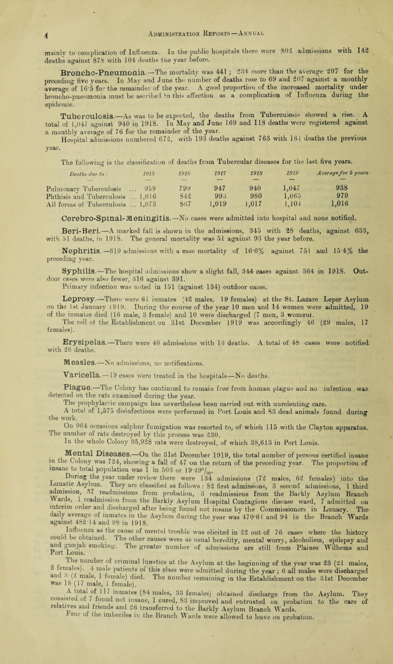 mainly to complication of Influeuza. In the public hospitals there were 802 ail missions with 142 deaths against 878 with 104 deaths the year before. Bronch.0-Pneum.OQ.ia.—The mortality was 441 ; 234 more than the average 207 for the preceding five years. In May and June the number of deaths rose to b9 and 207 against a monthly average of 16’5 for the remainder of the year. A good proportion of the increased mortality under broncho-pneumonia must be ascribed *o this affection as a complication of Influenza during the epidemic. Tuberculosis.—As was to be expected, the deaths from Tuberculosis showed a rise. A total of 1,047 against 940 in 1918. Iu May and June 169 and 118 deaths were registered against a monthly average of 76 for the remainder of the year. Hospital admissions numbered 672, with 193 deaths against 763 with 161 deaths the previous year. The following is the classification of deaths from Tubercular diseases for the last five years. Deaths due to : 1915 1916 1917 1918 1919 Average for 5 years Pulmonary Tuberculosis .. 959 799 947 940 1,047 938 Phthisis and Tuberculosis . .. 1,016 842 993 980 1,065 979 All forms of Tuberculosis . .. 1,073 807 1,019 1,017 1,101 1,016 Cerebro-Spinal-Meningitis.—No cases were admitted into hospital and none notified. Beri-Beri.—A marked fall is shown ill the admissions, 345 with 28 deaths, against 633, with 51 deaths, in 1918. The general mortality was 51 against 93 the year before. Nephritis.—619 admissions with a ease mortality of 16'6% against 751 and 15 4% the preceding year. Syphilis.—The hospital admissions show a slight fall, 344 cases against 364 in 1918. Out¬ door cases were also fewer, 316 against. 391. Primary infection was noted in 151 (against 134) outdoor cases. Leprosy.—There were 61 inmates (42 males, 19 females) at the St. Lazare Leper Asylum on the 1st January 1919. During the course of the year 10 men and 14 women were admitted, 19 of the inmates died (16 male, 3 female) and 10 were discharged (7 men, 3 womens. The roll ot the Establishment on 31st December 1919 was accordingly 46 (29 males, 17 females). Erysipelas.—There were 40 admissions with 13 deaths. A total of 48 cases were notified with 26 deaths. Measles.—No admissions, no notifications. Varicella.—19 cases were treated in the hospitals—No deaths. Plague.—The Colony has continued to remain free from human plague and no infection was detected on the rats examined during the year. The prophylactic campaign has nevertheless been carried out with unrelenting care. A total of 1,575 disinfections were performed in Port Louis and 83 dead animals found during the work. r On 964 occasions sulphur fumigation was resorted to, of which 115 with the Clayton apparatus. The number of rats destroyed by this process was 230. In the whole Colony 95,928 rats were destroyed, of which 38,613 in Port Louis. Mental Diseases.—On the 31st December 1919, the total number of persons certified insane in the Colony was 724, showing a fall of 47 on the return of the preceding year. The proportion of insane to total population was 1 in 503 or 19‘49°/00. During the year under review there were 134 admissions (72 males, 62 females) into the Lunatic Asylum. They are classified as follows : 82 first admissions, 3 second admissions, 1 third adm-Km; 37 readmissions from probation, 3 readmissions from the Barkly Asylum Branch Wards, 1 readmission from the Barkly Asylum Hospital Contagious disease ward, 7 admitted on intenm order and discharged after being found not insane by the Commissioners in Lunacy. Tim daily average of inmates in the Asylum during the year was 470*6 1 and 94 in the Branch Wards against 482-14 and 98 in 1918. Influenza as the^cause of mental trouble was elicited in 22 out of 76 cases where the history cou i be obtaiued. ihe other causes were as usual heredity, mental worry, alcoholism, epilepsy and and gunjah smoking. The greater number of admissions are still from Plaines Wilhems and Port Louis. i r ^i'6 !Uimber cr'™^na' lunatics at the Asylum at the beginning of the year was 23 (21 males, etna es). 4 male patients of this class were admitted during the year; 6 all males were discharged am (2 mate, 1 female) died. The number remaining in the Establishment on the 31st December was 18 (17 male, 1 female). A total of J 17 inmates (84 males, 33 females) obtained discharge from the Asylum. They eonsiste o 7 found not insane, 1 cured, 83 improved and entrusted on probation to the care of relatives and friends and 26 transferred to the Barkly Asylum Branch Wards. oui o t le imbeciles in the Branch Wards were allowed to leave on probation.