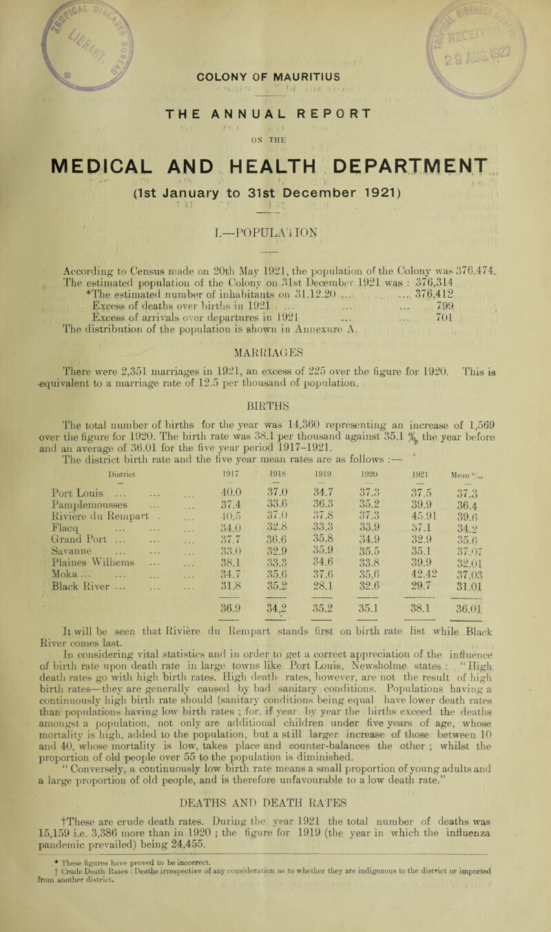 ^frnarrr^ \ ■ N,hi , s/ u ^ THE ANNUAL REPORT I * .i rii , ci - i, ON THE * v t ' MEDICAL AND HEALTH DEPARTMENT  'Jv* \A? > ** r' h y , ^ (1st January to 31st December 1921) H | * u r/ _i .y: I.—POPULA1 ION According to Census made on 20th May 1921, the population of the Colony was 376,474. The estimated population of the Colony on 31st December 1921 was : 376,314 *The estimated number of inhabitants on 31.12.20 ... ... 376,412 Excess of deaths over births in 1921 ... ... ... 799 Excess of arrivals over departures in 1921 ... ... 701 The distribution of the population is shown in Annexure A. MARRIAGES There were 2,351 marriages in 1921, an excess of 225 over the figure for 1920. This is equivalent to a marriage rate of 12.5 per thousand of population. BIRTHS The total number of births for the year was 14,360 representing an increase of 1,569 over the figure for 1920. The birth rate was 38.1 per thousand against 35.1 %o the year before and an average of 36.01 for the live year period 1917-1921. The district birth rate and the live year mean rates are as follows :— District 1917 1918 1919 1920 1921 Mean °\a„ Port Louis ... 40.0 37.0 34.7 o n «r> O / .O 37.5 37.3 Pamplemousses Riviere du Rempart . 37.4 33.6 36.3 on o «jO ,Lj 39.9 36.4 40.5 37.0 37.8 on o oi .o 45.91 39.6 Flacq 34.0 32.8 oo *> 00.0 33.9 37.1 34.2 Grand Port ... 37.7 36.6 35.8 34.9 32.9 35.6 Savanne 33.0 32.9 35.9 35.5 35.1 37.07 Plaines W ilhems 38.1 33.3 34.6 33.8 39.9 32.01 Moka ... ... ... 34.7 35.6 37.6 35,6 42.42 37.03 Black River ... 31.8 35.2 28.1 32.6 29.7 31.01 36.9 34,2 35.2 35.1 38.1 36.01 It will be seen that Riviere du Rempart stands first on birth rate list while Black River comes last. In considering vital statistics and in order to get a correct appreciation of the influence of birth rate upon death rate in large towns like Port Louis, Newsholme states: . “High death rates go with high birth rates. High death rates, however, are not the result of high birth rates—they are generally caused by bad sanitary conditions. Populations having a continuously high birth rate should (sanitary conditions being equal have lower death rates than populations having low birth rates ; for, if year by year the births exceed the deaths amongst a population, not only are additional children under five years of age, whose mortality is high, added to the population, but a still larger increase of those between 10 and 40, whose mortality is low, takes place and counter-balances the other ; whilst the proportion of old people over 55 to the population is diminished. “ Conversely, a continuously low birth rate means a small proportion of young adults and a large proportion of old people, and is therefore unfavourable to a low death rate.” DEATHS AND DEATH RATES tThese are crude death rates. During the year 1921 the total number of deaths was 15,159 i.e. 3,386 more than in 1920 • the figure for 1919 (the year in which the influenza pandemic prevailed) being 24,455. * These figures have proved to be incorrect. j- Crude Death Rates : Deaths irrespective of any consideration as to whether they are indigenous to the district or imported from another district.