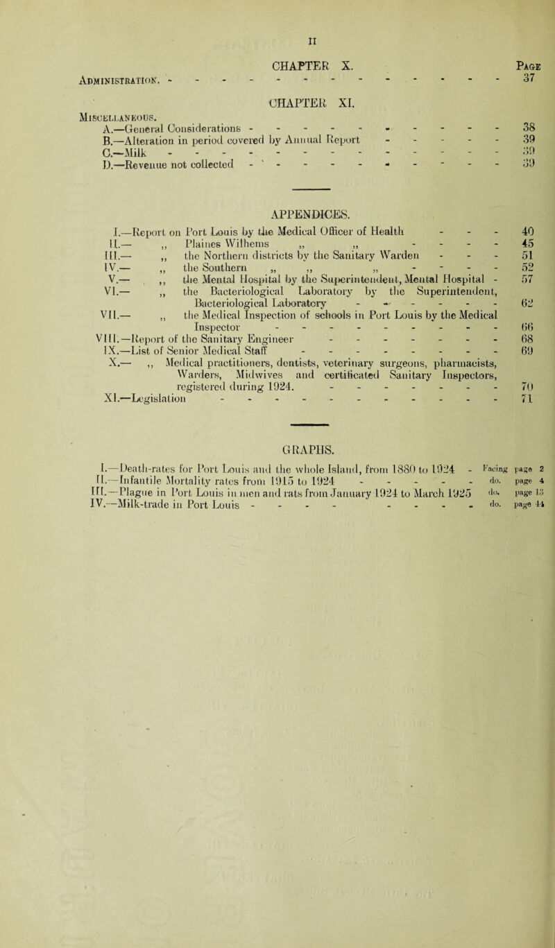 CHAPTER X. Page Administration.......,--37 CHAPTER XI, Miscellaneous. A. —General Considerations.-----38 B. —Alteration in period covered Ijy Annual Report ----- 39 C. —Milk - .39 D. —Revenue not collected - - - - - - ~ - - 39 APPENDICES. I. —Report on Port Louis by tire Medical Officer of Health 40 II. — ,, Plaines Wilhems „ „ 45 III. — ,, the Northern districts by the Sanitary Warden 51 IV. — ,, the Southern „ ,, „ - 52 V. — ,, the Mental Hospital by the Superintendent, Mental Hospital - 57 VI. — ,, the Bacteriological Laboratory by the Superintendent, Bacteriological Laboratory ------ 62 VII. — ,, the Medical Inspection of schools in Port Louis by the Medical Inspector --------- 156 VIII. —Report of the Sanitary Engineer ------- 68 IX.—List of Senior Medical Staff - -- -- -- -69 X.— ,, Medical practitioners, dentists, veterinary surgeons, pharmacists, Warders, Midwives and certificated Sanitary Inspectors, registered during 1924. ------- 70 XI.—Legislation.- - - - - 71 GRAPHS. I. —Death-rates for Port Louis and the whole Island, from 1880 to 1924 - Facing page 2 II. —Infantile Mortality rates from 1915 to 1924 do. page 4 HI.—Plague in Port Louis in men and rats from January 1924 to March 1925 do. page i:j IV.—Milk-trade in Port Louis - ...... do. page 44